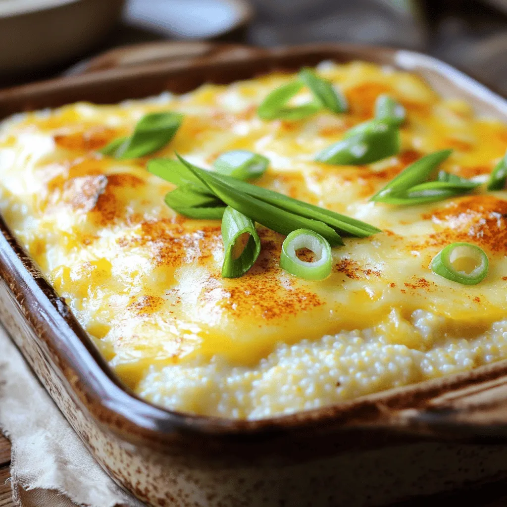 - 1 cup stone-ground grits - 4 cups chicken or vegetable broth - 1 cup shredded Gouda cheese - 1 cup milk - 1/2 cup heavy cream - 1/2 teaspoon smoked paprika - 1/4 teaspoon cayenne pepper - 1/2 teaspoon garlic powder - 1/2 teaspoon salt - 1/4 teaspoon black pepper - 2 tablespoons unsalted butter - 2 green onions, sliced Baked Gouda cheese grits are a warm and creamy dish. Each ingredient plays a key role. The stone-ground grits offer a rich texture. Using chicken or vegetable broth adds depth. Gouda cheese brings a distinct flavor that melts beautifully. Milk and heavy cream give the dish its creaminess. The seasonings add warmth and spice. Smoked paprika gives a hint of sweetness. Cayenne pepper adds a little heat. Garlic powder boosts the taste, while salt and black pepper enhance all these flavors. For garnishes, unsalted butter adds richness. Sliced green onions provide a fresh touch. This combination makes the dish visually appealing and tasty. You can find the full recipe above for all the details on how to bring this delightful meal to your table. - Preheat the oven to 350°F (175°C). - Grease a medium-sized baking dish with butter or oil. - In a large saucepan, bring your chicken or vegetable broth to a boil. - Slowly whisk in the stone-ground grits. - Reduce the heat to low and stir continuously. - Keep stirring for 5-7 minutes until the grits thicken. - Once thickened, remove the pan from heat. - Stir in the unsalted butter until it melts. - Add the milk, heavy cream, and shredded Gouda cheese. - Mix in smoked paprika, cayenne pepper, garlic powder, salt, and black pepper. - Transfer the creamy mixture into your greased baking dish. - Smooth the top with a spatula for even cooking. - Place the dish in the preheated oven. - Bake for 30-35 minutes until it turns golden brown and bubbly. - After baking, let it cool for a few minutes. - Garnish with sliced green onions before serving. Follow these steps, and you’ll enjoy a warm, cheesy dish that feels like a hug! For all the details, check out the Full Recipe. - Use stone-ground grits for the best texture. They have a rich, nutty flavor. - Stir continuously to prevent lumps. This keeps your grits smooth and creamy. - Adjust milk and cream for desired creaminess. More dairy gives a richer taste. - Monitor baking time for the perfect golden crust. Keep an eye on it during the last few minutes. - Experiment with additional cheeses or spices. Try adding sharp cheddar or Italian herbs for a twist. - Consider adding sautéed vegetables for extra flavor. Onions, bell peppers, or spinach work well. Baked Gouda cheese grits are versatile. You can mix and match flavors to make them your own. For the full recipe, check out the section above! {{image_2}} You can make Baked Gouda Cheese Grits even better with different cheeses. Try using sharp cheddar for a tangy taste. Pepper jack adds a nice kick too. For a creamier texture, blend in some cream cheese. This adds richness and makes the dish even more comforting. Want to change the flavor? Add fresh herbs like thyme or rosemary. They add a nice aroma. If you like heat, throw in some diced jalapeños or chili flakes. A little spice can bring the dish to life and make it exciting. Looking for more substance? Mix in cooked bacon or sausage. This makes it hearty and filling. For a southern twist, top your grits with shrimp. The seafood pairs well with the creamy cheese and grits. For the full recipe and to explore more, check the [Full Recipe]. Store any leftovers in an airtight container. They will stay fresh for up to 3 days. I always let them cool before sealing. This helps keep the texture nice. You can freeze baked gouda cheese grits for up to 2 months. Just make sure they are in a freezer-safe container. When ready to enjoy, thaw in the fridge overnight before reheating. To reheat, you have two great options. For a crispy top, place them in the oven at 350°F. Bake until warmed through, about 15-20 minutes. If you need a quick option, use the microwave. Heat in short bursts, stirring in between, until hot. Yes, prepare the dish in advance and refrigerate before baking. This saves time and helps flavors blend. When you're ready, just pop it in the oven. It will still taste fresh and delicious. These grits shine as a side dish with chicken or seafood. You can also enjoy them as a main dish. Add toppings like sautéed shrimp or fresh herbs for extra flair. To make the grits creamier, increase the milk and cream. Another tip is to add more cheese right before baking. This will give you that rich, smooth texture you crave. This blog post shared a simple recipe for baked Gouda cheese grits. We covered the key ingredients, from stone-ground grits to seasonings and garnishes. You learned step-by-step instructions, plus tips for perfecting your dish. Variations let you customize flavors and add protein. Remember, leftovers store well in the fridge or freezer. Enjoy experimenting with this dish and serve it proudly. Baked Gouda cheese grits can bring warmth and comfort to your meals.