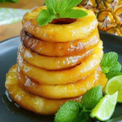 - 1 ripe pineapple, peeled and sliced into thick rings - 1/4 cup honey - 1 tablespoon coconut oil, melted - 1 teaspoon cinnamon - 1/2 teaspoon vanilla extract - Pinch of sea salt - Fresh mint leaves, for garnish - Lime wedges, for serving For this delightful treat, you need simple, fresh ingredients. Start with a ripe pineapple. It should smell sweet and feel slightly soft. This means it is ready to eat. The honey adds a rich sweetness, while coconut oil helps the glaze stick. Cinnamon and vanilla give your dish warmth and depth. The pinch of sea salt enhances the sweetness. Fresh mint leaves add a lovely touch. They make your dish pop with color and flavor. Lime wedges serve as a bright side. The tanginess of lime cuts through the sweetness of the roasted pineapple, making it a balanced dish. You can find the full recipe in the article above. - Preheat your oven to 425°F (220°C). - Line a baking sheet with parchment paper. - In a small bowl, mix together: - 1/4 cup honey - 1 tablespoon melted coconut oil - 1 teaspoon cinnamon - 1/2 teaspoon vanilla extract - Pinch of sea salt - Stir until the mix is smooth and well blended. - Lay the pineapple rings on the baking sheet. - Use a pastry brush to coat each ring with the honey glaze. - Roast the pineapple for about 20 minutes. - Flip the rings halfway through to get even browning. - Look for a golden brown color and slight charring on the edges. For the full recipe, check out the details above. Enjoy your delightful treat! To get that lovely golden color, flip the rings halfway through roasting. This helps both sides cook evenly. Keep a close eye on them to avoid burning. Pineapple can go from perfect to charred very quickly! You can experiment with spices to make the flavor pop. Try adding nutmeg or ginger for a twist. Let the glaze cool a bit before applying. This helps it stick better to the pineapple. For a stunning look, stack the rings in a pyramid. Drizzle any leftover glaze on top to make it shine. Add fresh mint leaves for color and freshness. A sprig of mint brightens the plate and makes it feel special. {{image_2}} You can make your roasted pineapple even sweeter. Adding brown sugar gives a nice crunch. It caramelizes well and enhances the flavor. Another option is to swap honey with maple syrup. Maple syrup adds a unique taste. It works great with the pineapple, making it a fun twist. If you crave some heat, add chili flakes. They give a spicy kick that pairs well with sweet pineapple. You can also serve your pineapple with feta cheese. The salty cheese balances the sweet fruit. This combination brings out new flavors and textures. You don’t have to use the oven. Grilling the pineapple gives it a smoky flavor. The grill marks also add a nice touch. A stovetop skillet is another option. It cooks quickly and can add a nice char. Experimenting with these methods can lead to exciting results. Store leftovers in an airtight container in the fridge. This keeps the roasted pineapple fresh for up to three days. It’s best to let it cool before sealing. If you want to keep the flavors strong, add a layer of plastic wrap before closing the lid. To freeze roasted pineapple, let it cool completely. Cut it into smaller pieces if you prefer. Place the pieces in a single layer on a baking sheet and freeze for about two hours. Once frozen, transfer the pieces to a freezer bag. This way, they won’t stick together. You can enjoy them for up to three months. Reheat the pineapple in an oven for the best results. Preheat your oven to 350°F (175°C). Place the pineapple on a baking sheet and cover it with foil. Heat for about 10 minutes. This method helps keep the texture nice. You can also use a microwave, but the texture might change. Heat in short bursts of 30 seconds, checking often. You can use canned pineapple, but fresh is better. Fresh pineapple tastes bright and sweet. It has a firm texture that holds up well when roasted. Canned pineapple is softer and can lose its shape. It also has added syrup, which can make the dish too sweet. For the best flavor, stick with fresh pineapple. Look for a golden brown color on the edges. The pineapple should look slightly charred but not burnt. When it is soft to the touch, it is ready. The glaze will bubble and caramelize, adding a lovely shine. If you see these signs, your pineapple is perfectly roasted. Roasted pineapple goes well with many dishes. Serve it with grilled meats like chicken or pork for a tasty contrast. You can add it to salads for a sweet twist. It also pairs well with yogurt or ice cream for a quick dessert. Try it as a topping on pancakes or waffles for a fun breakfast idea. Roasting pineapple is simple and fun. You learned about the main ingredients, from pineapple to honey glaze. The step-by-step instructions make cooking easy. I shared tips for perfect caramelization and ways to add unique flavors. You can even experiment with different cooking methods. Enjoy your tasty roasted pineapple now, and remember, it’s great to share! This treat can fit into various meals and occasions. Get creative with garnishes and storage tips, too. Happy cooking and tasting!