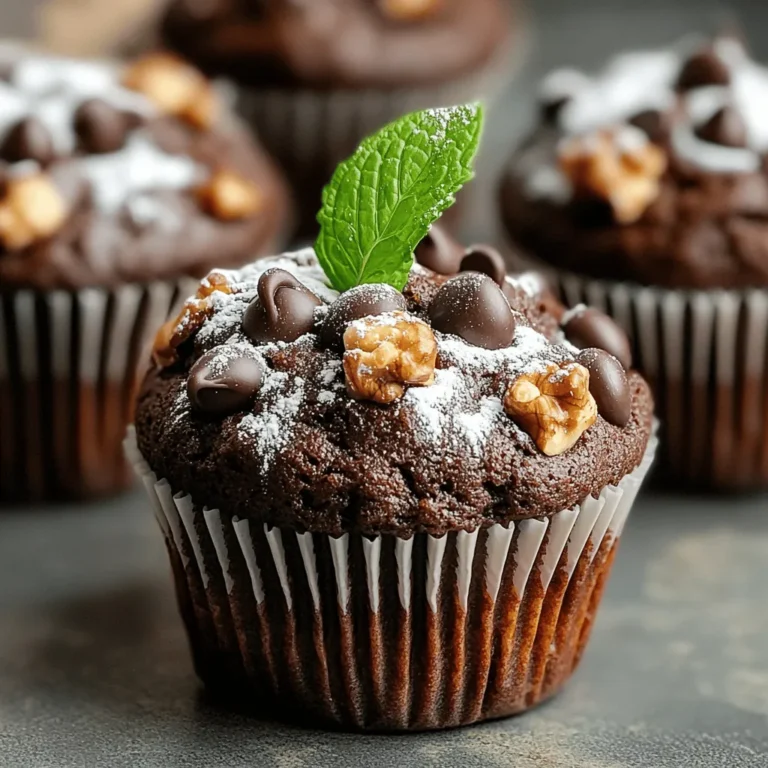 To make tasty chocolate muffins, gather these essential ingredients: - 1 ½ cups all-purpose flour - 1 cup granulated sugar - ½ cup unsweetened cocoa powder - 1 teaspoon baking soda - ½ teaspoon baking powder - ½ teaspoon salt - 2 large eggs - ½ cup vegetable oil - 1 teaspoon vanilla extract - 1 cup buttermilk (or milk + 1 tablespoon lemon juice) - 1 cup chocolate chips - ½ cup chopped walnuts (optional) These ingredients create a rich, moist, and fluffy muffin. The cocoa powder gives that deep chocolate flavor, while the buttermilk adds moisture. You will need a few basic tools to bake these muffins: - Muffin tin - Paper muffin liners or cooking spray - Mixing bowls - Whisk - Measuring cups and spoons - Rubber spatula Using the right tools helps you mix and bake with ease. Remember to preheat your oven to 350°F (175°C) before you start mixing. If you need gluten-free muffins, swap the all-purpose flour for a gluten-free blend. This works well and keeps the muffins tasty. For a vegan option, replace the eggs with flax eggs. Just mix 1 tablespoon of ground flaxseed with 2.5 tablespoons of water for each egg. You can also use plant-based milk in place of buttermilk. These swaps ensure that everyone can enjoy a chocolate muffin. For the full recipe, check out the Choco Delight Muffins. Start by preheating your oven to 350°F (175°C). While it heats, grab a muffin tin. Line it with paper liners or spray it with cooking spray. This step keeps the muffins from sticking. In a large mixing bowl, add the following dry ingredients: - 1 ½ cups all-purpose flour - 1 cup granulated sugar - ½ cup unsweetened cocoa powder - 1 teaspoon baking soda - ½ teaspoon baking powder - ½ teaspoon salt Whisk these together until they blend well. This mix is the base for your muffins. In another bowl, whisk together these wet ingredients: - 2 large eggs - ½ cup vegetable oil - 1 teaspoon vanilla extract - 1 cup buttermilk (or milk with 1 tablespoon lemon juice) Make sure the mixture is smooth. This will add moisture and flavor to your muffins. Pour the wet mixture into the dry ingredients. Mix gently until just combined. Be careful not to overmix; lumps are okay. Fold in: - 1 cup chocolate chips - ½ cup chopped walnuts (optional) This adds a rich chocolate flavor and crunch. Divide the batter evenly in the muffin cups, filling each about ¾ full. Bake in your preheated oven for 18-20 minutes. To check if they are done, insert a toothpick in the center. If it comes out clean, they are ready. Let them cool in the tin for 5 minutes, then move them to a wire rack. Enjoy your fresh Choco Delight Muffins! To make soft and fluffy muffins, avoid overmixing your batter. Mix just until the dry ingredients are wet. This keeps air in the batter and helps muffins rise. Use room temperature ingredients, especially eggs and buttermilk. This helps them blend well. Adding chocolate chips or nuts last ensures they spread evenly. One big mistake is not measuring ingredients correctly. Use measuring cups for dry items and liquid measuring cups for wet items. Another error is baking muffins at the wrong temperature. Always preheat your oven to 350°F (175°C). This step is key for even baking. Lastly, don’t skip the cooling time. Letting them cool in the tin helps them set. To stop muffins from sticking, use liners in your muffin tin. If you prefer not to use liners, grease the tin well. Spray it with cooking spray or brush it with oil. You can also use parchment paper for easy removal. Allow muffins to cool for five minutes before taking them out. This makes it easier to lift them out without breaking. For the full recipe, check out the Choco Delight Muffins. {{image_2}} You can add different flavors to your chocolate muffins. Try nuts like walnuts or pecans. They give a nice crunch and flavor. You can also add fruits, such as bananas or raspberries. They add moisture and sweetness. For a spicy kick, try cinnamon or a hint of chili powder. These changes will make your muffins unique. If you love chocolate, go for double chocolate muffins. Just add more chocolate chips to the batter. You can also use dark chocolate instead of regular chocolate. Dark chocolate gives a rich taste. These variations are perfect for chocolate lovers. Check out the Full Recipe for those who want to dive deeper. During fall, pumpkin spice chocolate muffins are a hit. Mix pumpkin puree into the batter. Add spices like nutmeg and cinnamon for warmth. This twist makes your muffins cozy and festive. It’s a fun way to enjoy chocolate during the holidays. After baking your chocolate muffins, let them cool down. Once they are cool, you can store them in an airtight container. This keeps them fresh and moist. You can also use plastic wrap if you don’t have a container. Store them at room temperature for up to three days. For longer storage, move them to the fridge. They will stay fresh for about a week in the fridge. Freezing is a great way to keep your muffins longer. First, let the muffins cool completely. Next, wrap each muffin tightly in plastic wrap. You can also use freezer bags. Be sure to remove as much air as possible. Label the bags with the date. Muffins can stay in the freezer for up to three months. When you want to eat one, just take it out and let it thaw. To enjoy your muffins again, you can reheat them easily. If you use a microwave, heat each muffin for about 15 to 20 seconds. If you prefer the oven, preheat it to 350°F (175°C). Place the muffins on a baking sheet and warm them for about 5 to 10 minutes. This makes the chocolate melt a little, giving you that fresh-baked taste again. For the full recipe, check out the Choco Delight Muffins. Homemade chocolate muffins last about 2 to 3 days at room temperature. Store them in an airtight container. If you want them to last longer, you can freeze them. They stay fresh for up to 3 months in the freezer. Just thaw them overnight in the fridge when you're ready to eat. Yes, you can make these muffins without eggs. Use ¼ cup of unsweetened applesauce or mashed bananas for each egg. These substitutes keep the muffins moist and add a hint of flavor. You can also use flaxseed meal mixed with water. Combine 1 tablespoon of flaxseed meal with 2.5 tablespoons of water for each egg. To boost the chocolate flavor, you can add extra cocoa powder or chocolate chips. Try using dark chocolate chips for a richer taste. You can also mix in a teaspoon of espresso powder. This small addition brings out the chocolate flavor without making the muffins taste like coffee. To check if your muffins are fully baked, insert a toothpick into the center of one muffin. If it comes out clean or with a few moist crumbs, your muffins are done. If the toothpick has wet batter on it, bake for a few more minutes. Keep a close eye to avoid overbaking. You can find the full recipe for Choco Delight Muffins in the earlier section. It includes all the ingredients and steps you need to create these tasty treats. Enjoy baking! You learned about all the key steps to make tasty chocolate muffins. We covered essential ingredients, tools, and fun variations. You now know how to prep, mix, and bake with confidence. Remember the tips to avoid common mistakes for perfect texture. Store them well to keep them fresh. Enjoy making your muffins with your favorite flavors! With this guide, you are set to impress anyone who bites into your delicious creations. Happy baking!