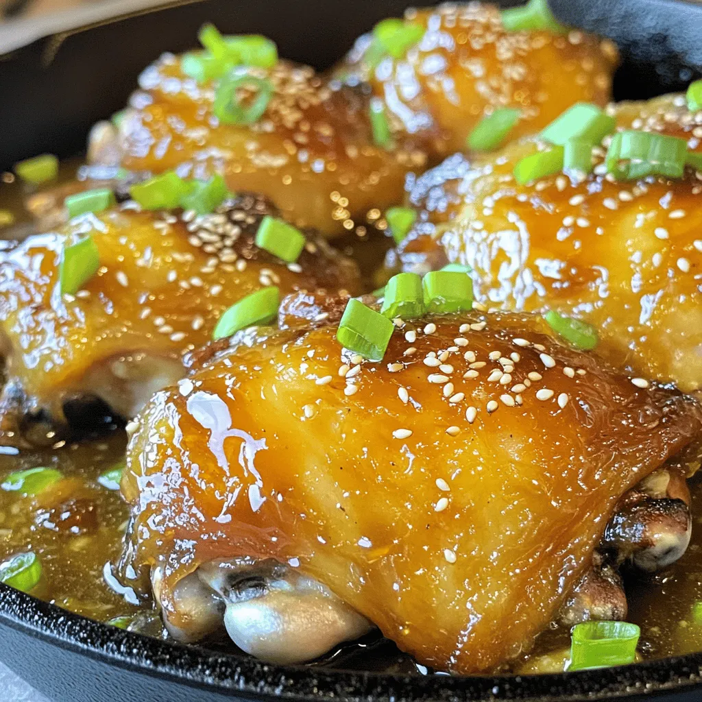 - 500g chicken thighs, boneless and skinless - 1/4 cup honey - 1/4 cup soy sauce (low sodium) - 2 cloves garlic, minced - 1 tablespoon fresh ginger, grated - 1 tablespoon rice vinegar - 1 teaspoon sesame oil - 1/2 teaspoon black pepper - 1 tablespoon cornstarch - 2 tablespoons water - 2 green onions, sliced - Sesame seeds Gathering your ingredients is key to making this dish. You want to make sure everything is fresh. The chicken thighs provide great flavor and tenderness. Honey brings sweetness, while soy sauce adds depth. Garlic and ginger give the dish a nice zing. Don't forget the rice vinegar and sesame oil for that extra kick! For the sauce, you'll need cornstarch and water to thicken it up at the end. Finally, slice up green onions and grab some sesame seeds for garnish. These little touches make your dish look and taste perfect. To see how to use these ingredients step by step, check out the Full Recipe! To create the marinade, you need to mix a few simple ingredients. Combine the following in a bowl: - 1/4 cup honey - 1/4 cup low-sodium soy sauce - 2 cloves garlic, minced - 1 tablespoon fresh ginger, grated - 1 tablespoon rice vinegar - 1 teaspoon sesame oil - 1/2 teaspoon black pepper Mix these well until you see a smooth blend. This marinade adds great flavor to the chicken. Next, take your 500g of boneless, skinless chicken thighs. Coat them well with the marinade. Make sure every piece is covered. Once coated, place the chicken in the fridge. Let it marinate for at least 30 minutes. If you want a stronger flavor, you can marinate it for up to 2 hours. Now, it’s time to cook! First, preheat your oven to 200°C (400°F). While it heats, grab a large oven-safe skillet. Place it on medium heat and add the marinated chicken. Make sure to keep some marinade aside for later. Cook the chicken for about 3-4 minutes on each side until it turns golden brown. Once the chicken is brown, pour the reserved marinade over it. Bring this to a boil, then lower the heat. Let it simmer for about 5 minutes. To thicken the sauce, mix 1 tablespoon of cornstarch with 2 tablespoons of water in a small bowl. Add this to the skillet and stir until the sauce thickens. Finally, transfer the skillet to the oven. Bake the chicken for 15-20 minutes. Check that it reaches an internal temperature of 75°C (165°F). Once done, take it out and let it rest for a few minutes. You can slice it if you'd like. Garnish with sliced green onions and sesame seeds for a lovely finish. Enjoy your sticky honey chicken! For the full recipe, refer to the instructions above. To make your sticky honey chicken even tastier, I suggest marinating the chicken for at least 30 minutes. If you want a deeper flavor, try marinating for up to 2 hours. This extra time lets the meat soak in all the yummy flavors. You can also add spices to the marinade. Try a pinch of chili powder for heat or some paprika for a smoky taste. These simple changes can make your dish more exciting and tasty. For the perfect golden-brown color, cook the chicken in a hot skillet. Use medium heat and do not overcrowd the pan. This way, the chicken can sear properly. Remember to flip it gently every few minutes to avoid burning. To check for doneness, use a meat thermometer. Insert it into the thickest part of the chicken. It should read 75°C (165°F) when fully cooked. This ensures your chicken is safe to eat and juicy. Garnishing your sticky honey chicken can make it look fancy. Slice green onions and sprinkle them on top. Add sesame seeds for a nice crunch. These little touches will impress your guests. When plating, use a large, white plate to make the colors pop. You can arrange the chicken in a circle and pour some sauce over it. This creates a beautiful dish that looks as good as it tastes. For the full recipe, check out the detailed instructions above. {{image_2}} You can change how you cook sticky honey chicken. Grilling gives it a smoky flavor. Just marinate the chicken and grill it on medium heat. Cook each side for about 6-8 minutes. Slow-cooking is another great option. It makes the chicken tender and juicy. Just place the marinated chicken in a slow cooker. Set it on low for 4-5 hours or high for 2-3 hours. This method allows the flavors to blend well. Want to change the flavor a bit? Try adding chili flakes to the marinade for some spice. This will give your dish a nice kick. If you like freshness, add some citrus juice like lemon or lime. It brightens the dish and adds a zesty taste. You can also mix in some herbs like cilantro or basil. These herbs can give the dish a different twist. Experimenting with flavors is fun and can lead to new favorites! If you don’t have chicken thighs, chicken breasts work too. They will cook faster and are leaner. For a vegan option, try using tofu or tempeh. Just marinate them like the chicken. You can also use seitan for a meat-like texture. It soaks up flavors well. These substitutes will still make a tasty dish. You can enjoy sticky honey chicken in many ways! Check out the [Full Recipe] for more details on making this delicious meal. To store your leftover sticky honey chicken, place it in an airtight container. This keeps the chicken fresh and prevents strong odors from mixing. It will last in the fridge for about 3 to 4 days. Make sure to let it cool before sealing the container. This helps avoid condensation, which can make the chicken soggy. You can freeze sticky honey chicken if you want to store it longer. First, let the chicken cool completely. Then, wrap it tightly in plastic wrap or place it in a freezer-safe bag. Remove as much air as possible to avoid freezer burn. It will stay good for about 2 to 3 months. When you’re ready to eat it, just thaw it in the fridge overnight. For the best taste and texture, reheat the sticky honey chicken in the oven. Preheat your oven to 180°C (350°F). Place the chicken in a baking dish and cover it with foil. This keeps it moist while warming. Heat for about 15 to 20 minutes or until it reaches the right temperature. You can also use a microwave, but it may not keep the same crispiness. If using the microwave, heat in short bursts to avoid overcooking. Enjoy your meal! Yes, you can make sticky honey chicken ahead of time! To prepare it in advance, follow these steps: - Marinade the chicken for up to 2 hours in the fridge. This makes it flavorful. - Cook the chicken as directed and let it cool. - Store the cooked chicken in an airtight container in the fridge for up to 3 days. - When ready to serve, reheat the chicken in a skillet on medium heat until warm. This method allows you to enjoy a tasty meal without rushing. Sticky honey chicken pairs well with many sides. Here are some great options: - Steamed rice for a classic touch. - Fried rice adds more flavor and texture. - Stir-fried vegetables like broccoli or bell peppers for color and crunch. - A fresh salad for a light side. - Noodles tossed in garlic or soy sauce for a filling option. These sides enhance the dish while keeping it balanced. To check if your chicken is fully cooked, follow these tips: - Use a meat thermometer. The chicken should reach 75°C (165°F). - Look for juices running clear. If the juices are pink, cook it a bit longer. - The chicken should have a nice golden-brown color on the outside. These steps ensure you serve safe and tasty sticky honey chicken. For the full recipe, follow the instructions above. This article covered a simple and tasty sticky honey chicken recipe. You learned about the main ingredients, how to prepare and cook the dish, and useful tips. I shared ways to enhance flavor and presented creative serving ideas. In conclusion, with just a few steps and ingredients, you can enjoy a delicious meal. This dish is great for gatherings or a cozy dinner. Try different variations to suit your taste. Happy cooking!