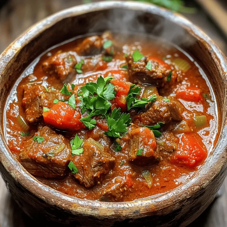 - Beef: For this dish, choose a cut that is tender but has some fat. Cuts like chuck or brisket work best. They bring flavor and tenderness after slow cooking. - Fresh vegetables: Tomatoes and peppers are key. They create a rich base for the stew. Use ripe, juicy tomatoes for a sweet taste. Red bell peppers add depth and color. - Spices: Nigerian cooking relies on bold flavors. Thyme, curry powder, and smoked paprika are essential. They add warmth and complexity to the dish. Ground crayfish is optional but adds a unique twist. - 2 lbs beef, cut into cubes - 1 large onion, chopped - 3 medium tomatoes, blended into a paste - 1 red bell pepper, blended into a paste - 2 green chili peppers, blended (adjust for spice level) - 4 cloves garlic, minced - 1-inch ginger, minced - 1/4 cup vegetable oil - 2 teaspoons ground crayfish (optional for flavor) - 2 teaspoons thyme - 2 teaspoons curry powder - 1 teaspoon smoked paprika - Salt and pepper to taste - 2 cups beef broth or water - Fresh parsley for garnish This complete ingredient list ensures a hearty and flavorful stew. For the full recipe, check the section above. Start by chopping your vegetables. You need to chop one large onion and mince four cloves of garlic. For the peppers, blend three medium tomatoes, one red bell pepper, and two green chili peppers into a smooth paste. You can adjust the chili for more or less heat. Now, let's season the beef. Use two pounds of beef cut into cubes. Sprinkle salt and pepper over the beef. Add two teaspoons of thyme, two teaspoons of curry powder, and one teaspoon of smoked paprika. Make sure every piece is coated well. This adds rich flavor right from the start. Heat a large pot over medium heat and pour in a quarter cup of vegetable oil. Once the oil is hot, add the chopped onions. Sauté them until they turn translucent, which takes about five minutes. Then, stir in the minced garlic and ginger. Cook for an additional two minutes. The smell will be amazing! Next, add the seasoned beef cubes to the pot. Brown them on all sides, which takes about five to seven minutes. This step is vital for building flavor. Once browned, pour in the blended tomato and red pepper paste. Stir well and let it cook for about ten minutes. This helps the flavors mix together. Now it’s time to add the blended green chili peppers and two cups of beef broth or water. Stir gently. Bring this mixture to a boil, then reduce the heat to low. Cover the pot and let it simmer for one and a half to two hours. Stir occasionally and add more broth if needed. Browning the beef is crucial. It seals in the juices and adds depth to the stew. Without this step, your beef may turn out tough or bland. Simmering the stew is just as important. The longer you simmer, the more tender the beef will become. Keep an eye on the pot! Taste it along the way and adjust the seasoning if necessary. This stew is hearty and full of flavor, making it perfect for any meal. For the full recipe, refer to the original recipe section. How can I adjust spice levels to taste? Start by adding fewer chili peppers if you prefer less heat. You can always add more later. Taste as you go. This way, you control the heat level in your stew. What can I add to enhance flavor? You can add a bay leaf for depth. A splash of lime juice brightens the dish. Ground crayfish adds a unique taste if you want to try something new. What traditional pairings work well with Nigerian Beef Stew? Serve the stew with rice, yams, or fried plantains. These sides soak up the rich sauce and balance the meal. You can also enjoy it with fufu, a soft dough made from cassava or yams. What are some presentation tips for a beautiful dish? Use a large bowl or plate for serving. Garnish with fresh parsley for color. Place the stew in the center and arrange the sides around it. A well-presented dish makes the meal more inviting. What are common mistakes like overcooking or underseasoning? Overcooking makes the beef tough. Cook it just until tender. Underseasoning can leave the stew bland. Taste and adjust seasoning during cooking. How can I balance ingredients correctly? Ensure you have enough liquid for the beef to simmer. If the stew is too thick, add more broth or water. Too much spice can overpower the dish, so balance is key. Using these tips will help you create a comforting and flavorful Nigerian Beef Stew. Check the [Full Recipe] to get started on this delicious dish! {{image_2}} Nigerian beef stew varies across regions. Each area adds its own twist. In the north, they may use more spices like cumin and coriander. Southwestern regions often blend in unique peppers for extra heat. In some areas, people swap beef for chicken or goat meat. These options make the stew different yet delicious. You can easily adapt this stew to fit dietary needs. To make it gluten-free, skip any sauces with gluten. Low-carb versions can replace potatoes or rice with cauliflower. For a vegetarian option, use mushrooms or jackfruit instead of beef. These swaps keep the dish full of flavor while meeting diverse diets. Explore these variations to find your perfect version of Nigerian beef stew. Each twist offers a new taste experience! After making your Nigerian Beef Stew, let it cool down first. This helps keep the beef tender. Store it in an airtight container. It will stay fresh in the fridge for up to three days. If you want to keep it longer, freezing is a great option. To freeze Nigerian Beef Stew, follow these simple steps: 1. Cool Completely: Allow the stew to cool before freezing. 2. Portion It Out: Divide the stew into smaller portions. This makes it easy to thaw just what you need. 3. Use Freezer Bags: Place the portions in freezer bags. Squeeze out as much air as possible. 4. Label the Bags: Write the date on each bag. This helps you track how long it’s been frozen. For reheating after freezing, thaw the stew in the fridge overnight. You can also use the microwave for quick thawing. Heat it on the stove until it bubbles. Stir occasionally to ensure even heating. Enjoy your flavorful stew again! You can find the full recipe for this delicious dish in the earlier sections! How long to simmer for optimal flavor? You should simmer the stew for 1.5 to 2 hours. This time lets the beef become tender. It also allows the spices and flavors to blend well. Stir occasionally to prevent sticking. If you need more liquid, add more broth or water. Can I use fresh tomatoes instead of canned? Yes, fresh tomatoes work great! Use about 4 medium tomatoes. Blend them into a smooth paste. Fresh tomatoes can add a bright flavor to your stew. Just remember to adjust the cooking time slightly. What cut of beef is best for stew? I recommend using chuck roast. It has enough fat and collagen to keep the meat juicy. Other good options are brisket or round. These cuts also become tender when cooked slowly. How to adjust spice levels for different tastes? You can change the spice level by adding or removing chili peppers. Use fewer green chili peppers for a milder stew. You can also add more spices like curry powder for warmth. Taste the stew as it cooks and adjust to your liking. For the full recipe, you can check out the Savory Nigerian Beef Stew . Nigerian Beef Stew offers rich flavors and a comforting meal. We explored key ingredients like beef, tomatoes, and spices. You learned preparation steps, cooking techniques, and tips to avoid mistakes. Variations cater to different tastes and diets, making this dish versatile. Remember, balancing ingredients is key for great flavor. Store and freeze leftovers properly to enjoy later. Follow these tips, and your stew will impress everyone. Enjoy the process, share with friends, and savor the delicious results. Happy cooking!