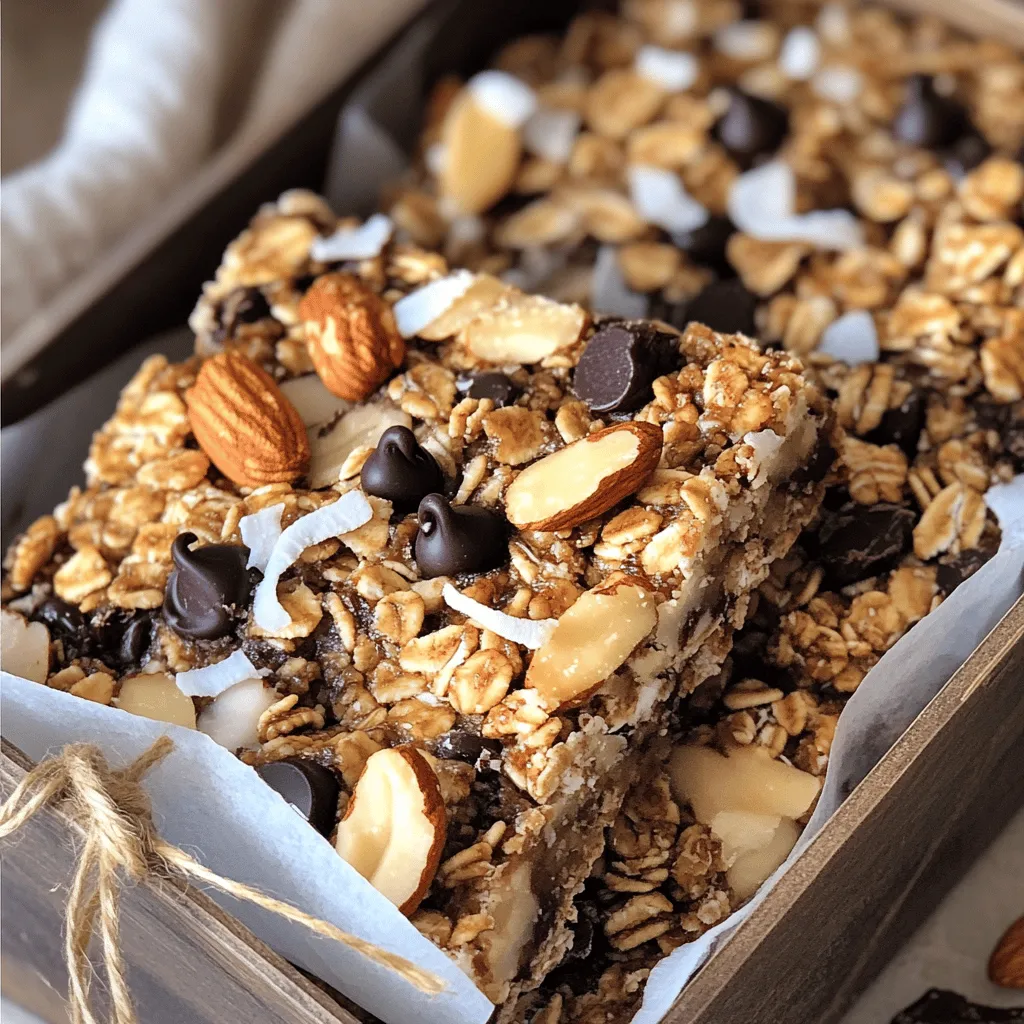 To make your homemade granola bars, start with these basic ingredients: - 2 cups rolled oats - 1 cup mixed nuts (almonds, walnuts, and pecans), chopped - ½ cup honey or maple syrup - ½ cup natural peanut butter or almond butter - ½ cup dark chocolate chips - ¼ cup unsweetened coconut flakes - 1 teaspoon vanilla extract - ½ teaspoon sea salt - ½ teaspoon cinnamon These ingredients come together to create a tasty and satisfying snack. The oats provide a hearty base. The nuts add crunch and healthy fats. Honey or maple syrup acts as a natural sweetener and binder. Peanut butter gives creaminess and extra flavor. Dark chocolate chips bring a sweet touch, while coconut adds a tropical flair. You can customize your granola bars in many ways. Here are some great options: - ¼ cup dried fruits (raisins, cranberries, or apricots) - Seeds (like pumpkin or sunflower) - Spices (like nutmeg or ginger) - Protein powder for a protein boost Feel free to mix and match these add-ins. They allow you to create a flavor that fits your taste. Each ingredient in these bars has its own health perks: - Rolled oats: Full of fiber, they help with digestion and keep you full. - Mixed nuts: Packed with protein and healthy fats, they support heart health. - Honey or maple syrup: These natural sweeteners provide quick energy and antioxidants. - Peanut butter: A great source of protein, it helps with muscle repair. - Dark chocolate: Contains antioxidants, which can boost mood and health. - Coconut flakes: Provide healthy fats and add some sweetness. By choosing these ingredients, you make a snack that is both tasty and good for you. Enjoy creating your own delicious granola bars with this recipe! Start by gathering all your ingredients. This recipe is simple and quick. You will need rolled oats, nuts, honey, peanut butter, chocolate chips, coconut, vanilla, salt, and cinnamon. Feel free to add dried fruits if you like. Make sure to measure everything accurately for the best results. 1. Preheat the oven to 350°F (175°C). This helps the bars cook evenly. 2. Line an 8x8-inch baking dish with parchment paper. Leave some paper hanging over the edges. This makes it easy to lift out the bars later. 3. Mix the dry ingredients in a big bowl. Combine the oats, chopped nuts, coconut, salt, and cinnamon. Stir well to combine. 4. Melt the wet ingredients. In a microwave-safe bowl, combine honey and peanut butter. Microwave for 30 seconds. Stir until smooth. 5. Add vanilla to the melted mixture. Stir this in well. 6. Combine wet and dry. Pour the melted mixture over the dry ingredients. Mix well to coat everything evenly. 7. Fold in chocolate chips and dried fruits if you choose to use them. This adds more flavor and fun. 8. Transfer the mixture to the lined baking dish. Press it down firmly. Make sure it is even all over. 9. Bake for 20-25 minutes. Look for golden edges and a set middle. This shows they are ready. 10. Cool the bars in the dish for 10 minutes. Then lift them out using the parchment paper. Place them on a cutting board to cool completely. 11. Cut into bars. You can cut them into any size you like. Store them in an airtight container. Baking times may vary based on your oven. Check the bars after 20 minutes. They should look golden and firm. If they are still soft, bake for a few more minutes. Keep an eye on them to avoid burning. Enjoy your Nutty Chocolate Bliss Granola Bars! To get the best texture in your granola bars, press the mixture down firmly. This helps the bars hold together well. If you want chewy bars, bake them for less time. For crunchier bars, bake until golden brown. Also, let them cool completely before cutting. This step helps them firm up nicely. One common mistake is using too much liquid. This can make your bars too soft. Make sure to measure your honey or syrup accurately. Another mistake is not mixing well. You want every oat and nut coated with the wet mixture. If you skip this step, the bars may crumble. Spices can make your granola bars pop with flavor. Try adding a pinch of nutmeg or ginger for a warm taste. You can also use different extracts. Almond extract pairs well with nuts, while coconut extract enhances the coconut flakes. These small changes can take your bars from good to great! For the full recipe, check out the Nutty Chocolate Bliss Granola Bars. {{image_2}} To make vegan granola bars, swap honey for maple syrup. Use almond or cashew butter instead of peanut butter. These changes keep the bars plant-based and tasty. You can also add seeds like chia or flax for extra crunch. For gluten-free bars, choose certified gluten-free oats. This ensures no cross-contamination with gluten. You can also use brown rice syrup instead of honey. Always check labels on nut butters and chocolate chips, as some may contain gluten. Granola bars are great for experimenting with flavors. Here are some fun ideas: - Chocolate Coconut: Add extra dark chocolate chips and more coconut flakes. - Cinnamon Apple: Mix in dried apples and a dash more cinnamon. - Peanut Butter Banana: Include banana chips and a bit of mashed ripe banana for moisture. - Maple Pecan: Replace honey with maple syrup and add extra chopped pecans. These variations let you create your perfect granola bar. Feel free to mix and match flavors to suit your taste! To keep your granola bars fresh, store them in an airtight container. This prevents air from making them stale. Place parchment paper between layers if you stack them. This will stop them from sticking together. Always keep the bars in a cool, dry place. Avoid direct sunlight, which can cause the bars to melt. Homemade granola bars can last up to a week at room temperature. If you want them to last longer, freezing is a great option. When stored properly, they can stay good for up to three months in the freezer. Just remember to label the container with the date. To freeze granola bars, first let them cool completely. Then, wrap each bar in plastic wrap. Next, place the wrapped bars in a freezer-safe bag or container. Squeeze out as much air as you can before sealing. When you're ready to eat, just take one out and let it thaw for a few minutes. Enjoy your Nutty Chocolate Bliss Granola Bars anytime! Yes, you can substitute many ingredients. You can use any nuts you like. Almond butter works well if you don’t have peanut butter. For sweeteners, feel free to swap honey for maple syrup. If you’re allergic to nuts, try seeds like sunflower or pumpkin seeds. You can also change the chocolate chips to carob chips or leave them out. Dried fruits can be replaced with whatever you enjoy, like figs or dates. Just keep the ratios similar to ensure the bars stick together. To make your granola bars chewy, use more sticky ingredients. Increase the honey or add more nut butter. You can also add mashed bananas or applesauce for moisture. Mixing in fewer dry ingredients can help too. Bake the bars for a shorter time, just until they are set but not hard. This will keep them softer and chewier. If you want a soft texture, avoid overbaking. The best way to cut granola bars is to use a sharp knife. First, let them cool completely on a cutting board. You can score the bars lightly before cutting them. This helps guide the knife. Use a gentle sawing motion to avoid crushing the bars. If they stick to the knife, dip it in warm water. This will make cutting easier. Aim for even sizes so they look nice and are easy to grab. - Including the Full Recipe: Nutty Chocolate Bliss Granola Bars 🥜 Homemade granola bars are easy to make and full of good stuff. We covered the main ingredients, different add-ins, and their benefits. Step-by-step instructions guide you in making the perfect bars. I shared tips for great texture and flavor, along with fun variations like vegan options. Storage is key for freshness, and I included details on keeping them tasty. With these insights, you can create your own tasty bars. Enjoy your cooking adventure and let your creativity shine!