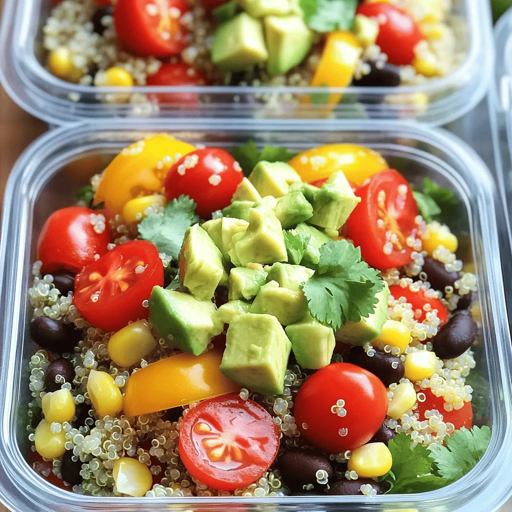 - 1 cup quinoa, rinsed - 2 cups vegetable broth or water - 1 can (15 oz) black beans, rinsed and drained - 1 red bell pepper, diced - 1 cup cherry tomatoes, halved - 1 cup corn kernels (fresh or frozen) Quinoa is the star of this dish. It’s packed with protein and fiber. I love using it because it cooks fast and tastes great. Black beans add more protein and fiber, too. They make the meal filling. The vegetables add color and crunch, making the bowls more fun to eat. - 1 avocado, diced - Hot sauce or salsa for serving Adding avocado gives a creamy touch. It also adds healthy fats. If you like spice, hot sauce or salsa brings the heat. Both options are easy to add when you serve the bowls. - 1 lime, juiced - 2 tablespoons olive oil - 1 teaspoon cumin - 1 teaspoon paprika - Salt and pepper to taste The dressing is key to flavor. Lime juice brightens the dish. Olive oil adds richness. Cumin and paprika give a warm, earthy taste. You can adjust salt and pepper to your liking. This simple mix makes a big difference in your quinoa bowls. For the full recipe, check out Meal Prep Magic: Colorful Quinoa Bowls. It covers everything you need to create these tasty meals. 1. Start by boiling the vegetable broth or water in a medium pot. 2. Once it boils, add the rinsed quinoa. 3. Cover the pot and reduce the heat to a simmer. 4. Cook for about 15 minutes. The quinoa should absorb all the liquid. 5. When done, remove it from heat. Let it sit covered for 5 minutes. 6. Finally, fluff the quinoa with a fork. 1. While the quinoa cooks, grab a small bowl. 2. Mix lime juice, cumin, paprika, salt, and pepper. 3. Next, slowly whisk in the olive oil. This helps emulsify the dressing. 1. In a large mixing bowl, combine the cooked quinoa, black beans, diced red bell pepper, cherry tomatoes, corn, and chopped cilantro. 2. Drizzle the prepared dressing over the quinoa mixture. 3. Gently toss everything until it is evenly coated. You now have a colorful mix ready! You can find the Full Recipe for more detailed instructions. Batch cooking quinoa: Cooking a large amount of quinoa saves you time. I often make extra quinoa on the weekend. This way, I have it ready for quick meals all week. Cook one cup of quinoa for about 15 minutes. Store it in the fridge for easy access. Prepping ingredients ahead of time: Gather your veggies and proteins. Wash, chop, and store them in containers. This step cuts down on prep time during the week. You can easily grab what you need for your quinoa bowls. Adding protein options: You can boost your quinoa bowls with protein. Think grilled chicken, tofu, or black beans. These options fill you up and add great flavor. Try mixing in any of these proteins to make your meal more hearty. Best pairings for quinoa bowls: Quinoa pairs well with many foods. I love adding fresh veggies like bell peppers and tomatoes. You can also include avocado for creaminess. Don't forget to add a nice dressing! A lime vinaigrette will brighten the flavors. Best storage containers: Use airtight containers for your meal prep. Glass containers are great because they don’t stain or hold smells. They also help keep food fresh longer. Proper refrigeration techniques: Store your quinoa bowls in the fridge. Make sure they cool before sealing. This helps to avoid excess moisture. You can keep them fresh for up to five days. When you're ready to eat, just reheat and enjoy! {{image_2}} For a fun twist on your quinoa bowls, you can swap out proteins. Try grilled chicken or tofu for a tasty base. Both options add protein and great texture. If you love seafood, shrimp or fish work well too. Just cook them simply with a bit of seasoning. Next, let’s talk veggies. You can use seasonal vegetables to keep it fresh and interesting. Think about adding zucchini, spinach, or bell peppers. If you’re short on time, frozen vegetables are a great choice. They are quick to prepare and still pack a nutritional punch. Now, let’s add some flavor! Different dressings can change the taste of your meal. A tangy vinaigrette or a creamy dressing can work wonders. You can also experiment with herbs and spices. Fresh herbs like basil or dill can brighten up your bowls. Spices like chili powder or garlic powder will add depth. These variations make your quinoa bowls exciting and keep you coming back for more. You can create a new bowl each week with just a few simple changes. Enjoy your cooking adventure! Quinoa bowls can last in the fridge for about 5 days. It's best to store them in airtight containers. This keeps out air and moisture. Always cool the bowls before sealing. It helps keep the texture fresh. If you notice any odd smell or color, toss them out. For safe storage, keep ingredients separate if you can. This way, fresh items like avocado stay crisp. You can mix them in just before serving. This keeps the flavors bright and tasty. When it's time to eat, you can reheat quinoa bowls in two ways: microwaving or stovetop reheating. Microwaving is quick and easy. Just cover the bowl and heat for 1-2 minutes. Stir halfway through for even heating. Stovetop reheating is great for keeping texture. Pour the quinoa in a pan with a splash of water. Heat on low, stirring gently until warm. This method helps keep the quinoa fluffy. To keep flavor and texture, add a little olive oil while reheating. This adds richness and helps prevent dryness. You can freeze quinoa bowls for later use. First, let the bowls cool completely. Then, place them in freezer-safe containers. Make sure to leave some space at the top. The quinoa will expand as it freezes. For thawing, move the container to the fridge overnight. This helps keep the texture nice. If you're in a hurry, you can thaw in the microwave. Use the defrost setting to avoid cooking the quinoa. After thawing, reheat just like before. Remember, add water or oil to keep it moist. Enjoy your meal prep magic with these simple tips! Yes, you can meal prep quinoa bowls for the week! These bowls are easy to store. I recommend keeping them in the fridge for up to five days. After five days, the taste and texture may change. Safety Tips for Meal Prep: - Always use clean containers. - Let the quinoa cool before sealing. - Store in the fridge right after cooking. To make your quinoa tasty, you can use broth instead of water when cooking. This adds depth to the flavor. Adding spices and herbs can enhance the taste, too. Tips to Enhance the Quinoa Taste: - Use vegetable or chicken broth. - Add herbs like basil or parsley. Infusing Flavors During Cooking: You can cook quinoa with garlic or onion for more flavor. Just sauté them in olive oil before adding the quinoa and liquid. Many meals work well for meal prep. Think of things like stir-fries, pasta salad, or soups. These meals are quick and easy to make. Haul of Meal Prep Recommendations: - Stir-fried veggies with rice - Pasta salad with olives and cheese - Vegetable soup with beans Quick Meal Prep Ideas for Busy Schedules: - Overnight oats for breakfast - Snack boxes with nuts and fruit - Wraps with deli meat and veggies In this blog post, we explored colorful quinoa bowls and their magic. We covered key ingredients like quinoa, black beans, and veggies. You learned how to cook quinoa, mix dressings, and assemble bowls. Tips on meal prep and storage were also shared. Making these bowls is fun and flexible. You can add proteins or experiment with flavors. I hope you feel inspired to create your own colorful quinoa bowls. Enjoy the process and the tasty results!