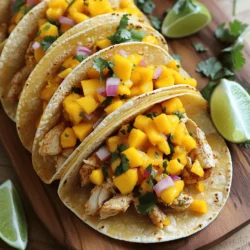 To make these tasty tacos, gather these simple ingredients: - 2 chicken breasts, diced - 1 ripe mango, diced - 1 small red onion, finely chopped - 1 jalapeño, deseeded and minced - 2 cloves garlic, minced - 1 teaspoon ground cumin - 1 teaspoon smoked paprika - 1 tablespoon olive oil - Salt and pepper to taste - 8 small corn tortillas - Fresh cilantro, for garnish - Lime wedges, for serving Choosing fresh ingredients makes your tacos shine. Look for vibrant mangoes that yield slightly when pressed. This means they are ripe and sweet. For chicken, pick breasts that are pink and firm. Avoid any with a gray hue. When selecting onions, choose ones that feel heavy and have no soft spots. Fresh cilantro should look bright and green, not wilted. You can easily swap some ingredients for a different taste. For a milder taco, use a bell pepper instead of jalapeño. If you don’t have fresh mango, try canned mango or even pineapple. For a lighter option, use grilled shrimp or tofu instead of chicken. Lastly, you can use flour tortillas if you prefer them over corn. This recipe brings fun to the table with bold flavors and fresh ingredients. For the full recipe, check the earlier section. Enjoy cooking! Start by cutting the chicken breasts into small, even pieces. This helps them cook quickly. In a large bowl, mix the chicken with ground cumin, smoked paprika, minced garlic, and jalapeño. Sprinkle salt and pepper to taste. Stir the mix well to coat the chicken evenly. Cover the bowl and let it sit for at least 15 minutes. This lets the flavors soak into the chicken. Heat the olive oil in a skillet over medium-high heat. Once the oil is hot, add the marinated chicken pieces. Cook the chicken for about 7-10 minutes. You want it to turn golden brown and be fully cooked. Stir it occasionally to ensure even cooking. When done, remove the skillet from the heat. In a separate bowl, combine the diced mango and chopped red onion. This will create a refreshing salsa. Warm the corn tortillas in a dry skillet for about 30 seconds on each side. This makes them soft and easy to fold. Now, it’s time to assemble your tacos! Place a generous spoonful of the cooked chicken on each tortilla. Top it with the mango salsa. Finish by adding fresh cilantro on top. Serve with lime wedges on the side for a zesty kick. Enjoy your delicious Spicy Mango Chicken Tacos! For a full recipe, refer to the complete instructions above. To make your Spicy Mango Chicken Tacos burst with flavor, try these tips. First, let the chicken marinate longer than 15 minutes if you can. This allows the spices to soak in deeply. Add a splash of lime juice to the chicken mix for brightness. Use ripe mangoes, as their sweetness will balance the heat from the jalapeño. Fresh cilantro adds a lovely touch. Feel free to sprinkle some on top before serving. One common mistake is overcooking the chicken. Aim for a golden brown color, not dry. Also, don’t skip the warming of tortillas. This small step makes them soft and pliable. Avoid adding too much salt to the chicken; the mango salsa should bring its own flavor. Lastly, don’t forget to deseed the jalapeño if you want less heat! Serve your tacos with lime wedges on the side for a zesty kick. Pair them with a fresh salad or some Mexican rice. You can also add black beans for extra protein. For drinks, try a light beer or a fruity mocktail. These pairings will enhance your meal and make it feel special. For the full recipe, check out the Spicy Mango Chicken Tacos. {{image_2}} You can easily make these tacos vegetarian. Swap the chicken for black beans or grilled veggies. Use the same spices to keep the flavor strong. You can add diced bell peppers or zucchini for extra crunch. Mushrooms also work well; their texture is hearty and satisfying. If you want to mix it up, try different fruit salsas. Pineapple salsa adds a sweet and tangy twist. Papaya or kiwi can also brighten the dish. Combine diced fruits with onion and lime juice for a fresh taste. Each fruit brings a unique flavor, making every taco special. You can adjust the heat level to suit your taste. For milder tacos, skip the jalapeño or use a bell pepper. If you like it hot, add more jalapeño or some chili flakes. You can also serve hot sauce on the side for those who crave extra spice. Personalizing the heat makes the meal enjoyable for everyone. For the full recipe, check out Spicy Mango Chicken Tacos. After you enjoy your Spicy Mango Chicken Tacos, you might have some leftovers. Store them in an airtight container. This keeps chicken and salsa fresh. Make sure to cool them down to room temperature first. Place the container in the fridge. They will last for 3 days. Keep the tortillas separate to avoid sogginess. To enjoy your tacos again, reheat them with care. First, warm the chicken in a skillet over medium heat. Stir it often until it is hot. For tortillas, use a dry skillet. Heat them for about 30 seconds on each side. This will make them soft and warm. Assemble the tacos again with the chicken and salsa. If you want to save your chicken and salsa for later, you can freeze them. Place the chicken in a freezer-safe bag. Squeeze out as much air as you can. For the salsa, use a separate container. It can freeze well, but the texture may change. Use within 2 months for the best taste. When you’re ready, thaw them in the fridge overnight before reheating. This way, you can enjoy your Spicy Mango Chicken Tacos anytime! For the full recipe, check the details above. To tone down the heat, skip the jalapeño. Instead, use sweet bell peppers. You can also add more mango to balance the spice. Mixing in avocado will add creaminess. This helps to cool the dish while keeping the flavor. Yes, you can! Try shrimp, beef, or tofu instead of chicken. Each protein brings a new taste. Just adjust the cooking time based on what you choose. For shrimp, cook until pink. For beef, ensure it reaches a safe temperature. Serve these tacos with a fresh salad or corn on the cob. Rice and beans also work nicely. For a crunchy touch, add tortilla chips with salsa. These sides add more color and flavor to your meal. To make these tacos gluten-free, use corn tortillas. Check labels for other ingredients. Ensure any sauces or seasonings are gluten-free as well. This way, everyone can enjoy the meal without worry. Each taco has protein from chicken, vitamins from mango, and fiber from tortillas. The exact nutrition depends on serving size. On average, one taco has about 200 calories. It offers a good balance of nutrients for a healthy meal. For the full recipe, check out the details above. In this article, I covered the key steps to making Spicy Mango Chicken Tacos. We explored ingredient selection, proper cooking methods, and creative variations. Remember, fresh ingredients make a big difference. Follow the tips to avoid mistakes and enhance flavor. You can try vegetarian options or different salsas based on your taste. Proper storage helps keep leftovers fresh. With the answers to common questions, you are ready to enjoy these tasty tacos. Dive in, experiment, and share your delicious creations!