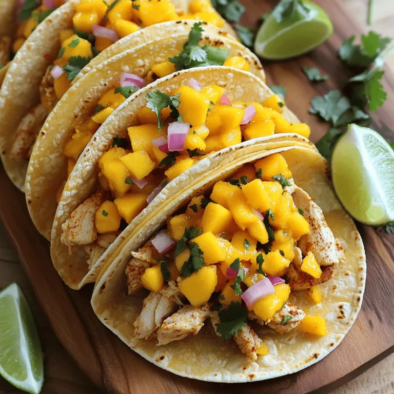 To make these tasty tacos, gather these simple ingredients: - 2 chicken breasts, diced - 1 ripe mango, diced - 1 small red onion, finely chopped - 1 jalapeño, deseeded and minced - 2 cloves garlic, minced - 1 teaspoon ground cumin - 1 teaspoon smoked paprika - 1 tablespoon olive oil - Salt and pepper to taste - 8 small corn tortillas - Fresh cilantro, for garnish - Lime wedges, for serving Choosing fresh ingredients makes your tacos shine. Look for vibrant mangoes that yield slightly when pressed. This means they are ripe and sweet. For chicken, pick breasts that are pink and firm. Avoid any with a gray hue. When selecting onions, choose ones that feel heavy and have no soft spots. Fresh cilantro should look bright and green, not wilted. You can easily swap some ingredients for a different taste. For a milder taco, use a bell pepper instead of jalapeño. If you don’t have fresh mango, try canned mango or even pineapple. For a lighter option, use grilled shrimp or tofu instead of chicken. Lastly, you can use flour tortillas if you prefer them over corn. This recipe brings fun to the table with bold flavors and fresh ingredients. For the full recipe, check the earlier section. Enjoy cooking! Start by cutting the chicken breasts into small, even pieces. This helps them cook quickly. In a large bowl, mix the chicken with ground cumin, smoked paprika, minced garlic, and jalapeño. Sprinkle salt and pepper to taste. Stir the mix well to coat the chicken evenly. Cover the bowl and let it sit for at least 15 minutes. This lets the flavors soak into the chicken. Heat the olive oil in a skillet over medium-high heat. Once the oil is hot, add the marinated chicken pieces. Cook the chicken for about 7-10 minutes. You want it to turn golden brown and be fully cooked. Stir it occasionally to ensure even cooking. When done, remove the skillet from the heat. In a separate bowl, combine the diced mango and chopped red onion. This will create a refreshing salsa. Warm the corn tortillas in a dry skillet for about 30 seconds on each side. This makes them soft and easy to fold. Now, it’s time to assemble your tacos! Place a generous spoonful of the cooked chicken on each tortilla. Top it with the mango salsa. Finish by adding fresh cilantro on top. Serve with lime wedges on the side for a zesty kick. Enjoy your delicious Spicy Mango Chicken Tacos! For a full recipe, refer to the complete instructions above. To make your Spicy Mango Chicken Tacos burst with flavor, try these tips. First, let the chicken marinate longer than 15 minutes if you can. This allows the spices to soak in deeply. Add a splash of lime juice to the chicken mix for brightness. Use ripe mangoes, as their sweetness will balance the heat from the jalapeño. Fresh cilantro adds a lovely touch. Feel free to sprinkle some on top before serving. One common mistake is overcooking the chicken. Aim for a golden brown color, not dry. Also, don’t skip the warming of tortillas. This small step makes them soft and pliable. Avoid adding too much salt to the chicken; the mango salsa should bring its own flavor. Lastly, don’t forget to deseed the jalapeño if you want less heat! Serve your tacos with lime wedges on the side for a zesty kick. Pair them with a fresh salad or some Mexican rice. You can also add black beans for extra protein. For drinks, try a light beer or a fruity mocktail. These pairings will enhance your meal and make it feel special. For the full recipe, check out the Spicy Mango Chicken Tacos. {{image_2}} You can easily make these tacos vegetarian. Swap the chicken for black beans or grilled veggies. Use the same spices to keep the flavor strong. You can add diced bell peppers or zucchini for extra crunch. Mushrooms also work well; their texture is hearty and satisfying. If you want to mix it up, try different fruit salsas. Pineapple salsa adds a sweet and tangy twist. Papaya or kiwi can also brighten the dish. Combine diced fruits with onion and lime juice for a fresh taste. Each fruit brings a unique flavor, making every taco special. You can adjust the heat level to suit your taste. For milder tacos, skip the jalapeño or use a bell pepper. If you like it hot, add more jalapeño or some chili flakes. You can also serve hot sauce on the side for those who crave extra spice. Personalizing the heat makes the meal enjoyable for everyone. For the full recipe, check out Spicy Mango Chicken Tacos. After you enjoy your Spicy Mango Chicken Tacos, you might have some leftovers. Store them in an airtight container. This keeps chicken and salsa fresh. Make sure to cool them down to room temperature first. Place the container in the fridge. They will last for 3 days. Keep the tortillas separate to avoid sogginess. To enjoy your tacos again, reheat them with care. First, warm the chicken in a skillet over medium heat. Stir it often until it is hot. For tortillas, use a dry skillet. Heat them for about 30 seconds on each side. This will make them soft and warm. Assemble the tacos again with the chicken and salsa. If you want to save your chicken and salsa for later, you can freeze them. Place the chicken in a freezer-safe bag. Squeeze out as much air as you can. For the salsa, use a separate container. It can freeze well, but the texture may change. Use within 2 months for the best taste. When you’re ready, thaw them in the fridge overnight before reheating. This way, you can enjoy your Spicy Mango Chicken Tacos anytime! For the full recipe, check the details above. To tone down the heat, skip the jalapeño. Instead, use sweet bell peppers. You can also add more mango to balance the spice. Mixing in avocado will add creaminess. This helps to cool the dish while keeping the flavor. Yes, you can! Try shrimp, beef, or tofu instead of chicken. Each protein brings a new taste. Just adjust the cooking time based on what you choose. For shrimp, cook until pink. For beef, ensure it reaches a safe temperature. Serve these tacos with a fresh salad or corn on the cob. Rice and beans also work nicely. For a crunchy touch, add tortilla chips with salsa. These sides add more color and flavor to your meal. To make these tacos gluten-free, use corn tortillas. Check labels for other ingredients. Ensure any sauces or seasonings are gluten-free as well. This way, everyone can enjoy the meal without worry. Each taco has protein from chicken, vitamins from mango, and fiber from tortillas. The exact nutrition depends on serving size. On average, one taco has about 200 calories. It offers a good balance of nutrients for a healthy meal. For the full recipe, check out the details above. In this article, I covered the key steps to making Spicy Mango Chicken Tacos. We explored ingredient selection, proper cooking methods, and creative variations. Remember, fresh ingredients make a big difference. Follow the tips to avoid mistakes and enhance flavor. You can try vegetarian options or different salsas based on your taste. Proper storage helps keep leftovers fresh. With the answers to common questions, you are ready to enjoy these tasty tacos. Dive in, experiment, and share your delicious creations!