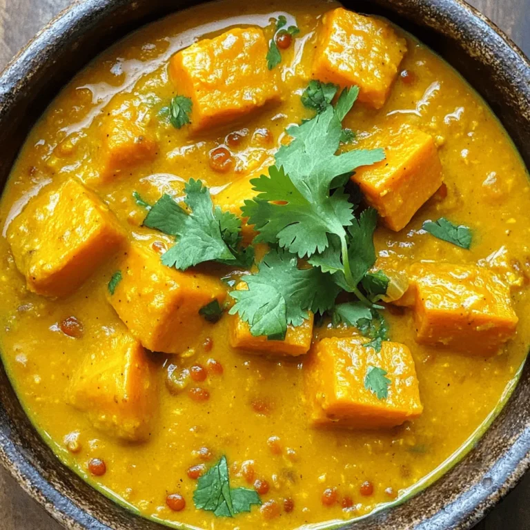 - 1 cup red lentils, rinsed - 2 cups pumpkin, peeled and cubed - 1 onion, finely chopped - 2 cloves garlic, minced - 1 inch ginger, grated - 1 can (14 oz) coconut milk - 2 cups vegetable broth - 2 tablespoons curry powder - 1 teaspoon turmeric - 1 teaspoon cumin - Salt and pepper to taste - 2 tablespoons olive oil - Fresh cilantro for garnish To make pumpkin lentil curry, you need fresh and tasty ingredients. Start with red lentils, which cook quickly and are packed with protein. Next, take some pumpkin, which adds a rich, sweet flavor. Onions, garlic, and ginger create a wonderful base for the dish. They fill your kitchen with a warm aroma as you cook. Coconut milk makes the curry creamy, while vegetable broth adds depth. Curry powder, turmeric, and cumin give the dish its vibrant color and flavor. Salt and pepper bring out the taste of all the ingredients. A splash of olive oil helps to sauté the onions and spices. Finally, fresh cilantro adds a pop of color and fresh flavor when you serve the dish. - Calories: Approximately 300 per serving - Protein: 12g - Carbohydrates: 45g - Fats: 12g This recipe is vegan and gluten-free, making it a great option for many diets. It is hearty and filling, perfect for lunch or dinner. The pumpkin and lentils provide fiber and nutrients, keeping you satisfied. For more details, check the Full Recipe. To make pumpkin lentil curry, you need to prepare the ingredients first. Gather all your items and measure them out. This helps everything cook evenly and saves time. Here’s what you need: - 1 cup red lentils, rinsed - 2 cups pumpkin, peeled and cubed - 1 onion, finely chopped - 2 cloves garlic, minced - 1 inch ginger, grated - 1 can (14 oz) coconut milk - 2 cups vegetable broth - 2 tablespoons curry powder - 1 teaspoon turmeric - 1 teaspoon cumin - Salt and pepper to taste - 2 tablespoons olive oil - Fresh cilantro for garnish Start by peeling and cubing the pumpkin. Make sure to chop the onion finely. Mince the garlic and grate the ginger. Rinse the lentils under cold water. This removes any dust or debris. With your ingredients ready, you can move on to cooking. Now, let’s cook! Take a large pot and heat the olive oil over medium heat. Add the chopped onion and sauté for about five minutes. You want the onion to become soft and clear. Next, mix in the minced garlic and grated ginger. Cook for one more minute until you smell the great aroma. Stir in the curry powder, turmeric, and cumin. Cook this for another minute to make the spices fragrant. Now, you can add the cubed pumpkin and rinsed lentils. Stir everything to coat the pumpkin and lentils in the spices. Pour in the vegetable broth and coconut milk. Bring this mixture to a boil, then turn the heat down to let it simmer. Cook for about 20 minutes. You want the lentils and pumpkin to be tender. For the final touch, you can blend the curry. If you prefer a smooth texture, use an immersion blender. If you like it chunky, just stir it a bit. Adjust the salt and pepper to taste. Serve the curry hot, and don’t forget to add fresh cilantro on top. Enjoy your hearty and flavorful pumpkin lentil curry! For the complete recipe, check out the Full Recipe. To make your pumpkin lentil curry perfect, focus on cooking times and texture. Cook the lentils until they are soft but not mushy. This usually takes about 20 minutes. You want a nice balance between tender lentils and firm pumpkin. If you like it thicker, blend more. For a soupier texture, add a bit more broth or coconut milk. Adjusting flavors is key. Start with the basic spices: curry powder, turmeric, and cumin. Taste as you go! If you want more heat, add some chili powder or fresh peppers. If it’s too spicy, a bit of sugar can help balance it. Don't forget to add salt and pepper to enhance the flavors. Pair your curry with rice or naan. Both options soak up the rich sauce nicely. Basmati rice is my favorite; it adds a nice aroma. If you choose naan, warm it up before serving for the best taste. For presentation, serve the curry in a deep bowl. A sprinkle of fresh cilantro on top makes it look vibrant. You can also add a slice of lime on the side. This gives a fresh twist when squeezed over the dish. You can find the Full Recipe for more detailed steps to create this delightful meal. {{image_2}} You can easily switch lentils in this recipe. Green or brown lentils work well. They offer a different taste and texture. Just remember, they take longer to cook. For vegetables, feel free to get creative. Sweet potatoes or carrots make great additions. You can even add spinach for some green. Adjust the cooking time based on what you choose. To enhance the flavor, consider adding lime juice or chili. Lime juice adds a bright taste that balances the curry. If you like heat, fresh or dried chili peppers can do wonders. You can also experiment with homemade curry paste. Store-bought options are convenient, but homemade can bring deeper flavors. Use spices like coriander or fenugreek for even more depth. Check out the full recipe for more tips on creating your curry masterpiece. To store leftover pumpkin lentil curry, place it in an airtight container. Let the curry cool down to room temperature before sealing it. Store it in the refrigerator for up to 5 days. If you want to keep it longer, freezing is a great option. Portion the curry into freezer-safe bags or containers. It can last up to 3 months in the freezer. Make sure to label the bags with the date to track freshness. When ready to enjoy your curry again, you can reheat it safely. The microwave is quick and easy. Place your portion in a bowl, cover it with a microwave-safe lid, and heat for 2-3 minutes. Stir halfway through to ensure even heating. If you prefer the stovetop, pour the curry into a pan over medium heat. Stir frequently until it's hot. To keep the texture and flavor just right, add a splash of vegetable broth or coconut milk while reheating. This helps restore some moisture and keeps your curry creamy. How to make pumpkin lentil curry vegan-friendly? This recipe is already vegan! It uses coconut milk and lentils. You don’t need to change anything. If you want to add protein, try chickpeas. They blend well with the flavors. Can I use canned pumpkin instead of fresh? Yes, you can use canned pumpkin. It saves time and is easy to find. Just use the same amount as fresh pumpkin. The flavor will still be great! How can I make the curry spicier? To spice it up, add more curry powder or some chili flakes. You can also use fresh chili peppers. Just adjust to your taste. Start with a little, then add more if needed. What can I substitute for coconut milk? If you don’t have coconut milk, use almond milk or soy milk. You can also use cashew cream for a creamy texture. Just note that these will change the flavor a bit. Are there gluten-free alternatives for the curry powder? Most curry powders are gluten-free. Check the label to be sure. If you want to make your own, mix cumin, coriander, and turmeric. This way, you control all the ingredients! For the full recipe, see above. This blog covered how to make a tasty pumpkin lentil curry. You learned about the key ingredients, step-by-step cooking, and helpful tips. I shared variations and storage tips to keep your dish fresh. Now, you're ready to get started. Enjoy the cooking process and feel free to experiment. By adjusting flavors and ingredients, you can make this curry your own. Happy cooking!