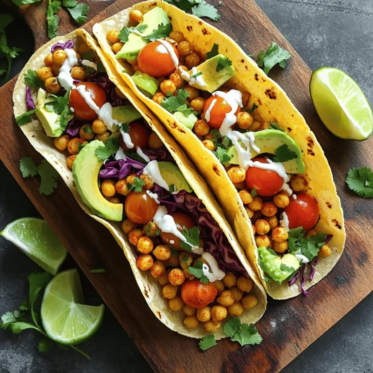 - 1 can (15 oz) chickpeas - 1 tablespoon olive oil - 1 teaspoon smoked paprika - 1/2 teaspoon cumin - 1/4 teaspoon cayenne pepper - Salt and pepper to taste Spicy chickpeas bring bold flavor to your tacos. I love using canned chickpeas for ease. You can drain and rinse them to cut some sodium. Olive oil adds a nice richness. Smoked paprika gives a deep, warm flavor. Cumin adds earthy notes, while cayenne brings heat. Adjust the cayenne to fit your spice level. Salt and pepper finish the seasoning. - 1 avocado, sliced - 1 cup red cabbage, shredded - 1/2 cup cherry tomatoes, halved - Fresh cilantro, for garnish - 1 lime, cut into wedges Toppings make your tacos pop! Avocado adds creaminess, which balances the spice. Red cabbage gives a nice crunch and color. Cherry tomatoes add sweetness. Fresh cilantro provides a burst of freshness. Lime wedges add zesty flair that brightens the dish. These toppings elevate your tacos to a new level. - 4 small corn tortillas - 4 small flour tortillas Tortillas are the base of your tacos. Corn tortillas are gluten-free and add a nice texture. Flour tortillas are soft and chewy. Choose what you prefer. Warm them up before adding your filling. This makes them pliable and easy to fold. Enjoy the taco experience with your favorite tortilla! You can find the full recipe to guide you through making these tasty tacos. To start, you need to toss the chickpeas with spices. In a medium bowl, combine the drained chickpeas with olive oil, smoked paprika, cumin, cayenne pepper, salt, and pepper. Mix well until the chickpeas are fully coated. This step adds great flavor. Next, cook the chickpeas until crispy. Heat a non-stick skillet over medium heat. Add the seasoned chickpeas and sauté for about 5 to 7 minutes. Stir occasionally. You want them to be crispy and slightly golden. This texture makes the tacos even more enjoyable. Now, let's warm the tortillas. Use another skillet for this. Place the tortillas on the skillet for about 30 seconds on each side. You want them to be warm and pliable. This keeps them soft and easy to fold. To keep the tortillas pliable, stack them in a clean kitchen towel. This helps them stay warm while you finish the tacos. A warm tortilla makes a big difference in taste and texture. When it's time to assemble the tacos, layer the ingredients for the best flavor. Start with some sautéed chickpeas in the center of each tortilla. This is the main filling. Next, top the chickpeas with sliced avocado, shredded red cabbage, and halved cherry tomatoes. These toppings add color and crunch. Drizzle a spoonful of Greek yogurt on top for creaminess. Finally, garnish with fresh cilantro. This adds a nice touch. For perfect taco assembly, make sure to not overfill each tortilla. This helps prevent spills and keeps everything together. Serve with lime wedges on the side for an extra zesty flavor. Enjoy your flavorful spicy chickpea tacos! For the full recipe, check out the details above. To make your chickpeas crispy, follow these steps: - Draining and Rinsing: Start by draining and rinsing your canned chickpeas. This step removes excess salt and helps them crisp better. - Pat Dry: After rinsing, pat the chickpeas dry with a paper towel. Removing moisture is key to crispiness. - Oil and Spices: Toss the chickpeas in olive oil and spices evenly. Use smoked paprika, cumin, and cayenne for a great flavor. - Heat Control: Sauté the chickpeas over medium heat. Stir them occasionally for an even cook. Aim for 5-7 minutes until golden. - Spice Levels: To adjust spice levels, add more or less cayenne pepper. Taste as you cook, and find your sweet spot. Pair your spicy chickpea tacos with these sides for a complete meal: - Fresh Salad: A simple green salad with lime dressing complements the tacos well. - Rice or Quinoa: Serve with fluffy rice or quinoa for a filling side dish. - Guacamole: A bowl of guacamole adds creaminess and flavor. For extra toppings, consider: - Feta Cheese: Crumbled feta adds a salty kick. - Pickled Onions: These give a nice tangy crunch. - Hot Sauce: Drizzle your favorite hot sauce for an extra kick. To save time on busy days, prep your ingredients ahead: - Chickpeas: You can sauté the chickpeas a day before. Store them in an airtight container in the fridge. - Toppings: Chop your veggies and store them separately. Keep the avocado whole until serving to prevent browning. - Tortillas: Warm them just before serving. This keeps them soft and pliable. For reheating leftovers: - Chickpeas: Reheat in a pan over low heat to maintain their crispiness. - Tortillas: Quickly warm them on a skillet to restore their softness. - Avoid Microwaving: Microwaving can make tortillas hard and chewy. Opt for the skillet instead. For the full recipe, check the details above and enjoy your delicious tacos! {{image_2}} For a vegan twist, skip the Greek yogurt. Use a plant-based yogurt made from almond or coconut instead. This swap keeps your tacos creamy and delicious. You can also try mashed avocado or cashew cream for a rich taste. Add more plant-based toppings to boost flavor. Consider using pickled onions for tanginess. Fresh jalapeños can add heat. You can mix in corn for sweetness, or use black beans for added protein. These options keep your tacos vibrant and tasty. If you need gluten-free options, choose corn tortillas. They are naturally gluten-free and perfect for these tacos. You can also find gluten-free flour tortillas at many stores. They work great for wrapping the chickpeas and toppings. Pair your tacos with gluten-free side dishes. A fresh salad with lime dressing complements the spices well. You can also serve them with quinoa or brown rice for a filling meal. These sides keep your meal balanced and satisfying. Want to switch up the flavors? Try different spices! Instead of smoked paprika, use chili powder for a smoky kick. You can also add garlic powder or onion powder for depth. These small changes can make a big impact on taste. Experiment with sauces too. A spicy salsa or a tangy chimichurri can elevate your tacos. Try a drizzle of tahini sauce for a nutty flavor. You can also make a creamy avocado sauce for a fresh touch. These options let you get creative and personalize your dish. For the complete recipe, check out the [Full Recipe]. To keep your spicy chickpea tacos fresh, store the chickpeas and toppings separately. Place the cooked chickpeas in an airtight container. For toppings like avocado and cabbage, use smaller containers. This keeps them crisp. Store in the fridge for up to three days. If you stack them, the tortillas may get soggy. You can freeze the chickpeas for later use. Spread the cooled chickpeas on a baking sheet. Freeze them for about an hour, then transfer to a freezer bag. For tortillas, wrap them tightly in plastic wrap before freezing. When you’re ready to eat, thaw the chickpeas overnight in the fridge. Reheat them on a skillet over medium heat. Warm the tortillas for about 30 seconds on each side. Always keep your food at safe temperatures. Keep the fridge below 40°F (4°C) and the freezer at 0°F (-18°C). Watch for signs of spoilage, like off smells or changes in color. If the chickpeas look or smell strange, it’s best to throw them out. Following these guidelines ensures your spicy chickpea tacos stay tasty and safe to eat. For the full recipe, check out the recipe section above. Yes, you can make spicy chickpea tacos ahead of time. Prepare the chickpeas and toppings in advance. Store cooked chickpeas in an airtight container in the fridge. They stay fresh for up to three days. You can also prep your toppings, like sliced avocado and shredded cabbage. Just keep them separate until you're ready to eat. This way, your tacos will stay crunchy and fresh. Yes, you can use dried chickpeas. Start by soaking them overnight in water. The next day, drain and rinse the chickpeas. Then, cook them in a pot of boiling water for about 1 to 1.5 hours. You want them to be tender but not mushy. Once cooked, drain and rinse again. Now, follow the recipe as usual. This gives you a great base for the tacos. You can try several sauces for these tacos. A tahini sauce adds a nice creaminess. You can also use a zesty lime crema or a tangy salsa verde. If you want a kick, drizzle on some hot sauce or sriracha. Each option enhances the flavor of the tacos and makes them even more enjoyable. The spice level can be adjusted to your taste. The recipe uses cayenne pepper for heat. You can add less if you prefer a milder taco. If you want more spice, add more cayenne or fresh jalapeños. Remember, you can always start low and add more heat as needed. This way, you can find the perfect balance for your palate. These tacos pair well with many sides. A fresh salad with lime dressing is a great choice. You might also enjoy corn on the cob or a side of guacamole. Another idea is to serve them with rice or quinoa for a filling meal. Each side complements the flavors of the tacos and makes for a full dining experience. Spicy chickpea tacos are simple and fun to make. We covered the key ingredients, from chickpeas to fresh toppings. I shared step-by-step instructions and useful tips to ensure crispness and flavor. You can even explore variations to suit your taste. For added delight, try different spices or sauces. Always remember to store leftovers properly for future meals. These tacos are not just tasty; they’re also easy to prep. Enjoy crafting delightful meals that bring joy to your table!