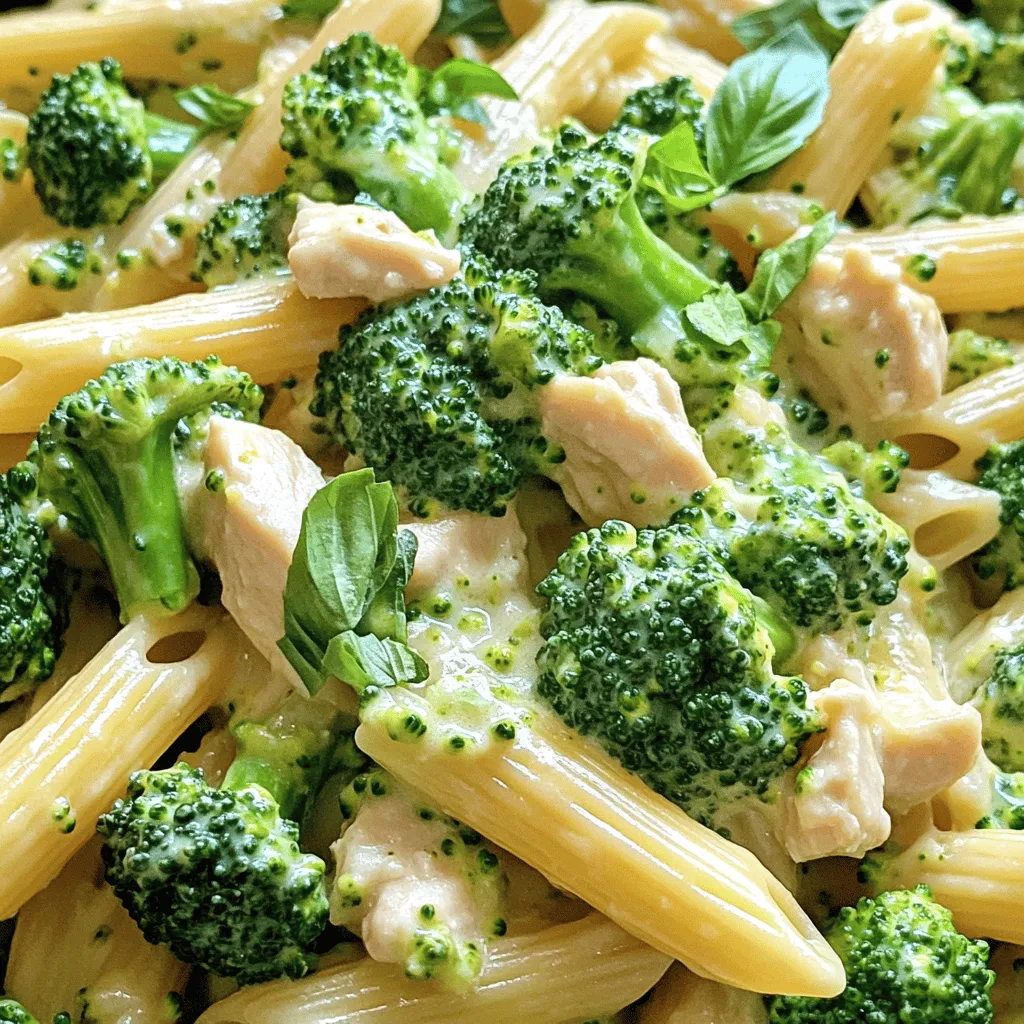 To whip up this creamy delight, gather these simple ingredients. They come together to create a dish you will love. - Penne pasta - Broccoli florets - Chicken breasts - Heavy cream - Chicken broth - Parmesan cheese - Garlic - Olive oil - Italian seasoning - Salt and pepper - Fresh basil (optional) Each ingredient plays a key role. The penne pasta gives a great base. Broccoli florets add color and nutrition. Chicken breasts provide protein. Heavy cream makes the sauce rich. Chicken broth adds flavor depth. Parmesan cheese offers a cheesy finish. Garlic brings a savory touch. Olive oil keeps everything moist. Italian seasoning adds warmth. Salt and pepper enhance all the flavors. Fresh basil can brighten the dish if you choose. You can grab all these items at most stores. Make sure to check your pantry for any staples you might already have. With these ingredients, you're ready to create a wonderful meal. For the full recipe, check the section below. First, bring a large pot of water to a boil. Add salt to the water for flavor. Cook 8 oz of penne pasta as the package says. When the pasta has about 3 minutes left, add 2 cups of broccoli florets. This cooks the broccoli just right. After that, drain both the pasta and broccoli together. Set them aside for later. Next, heat 2 tablespoons of olive oil in a large skillet over medium heat. Add 2 diced chicken breasts. Season the chicken with salt, pepper, and 1 teaspoon of Italian seasoning. Cook it for about 5 to 7 minutes until it turns golden brown and is cooked through. Then, stir in 3 minced garlic cloves. Cook for another minute until the garlic smells nice. Now, pour in 1 cup of low-sodium chicken broth. Bring this mixture to a gentle simmer. Let it reduce for about 2 to 3 minutes. Lower the heat and add 1 cup of heavy cream. Stir until everything is mixed well. Gradually add 1 cup of grated parmesan cheese. Keep stirring until the sauce is creamy and smooth. Finally, add the cooked penne and broccoli to the skillet. Toss everything together so the pasta and broccoli are fully coated in the creamy sauce. If your sauce seems too thick, you can add a splash of pasta water. Taste it and adjust the salt and pepper if needed. Serve hot and garnish with fresh basil if you like. Enjoy this creamy broccoli and chicken penne delight! For more details, check the Full Recipe. To make the cream sauce perfect, use low heat. High heat can burn the cream. Always stir gently and let the sauce simmer. This helps blend the flavors well. If the sauce seems too thick, add a splash of pasta water. This will keep it smooth and creamy. For the best chicken, start with small pieces. Diced chicken cooks faster and evenly. Make sure to season well with salt and pepper. This adds flavor from the start. Cook until each piece is golden brown. This gives a nice texture and taste to the dish. To boost flavor, try adding garlic early on. It gives a strong base for the sauce. You can also mix in fresh herbs like basil or parsley. These add freshness and color. A squeeze of lemon juice can brighten the dish, too. Always taste as you go to find the right balance. This way, your Creamy Broccoli and Chicken Penne will shine. For the complete details, check out the Full Recipe. {{image_2}} You can easily swap out chicken for more veggies. Try using mushrooms, bell peppers, or zucchini. These will add great taste and texture. Use vegetable broth instead of chicken broth. The creamy sauce remains tasty and rich. This way, you keep the dish colorful and healthy. If you want to change the protein, think about shrimp or tofu. Shrimp cooks quickly and adds a nice touch. Tofu is a great option for a plant-based meal. Just be sure to press it first to remove excess water. You can also use cooked turkey or even beef for a twist. For a gluten-free version, switch to gluten-free penne. Many brands offer pasta made from rice or corn. Check the package for cooking times, as they may vary. Also, make sure your chicken broth and cream are gluten-free. This way, everyone can enjoy this creamy delight! Feel free to explore these variations to make this dish your own. For the full recipe, check the detailed instructions above. You can keep your Creamy Broccoli and Chicken Penne in the fridge. Place it in an airtight container. This way, it stays fresh for up to three days. Make sure it's cooled down before you store it. If you have a lot, divide it into smaller portions. This helps when you want to grab a quick meal. Freezing is a great option if you want to save leftovers. Use a freezer-safe container or a heavy-duty freezer bag. Squeeze out as much air as possible to avoid freezer burn. The dish can last up to two months in the freezer. When you’re ready to eat it, let it thaw in the fridge overnight. Reheat your Creamy Broccoli and Chicken Penne on the stovetop for the best results. Add a splash of chicken broth or water to help loosen the sauce. Heat it over medium-low heat, stirring often. This keeps it creamy. You can also use the microwave. Place it in a microwave-safe dish and cover it loosely. Heat in short bursts, stirring in between, until hot. For the full recipe, check out the details above. Yes, you can use frozen broccoli. Frozen broccoli cooks faster and is easy to use. Just add it to the boiling pasta a minute before draining. It will soften nicely and blend well with the dish. You can use half-and-half or a rich coconut milk. Both options will give you creaminess. If you want a lighter choice, use Greek yogurt mixed with a little broth for a tangy flavor. To make it dairy-free, swap heavy cream with coconut milk or a non-dairy cream. Use nutritional yeast instead of parmesan for a cheesy taste without dairy. Adjust the seasoning to balance flavors. This dish pairs well with a side salad or garlic bread. You can also serve it with roasted vegetables for added color and nutrients. A light, crisp white wine can complement the flavors nicely. To make Creamy Broccoli and Chicken Penne, follow these steps closely. 1. Cook the pasta: Start by boiling 8 oz of penne pasta in salted water. When the pasta has about 3 minutes left, add in 2 cups of broccoli florets. Drain both together and set them aside. This method helps keep the broccoli bright and tender. 2. Prepare the chicken: In a large skillet, heat 2 tablespoons of olive oil over medium heat. Add 2 diced chicken breasts, seasoning with salt, pepper, and 1 teaspoon of Italian seasoning. Cook for 5-7 minutes until the chicken is golden and fully cooked. 3. Add garlic: Once the chicken is done, stir in 3 minced garlic cloves. Cook for 1 minute until it smells amazing. Garlic adds a rich flavor base for this dish. 4. Make the broth mixture: Pour in 1 cup of low-sodium chicken broth. Bring it to a gentle simmer and let it reduce for 2-3 minutes. This step deepens the flavor. 5. Create the creamy sauce: Lower the heat and mix in 1 cup of heavy cream. Stir until well blended. Gradually add 1 cup of grated parmesan cheese, mixing until the sauce is creamy and smooth. 6. Combine everything: Add the cooked penne and broccoli to the skillet. Toss them in the creamy sauce to coat every piece well. If the sauce feels too thick, add a splash of pasta water to thin it out. 7. Season to taste: Taste your dish and adjust the seasoning with salt and pepper as needed. This step ensures every bite is perfect. 8. Serve hot: Dish out the pasta while it’s hot. You can garnish it with fresh basil if you like. This adds a fresh touch and looks pretty too. Enjoy your Creamy Broccoli and Chicken Penne! It’s a lovely meal that combines simple ingredients into a delightful dish. For the full recipe, check the earlier section. This blog post shared a simple way to make Creamy Broccoli and Chicken Penne. We looked at key ingredients like penne pasta, broccoli, and chicken. I gave you step-by-step instructions to prepare each part, from cooking chicken to making the sauce. Tips for perfecting flavors were included, along with variations for different diets. I also discussed how to store and reheat leftovers. Cooking can be easy and fun. Enjoy making this dish and sharing it with others. Your meal will impress!