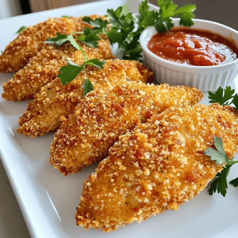 To make these tasty chicken tenders, you need just a few key items: - 1 pound chicken tenders - 1 cup breadcrumbs (preferably panko for extra crunch) - 1/2 cup grated Parmesan cheese - 1 teaspoon garlic powder - 1 teaspoon onion powder - 1 teaspoon dried Italian seasoning - 2 large eggs - 1 tablespoon Dijon mustard - Salt and pepper to taste - Cooking spray or olive oil for greasing These ingredients come together to create a crispy, cheesy coating that makes each bite delightful. You can add more flavor to your chicken tenders with some optional seasonings. Here are some ideas: - Smoked paprika for a hint of smokiness - Cayenne pepper for a little heat - Lemon zest for a fresh touch - Fresh herbs like thyme or rosemary for extra aroma Feel free to mix and match these spices to make the dish your own. Dipping sauces can take your chicken tenders to the next level. Here are some crowd-pleasers: - Marinara sauce for a classic twist - Honey mustard for a sweet and tangy kick - Ranch dressing for a creamy option - BBQ sauce for a smoky flavor Serve your tenders with one or more of these dips for a fun, tasty experience. For the full recipe, check out the complete instructions above. Start by gathering all your ingredients. You will need chicken tenders, breadcrumbs, and Parmesan cheese. Make sure your chicken is fresh and thawed if frozen. Next, preheat your oven to 425°F (220°C). Lining a baking sheet with parchment paper helps make clean-up easy. It also helps the chicken crisp up nicely. In a shallow dish, mix the breadcrumbs, Parmesan cheese, garlic powder, onion powder, and Italian seasoning. This blend gives your chicken a tasty crust. Add salt and pepper to taste. In another bowl, whisk the eggs and Dijon mustard together. This mixture helps the breadcrumbs stick to the chicken. Now, take each chicken tender and dip it into the egg mixture. Let any extra egg drip off. Immediately place it into the breadcrumb mix. Press down to coat every side of the chicken. This ensures a good crunch. Place the coated chicken tenders on your prepared baking sheet. For extra crispiness, lightly spray the tops with cooking spray or drizzle with olive oil. Bake your chicken tenders in the preheated oven for 15 to 20 minutes. You want them cooked through and golden brown. To make them even crispier, turn on the broiler for the last 2 to 3 minutes. After baking, let the chicken cool for a few minutes before serving. This waiting time helps keep the juices inside. For a great touch, serve them with marinara sauce or honey mustard for dipping. Enjoy your delicious Oven-Baked Crispy Parmesan Chicken Tenders! For the full details on ingredients and more, check out the Full Recipe. To get that perfect crispiness, choose panko breadcrumbs. They create a light, crunchy coating. Make sure to coat the chicken evenly with the egg mixture. Let any excess drip off to avoid sogginess. After breading, lightly spray the chicken with cooking oil. This helps it brown well in the oven. Bake at 425°F (220°C) to achieve that golden look. If you want extra crispiness, broil for 2-3 minutes at the end. One common mistake is overcrowding the baking sheet. Leave space between each tender. This allows hot air to circulate and crisp everything up. Another mistake is skipping the oil spray. Without it, the tenders may not brown properly. Also, keep an eye on cooking time. Overbaking can lead to dry chicken. Use a meat thermometer to check for doneness; it should read 165°F (74°C). Serve your chicken tenders hot for the best taste. Arrange them on a platter for a nice look. Pair them with sauces like marinara or honey mustard. Fresh herbs, like parsley, add color and flavor. If you want to make it a meal, serve with a side salad or roasted veggies. This balances the meal and keeps it fresh. For the full recipe, check the section above. Enjoy your delicious creation! {{image_2}} You can change the taste of your chicken tenders easily. For a spicy kick, add cayenne pepper to the breadcrumb mix. A little goes a long way! If you love a smoky flavor, try smoked paprika instead. You can also mix in some lemon zest for a fresh twist. Each option adds a unique touch to your dish. If you need a gluten-free version, use gluten-free breadcrumbs. Many brands offer these now. You can also grind gluten-free crackers into crumbs. They work well and add a nice flavor. Just be sure to check the labels for any hidden gluten. Dipping sauces can make your chicken tenders even better. Try honey mustard for a sweet and tangy taste. BBQ sauce is always a favorite, too. For something different, mix yogurt with fresh herbs for a cool dip. A spicy sriracha mayo also adds a fun kick. Each sauce can change the whole meal! For more details on making these tasty tenders, check out the Full Recipe. After making your oven-baked crispy Parmesan chicken tenders, let them cool. Store them in an airtight container. They will stay fresh for up to three days in the fridge. To keep them crispy, place a paper towel at the bottom of the container. This helps absorb moisture. You can freeze the chicken tenders if you have leftovers. First, let them cool completely. Then, place them in a single layer on a baking sheet. Freeze them for about one hour. After that, transfer them to a freezer bag. They can last in the freezer for up to three months. Label the bag with the date for easy tracking. To reheat your chicken tenders, preheat the oven to 375°F (190°C). Place the tenders on a baking sheet. This helps them get crispy again. Bake for about 10-15 minutes or until heated through. You can also use an air fryer for reheating. Just set it to 350°F (175°C) for about 5-7 minutes. This gives you that fresh-out-of-the-oven taste. Enjoy your meal! For the full recipe, check the earlier section. You should bake chicken tenders for 15 to 20 minutes. This time allows the chicken to cook through. The coating will become golden and crispy. Always check the chicken's internal temperature. It should reach 165°F (75°C) for safety. Yes, you can use frozen chicken tenders. However, you need to adjust the cooking time. Frozen tenders may take longer to bake. I suggest following the package instructions for best results. Thawing them first can also help ensure even cooking. You can use crushed cornflakes or oats as substitutes for breadcrumbs. Panko breadcrumbs give a nice crunch, but alternatives work well too. You can also try ground nuts for a unique flavor. Each option will change the texture slightly, but all are tasty. To make chicken tenders extra crispy, use panko breadcrumbs. They are lighter and crispier than regular breadcrumbs. Also, lightly spray the tops with cooking oil before baking. Lastly, broil the tenders for the last few minutes. This creates a delightful crunch. For the full recipe, check the earlier section. You now have a clear guide to making crispy Parmesan chicken tenders. We explored key ingredients, the proper baking steps, and tips for achieving perfect crunch. Remember to try various flavors and sauces to keep things exciting. Store leftovers correctly to enjoy them later. Cooking should be fun and satisfying. With these steps, you can make a meal that everyone loves. Now, it’s time to get cooking and impress your family with your tasty chicken tenders!