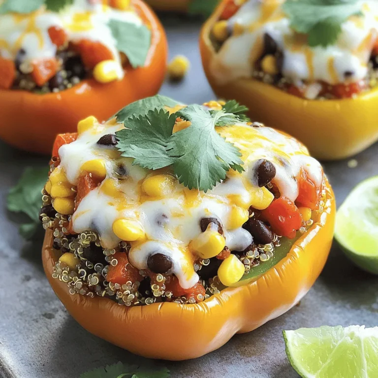 - 4 medium bell peppers (any color) - 1 cup cooked quinoa - 1 can (15 oz) black beans, drained and rinsed - 1 cup corn kernels (fresh or frozen) - 1 cup diced tomatoes (canned or fresh) - 1 teaspoon cumin - 1 teaspoon smoked paprika - 1 teaspoon garlic powder - Salt and pepper to taste - ½ cup shredded cheddar cheese (optional) - ¼ cup fresh cilantro, chopped - Lime wedges for serving Stuffed bell peppers are not only tasty but also very healthy. The bell peppers provide vitamins A and C. Quinoa offers protein and fiber, making this dish filling. Black beans add extra protein and iron. Corn gives a nice sweetness and crunch to the mix. You can adjust the spices to fit your taste. If you like it spicy, add some chili powder. If you prefer mild, skip the heat. The choice is yours! Feel free to mix in other ingredients too. You can add spinach for more greens or even some ground meat for a heartier meal. Using fresh herbs like cilantro adds great flavor. And don’t forget the lime wedges! They really brighten up the dish. For a complete recipe, check out the Full Recipe section. Enjoy these stuffed bell peppers as a main dish or a side. They are sure to impress! - Preheat the oven to 375°F (190°C). - Cut the tops off the bell peppers and remove the seeds and membranes. This keeps the peppers tender and helps the filling shine. - Combine all filling ingredients in a bowl. You can use cooked quinoa, black beans, corn, diced tomatoes, cumin, smoked paprika, garlic powder, salt, and pepper. Mix well until everything is blended. - Stuff each pepper with the filling mixture. Press down a bit to pack it in, ensuring a hearty bite. - Place peppers in a baking dish and add water. This helps steam the peppers while they bake, making them soft and juicy. - Cover with foil and bake for 25 minutes. Then uncover and bake for an additional 10 minutes. This browns the tops and melts the cheese if you added it. Check out the Full Recipe for more details on making these delicious stuffed bell peppers. - Use fresh ingredients for maximum flavor. Fresh bell peppers give the best taste. - Adjust spice levels according to preference. Add more cumin or chili for heat. - Pair with a side salad or rice. This adds more texture and taste. - Add a dollop of sour cream or yogurt on top. This adds creaminess and coolness. - Bell peppers are high in vitamins A and C. They boost your immune system. - Quinoa offers protein and fiber. This helps you feel full and satisfied. - Each serving has about 300 calories. Adjust based on added toppings like cheese. {{image_2}} You can switch up the stuffing in many ways. If you want a different taste, swap quinoa for rice or another grain you like. Rice gives a softer texture and works well. For a heartier option, add ground turkey or sausage to the mix. This choice packs in more protein and flavor, making it a filling meal. If you prefer a plant-based dish, you can easily modify the recipe. Omit the cheese entirely for a vegan option. You can also include more veggies like spinach or zucchini. These additions boost the nutrition and add color to your plate. The flavors blend well with the other ingredients, creating a tasty dish that everyone will enjoy. When cooking for special diets, stuffed peppers can be quite flexible. For gluten-free options, ensure your grains and sauces are certified gluten-free. You can use quinoa, which is naturally gluten-free, as a great base. Always check ingredient labels to avoid hidden allergens. This way, you can enjoy stuffed peppers safely and deliciously! To store leftover stuffed bell peppers, let them cool down first. Place them in a container with a tight lid. You can refrigerate them for up to four days. If you want to keep them longer, freeze the peppers. Use freezer-safe bags or containers. They can last for up to three months in the freezer. Just remember to label the bags with the date. This way, you won't forget when you made them. When reheating stuffed peppers, you want to keep them moist. The best way to do this is in the oven. Preheat your oven to 350°F (175°C). Place the peppers in a baking dish. Add a splash of water at the bottom of the dish. Cover it with foil. Heat for about 20 minutes. If you use a microwave, place the pepper on a microwave-safe plate. Add a little water and cover it with a damp paper towel. Heat in short bursts of 1-2 minutes. Check to make sure they don’t dry out. Enjoy your tasty meal again! For the full recipe, check out the earlier section. To choose the best bell peppers, look for ones that are firm and shiny. They should feel heavy for their size. The color can vary, but red, yellow, and green all work well. Pick peppers with no soft spots or blemishes. The size matters too; medium peppers fit well in most baking dishes. Yes, you can prepare stuffed peppers in advance. You can stuff them and then store them in the fridge. Just cover them tightly with plastic wrap. They can stay fresh for up to two days. When you're ready to bake, take them out and let them sit at room temperature for about 30 minutes. To add heat to stuffed peppers, you can mix in chopped jalapeños or diced green chilies. You can also add red pepper flakes to the stuffing. If you enjoy hot sauce, drizzle it on top before baking. Experimenting with spices can lead to a fun flavor boost. Many cheeses work well for stuffed peppers. Cheddar is a popular choice because it melts nicely. You can also try mozzarella for a gooey texture. Feta adds a tangy flavor, while pepper jack gives a spicy kick. Choose any cheese that you enjoy for a tasty topping. Stuffed peppers are a healthy, tasty dish you can easily make. We covered key ingredients, simple steps, and tips for cooking. You learned how to tailor the recipe to fit your taste. Remember, stuffing options are endless, so get creative! Whether you prefer classic or spicy, the choice is yours. Enjoy experimenting and sharing this dish with friends and family. It’s a fun way to eat well and make mealtime special. Dive into stuffed peppers today and savor every bite!