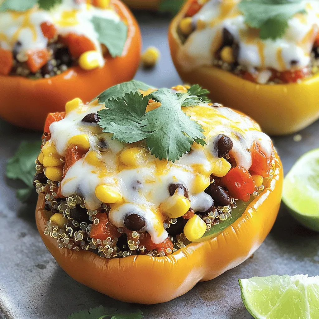 - 4 medium bell peppers (any color) - 1 cup cooked quinoa - 1 can (15 oz) black beans, drained and rinsed - 1 cup corn kernels (fresh or frozen) - 1 cup diced tomatoes (canned or fresh) - 1 teaspoon cumin - 1 teaspoon smoked paprika - 1 teaspoon garlic powder - Salt and pepper to taste - ½ cup shredded cheddar cheese (optional) - ¼ cup fresh cilantro, chopped - Lime wedges for serving Stuffed bell peppers are not only tasty but also very healthy. The bell peppers provide vitamins A and C. Quinoa offers protein and fiber, making this dish filling. Black beans add extra protein and iron. Corn gives a nice sweetness and crunch to the mix. You can adjust the spices to fit your taste. If you like it spicy, add some chili powder. If you prefer mild, skip the heat. The choice is yours! Feel free to mix in other ingredients too. You can add spinach for more greens or even some ground meat for a heartier meal. Using fresh herbs like cilantro adds great flavor. And don’t forget the lime wedges! They really brighten up the dish. For a complete recipe, check out the Full Recipe section. Enjoy these stuffed bell peppers as a main dish or a side. They are sure to impress! - Preheat the oven to 375°F (190°C). - Cut the tops off the bell peppers and remove the seeds and membranes. This keeps the peppers tender and helps the filling shine. - Combine all filling ingredients in a bowl. You can use cooked quinoa, black beans, corn, diced tomatoes, cumin, smoked paprika, garlic powder, salt, and pepper. Mix well until everything is blended. - Stuff each pepper with the filling mixture. Press down a bit to pack it in, ensuring a hearty bite. - Place peppers in a baking dish and add water. This helps steam the peppers while they bake, making them soft and juicy. - Cover with foil and bake for 25 minutes. Then uncover and bake for an additional 10 minutes. This browns the tops and melts the cheese if you added it. Check out the Full Recipe for more details on making these delicious stuffed bell peppers. - Use fresh ingredients for maximum flavor. Fresh bell peppers give the best taste. - Adjust spice levels according to preference. Add more cumin or chili for heat. - Pair with a side salad or rice. This adds more texture and taste. - Add a dollop of sour cream or yogurt on top. This adds creaminess and coolness. - Bell peppers are high in vitamins A and C. They boost your immune system. - Quinoa offers protein and fiber. This helps you feel full and satisfied. - Each serving has about 300 calories. Adjust based on added toppings like cheese. {{image_2}} You can switch up the stuffing in many ways. If you want a different taste, swap quinoa for rice or another grain you like. Rice gives a softer texture and works well. For a heartier option, add ground turkey or sausage to the mix. This choice packs in more protein and flavor, making it a filling meal. If you prefer a plant-based dish, you can easily modify the recipe. Omit the cheese entirely for a vegan option. You can also include more veggies like spinach or zucchini. These additions boost the nutrition and add color to your plate. The flavors blend well with the other ingredients, creating a tasty dish that everyone will enjoy. When cooking for special diets, stuffed peppers can be quite flexible. For gluten-free options, ensure your grains and sauces are certified gluten-free. You can use quinoa, which is naturally gluten-free, as a great base. Always check ingredient labels to avoid hidden allergens. This way, you can enjoy stuffed peppers safely and deliciously! To store leftover stuffed bell peppers, let them cool down first. Place them in a container with a tight lid. You can refrigerate them for up to four days. If you want to keep them longer, freeze the peppers. Use freezer-safe bags or containers. They can last for up to three months in the freezer. Just remember to label the bags with the date. This way, you won't forget when you made them. When reheating stuffed peppers, you want to keep them moist. The best way to do this is in the oven. Preheat your oven to 350°F (175°C). Place the peppers in a baking dish. Add a splash of water at the bottom of the dish. Cover it with foil. Heat for about 20 minutes. If you use a microwave, place the pepper on a microwave-safe plate. Add a little water and cover it with a damp paper towel. Heat in short bursts of 1-2 minutes. Check to make sure they don’t dry out. Enjoy your tasty meal again! For the full recipe, check out the earlier section. To choose the best bell peppers, look for ones that are firm and shiny. They should feel heavy for their size. The color can vary, but red, yellow, and green all work well. Pick peppers with no soft spots or blemishes. The size matters too; medium peppers fit well in most baking dishes. Yes, you can prepare stuffed peppers in advance. You can stuff them and then store them in the fridge. Just cover them tightly with plastic wrap. They can stay fresh for up to two days. When you're ready to bake, take them out and let them sit at room temperature for about 30 minutes. To add heat to stuffed peppers, you can mix in chopped jalapeños or diced green chilies. You can also add red pepper flakes to the stuffing. If you enjoy hot sauce, drizzle it on top before baking. Experimenting with spices can lead to a fun flavor boost. Many cheeses work well for stuffed peppers. Cheddar is a popular choice because it melts nicely. You can also try mozzarella for a gooey texture. Feta adds a tangy flavor, while pepper jack gives a spicy kick. Choose any cheese that you enjoy for a tasty topping. Stuffed peppers are a healthy, tasty dish you can easily make. We covered key ingredients, simple steps, and tips for cooking. You learned how to tailor the recipe to fit your taste. Remember, stuffing options are endless, so get creative! Whether you prefer classic or spicy, the choice is yours. Enjoy experimenting and sharing this dish with friends and family. It’s a fun way to eat well and make mealtime special. Dive into stuffed peppers today and savor every bite!