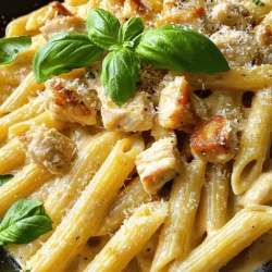 To make this dish shine, gather these main ingredients: - 8 oz penne pasta - 1 lb boneless, skinless chicken breasts, diced - 2 tablespoons olive oil - 3 cloves garlic, minced These ingredients form the base of your creamy chicken penne. The penne provides a great shape for the sauce, while the chicken adds protein. Olive oil helps to cook the chicken, and garlic gives flavor. Next, you’ll need some key pantry items: - 1 cup heavy cream - 1/2 cup chicken broth - 1 cup grated Parmesan cheese Heavy cream makes the dish rich and creamy. Chicken broth adds depth, while Parmesan cheese brings a salty, nutty taste. These items are essential for a delightful sauce. To finish, use these seasonings and garnishes: - 1 teaspoon dried Italian seasoning - Salt and pepper to taste - Fresh basil leaves for garnish Dried Italian seasoning adds nice herbal notes. Salt and pepper enhance all the flavors. Fresh basil leaves on top give a pop of color and taste. For the complete recipe, check the Full Recipe link. - Preparing the pasta: Boil a large pot of salted water. Add 8 oz of penne pasta. Cook until al dente, about 10-12 minutes. Drain and set aside. - Dicing the chicken: Take 1 lb of boneless, skinless chicken breasts. Use a sharp knife to dice the chicken into small, even pieces. This helps it cook quickly and evenly. - Chopping garlic: Grab 3 cloves of garlic. Peel and mince them finely. Fresh garlic adds a great flavor to the dish. - Heating the olive oil: Pour 2 tablespoons of olive oil into a large skillet. Heat it over medium heat. This oil adds richness and helps cook the chicken perfectly. - Browning the chicken: Add the diced chicken to the hot skillet. Season with salt and pepper. Cook for about 6-8 minutes. Make sure the chicken is golden brown and cooked through. Remove it from the skillet and set it aside. - Sautéing the garlic: In the same skillet, add the minced garlic. Sauté for about 1 minute. You want it to be fragrant but not burnt. - Adding broth and cream: Pour in 1/2 cup of chicken broth and 1 cup of heavy cream. Stir well to mix. Bring the mixture to a gentle simmer. This creates a rich base for your sauce. - Incorporating cheese and seasonings: Gradually add 1 cup of grated Parmesan cheese and 1 teaspoon of dried Italian seasoning. Stir until the cheese melts and the sauce is creamy. Taste and adjust seasoning with salt and pepper if needed. After these steps, return the cooked chicken to the skillet. Add the drained penne pasta and toss everything together. This simple process brings all the flavors together for a delightful meal. For the complete recipe, check out the Full Recipe. To cook perfect penne, aim for al dente pasta. This means the pasta should be firm but not hard. Follow the package time closely. Start testing a minute or two before the time is up. This way, you get the right texture. Timing is key when mixing pasta with sauce. Drain the penne just before you finish your sauce. This allows you to toss the pasta in the sauce right away. This keeps the pasta warm and helps it soak up the flavors. To ensure your chicken is cooked through, check for an internal temperature of 165°F. A meat thermometer helps with this. Cut into a piece to check if it’s no longer pink. This way, you can be sure it’s safe to eat. If you want alternatives, try shrimp or tofu. Both cook quickly and offer new flavors. Shrimp adds a sweet taste while tofu absorbs the sauce well. Adjusting the cream helps you control the sauce's thickness. For a thicker sauce, let it simmer longer. If it’s too thick, add a splash of chicken broth or water. This makes it creamier without losing flavor. To enhance flavor, consider adding spices or herbs. A pinch of red pepper flakes can add heat. Fresh herbs like parsley or thyme can brighten the dish. For a unique twist, add sun-dried tomatoes or lemon zest. They can elevate the taste of your creamy chicken penne. For the complete dish, refer to the Full Recipe. {{image_2}} You can switch up the pasta for fun! Here are two great choices: - Gluten-free options: Use gluten-free penne if you need to avoid gluten. Many brands offer tasty alternatives that cook just like regular pasta. - Substituting with whole wheat penne: Whole wheat penne adds fiber and a nutty taste. It makes the dish healthier while keeping it satisfying. Don't be afraid to mix things up! Here are some ideas: - Using different proteins: You can swap chicken for shrimp or tofu. Both options give a different flavor and texture. Shrimp cooks fast, while tofu is great for a vegetarian choice. - Incorporating vegetables: Add veggies like spinach or mushrooms to boost nutrition. Spinach wilts nicely, while mushrooms add a rich, earthy taste. Spice things up with these tips: - Adding spices: A pinch of red pepper flakes gives a nice kick. Adjust the amount to your spice level. - Incorporating sun-dried tomatoes or lemon zest: Sun-dried tomatoes add a sweet, tangy flavor. Lemon zest brightens the dish, making it more refreshing. Feel free to explore these variations! You can make Creamy Chicken Penne your own. For the full recipe, check out the [Full Recipe]. When you have leftover creamy chicken penne, cool it first. Place it in an airtight container. This keeps the pasta fresh. Store it in the fridge for up to three days. If you use glass containers, they work well too. They help you see what’s inside. To freeze chicken penne, let it cool completely. Use freezer-safe containers or bags. Remove as much air as possible. This helps prevent freezer burn. You can freeze it for up to three months. When you’re ready to eat, let it thaw in the fridge overnight. Reheat it slowly in a pan or microwave. Add a splash of cream to keep it creamy. For the best taste, use your creamy chicken penne within three days if refrigerated. When frozen, it stays good for about three months. Check for signs of spoilage. If it smells sour or looks discolored, it’s best to toss it. Fresh food makes for the best meals! Yes, you can make Creamy Chicken Penne ahead of time. Cook the pasta and sauce, then combine them. Store it in the fridge for up to three days. Reheat gently on the stove or in the microwave before serving. This will save you time on busy nights. You can use several substitutes for Parmesan cheese. Pecorino Romano is a good option with a strong flavor. Grana Padano also works well and is milder. For a dairy-free choice, try nutritional yeast. It gives a cheesy flavor without the dairy. Yes, this recipe is great for meal prep. You can divide the dish into portions and store them in containers. This makes it easy to grab a meal during the week. Just remember to reheat it on low heat to keep the cream sauce smooth. To make this recipe healthier, you can use whole wheat penne. This adds fiber and nutrients. You can also replace heavy cream with low-fat milk or a plant-based cream. Adding vegetables like spinach or broccoli increases the nutrition and flavor. A crisp white wine pairs well with Creamy Chicken Penne. A Pinot Grigio or Sauvignon Blanc works nicely. These wines enhance the creaminess without overpowering the dish. Enjoying a glass can elevate your meal experience. For the complete cooking instructions, check the Full Recipe! This blog post covered how to make a delicious creamy chicken penne. We talked about the main ingredients like pasta, chicken, and garlic. The step-by-step instructions guide you from prep to cooking. Tips shared ensure perfect pasta and sauce. You can also experiment with variations and swaps for your taste. Lastly, proper storage has been outlined to keep your meal fresh. Enjoy this dish, knowing it’s customizable and easy to store for later.