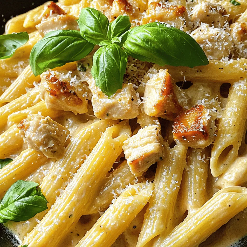 To make this dish shine, gather these main ingredients: - 8 oz penne pasta - 1 lb boneless, skinless chicken breasts, diced - 2 tablespoons olive oil - 3 cloves garlic, minced These ingredients form the base of your creamy chicken penne. The penne provides a great shape for the sauce, while the chicken adds protein. Olive oil helps to cook the chicken, and garlic gives flavor. Next, you’ll need some key pantry items: - 1 cup heavy cream - 1/2 cup chicken broth - 1 cup grated Parmesan cheese Heavy cream makes the dish rich and creamy. Chicken broth adds depth, while Parmesan cheese brings a salty, nutty taste. These items are essential for a delightful sauce. To finish, use these seasonings and garnishes: - 1 teaspoon dried Italian seasoning - Salt and pepper to taste - Fresh basil leaves for garnish Dried Italian seasoning adds nice herbal notes. Salt and pepper enhance all the flavors. Fresh basil leaves on top give a pop of color and taste. For the complete recipe, check the Full Recipe link. - Preparing the pasta: Boil a large pot of salted water. Add 8 oz of penne pasta. Cook until al dente, about 10-12 minutes. Drain and set aside. - Dicing the chicken: Take 1 lb of boneless, skinless chicken breasts. Use a sharp knife to dice the chicken into small, even pieces. This helps it cook quickly and evenly. - Chopping garlic: Grab 3 cloves of garlic. Peel and mince them finely. Fresh garlic adds a great flavor to the dish. - Heating the olive oil: Pour 2 tablespoons of olive oil into a large skillet. Heat it over medium heat. This oil adds richness and helps cook the chicken perfectly. - Browning the chicken: Add the diced chicken to the hot skillet. Season with salt and pepper. Cook for about 6-8 minutes. Make sure the chicken is golden brown and cooked through. Remove it from the skillet and set it aside. - Sautéing the garlic: In the same skillet, add the minced garlic. Sauté for about 1 minute. You want it to be fragrant but not burnt. - Adding broth and cream: Pour in 1/2 cup of chicken broth and 1 cup of heavy cream. Stir well to mix. Bring the mixture to a gentle simmer. This creates a rich base for your sauce. - Incorporating cheese and seasonings: Gradually add 1 cup of grated Parmesan cheese and 1 teaspoon of dried Italian seasoning. Stir until the cheese melts and the sauce is creamy. Taste and adjust seasoning with salt and pepper if needed. After these steps, return the cooked chicken to the skillet. Add the drained penne pasta and toss everything together. This simple process brings all the flavors together for a delightful meal. For the complete recipe, check out the Full Recipe. To cook perfect penne, aim for al dente pasta. This means the pasta should be firm but not hard. Follow the package time closely. Start testing a minute or two before the time is up. This way, you get the right texture. Timing is key when mixing pasta with sauce. Drain the penne just before you finish your sauce. This allows you to toss the pasta in the sauce right away. This keeps the pasta warm and helps it soak up the flavors. To ensure your chicken is cooked through, check for an internal temperature of 165°F. A meat thermometer helps with this. Cut into a piece to check if it’s no longer pink. This way, you can be sure it’s safe to eat. If you want alternatives, try shrimp or tofu. Both cook quickly and offer new flavors. Shrimp adds a sweet taste while tofu absorbs the sauce well. Adjusting the cream helps you control the sauce's thickness. For a thicker sauce, let it simmer longer. If it’s too thick, add a splash of chicken broth or water. This makes it creamier without losing flavor. To enhance flavor, consider adding spices or herbs. A pinch of red pepper flakes can add heat. Fresh herbs like parsley or thyme can brighten the dish. For a unique twist, add sun-dried tomatoes or lemon zest. They can elevate the taste of your creamy chicken penne. For the complete dish, refer to the Full Recipe. {{image_2}} You can switch up the pasta for fun! Here are two great choices: - Gluten-free options: Use gluten-free penne if you need to avoid gluten. Many brands offer tasty alternatives that cook just like regular pasta. - Substituting with whole wheat penne: Whole wheat penne adds fiber and a nutty taste. It makes the dish healthier while keeping it satisfying. Don't be afraid to mix things up! Here are some ideas: - Using different proteins: You can swap chicken for shrimp or tofu. Both options give a different flavor and texture. Shrimp cooks fast, while tofu is great for a vegetarian choice. - Incorporating vegetables: Add veggies like spinach or mushrooms to boost nutrition. Spinach wilts nicely, while mushrooms add a rich, earthy taste. Spice things up with these tips: - Adding spices: A pinch of red pepper flakes gives a nice kick. Adjust the amount to your spice level. - Incorporating sun-dried tomatoes or lemon zest: Sun-dried tomatoes add a sweet, tangy flavor. Lemon zest brightens the dish, making it more refreshing. Feel free to explore these variations! You can make Creamy Chicken Penne your own. For the full recipe, check out the [Full Recipe]. When you have leftover creamy chicken penne, cool it first. Place it in an airtight container. This keeps the pasta fresh. Store it in the fridge for up to three days. If you use glass containers, they work well too. They help you see what’s inside. To freeze chicken penne, let it cool completely. Use freezer-safe containers or bags. Remove as much air as possible. This helps prevent freezer burn. You can freeze it for up to three months. When you’re ready to eat, let it thaw in the fridge overnight. Reheat it slowly in a pan or microwave. Add a splash of cream to keep it creamy. For the best taste, use your creamy chicken penne within three days if refrigerated. When frozen, it stays good for about three months. Check for signs of spoilage. If it smells sour or looks discolored, it’s best to toss it. Fresh food makes for the best meals! Yes, you can make Creamy Chicken Penne ahead of time. Cook the pasta and sauce, then combine them. Store it in the fridge for up to three days. Reheat gently on the stove or in the microwave before serving. This will save you time on busy nights. You can use several substitutes for Parmesan cheese. Pecorino Romano is a good option with a strong flavor. Grana Padano also works well and is milder. For a dairy-free choice, try nutritional yeast. It gives a cheesy flavor without the dairy. Yes, this recipe is great for meal prep. You can divide the dish into portions and store them in containers. This makes it easy to grab a meal during the week. Just remember to reheat it on low heat to keep the cream sauce smooth. To make this recipe healthier, you can use whole wheat penne. This adds fiber and nutrients. You can also replace heavy cream with low-fat milk or a plant-based cream. Adding vegetables like spinach or broccoli increases the nutrition and flavor. A crisp white wine pairs well with Creamy Chicken Penne. A Pinot Grigio or Sauvignon Blanc works nicely. These wines enhance the creaminess without overpowering the dish. Enjoying a glass can elevate your meal experience. For the complete cooking instructions, check the Full Recipe! This blog post covered how to make a delicious creamy chicken penne. We talked about the main ingredients like pasta, chicken, and garlic. The step-by-step instructions guide you from prep to cooking. Tips shared ensure perfect pasta and sauce. You can also experiment with variations and swaps for your taste. Lastly, proper storage has been outlined to keep your meal fresh. Enjoy this dish, knowing it’s customizable and easy to store for later.