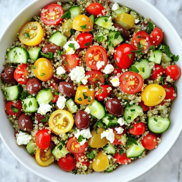 The Mediterranean Quinoa Salad shines with fresh, vibrant ingredients. Here’s what you need: - 1 cup quinoa (rinsed) - 2 cups vegetable broth or water - 1 cup cherry tomatoes, halved - 1 cucumber, diced - 1 red bell pepper, diced - 1/2 red onion, finely chopped - 1/2 cup Kalamata olives, pitted and sliced - 1/2 cup feta cheese, crumbled - 1/4 cup fresh parsley, chopped - 1/4 cup olive oil - 2 tablespoons lemon juice - 1 teaspoon dried oregano - Salt and pepper to taste These ingredients make a colorful salad. Each one adds a unique flavor and texture. Quinoa is a superfood. It is high in protein and fiber. This grain keeps you full and helps digestion. Tomatoes are rich in vitamins C and K. They also contain antioxidants. They help fight inflammation and boost skin health. Cucumbers are hydrating and low in calories. They help you stay refreshed and cool. Red bell peppers are packed with vitamin A and C. They support your immune system and skin. Red onions add flavor and contain quercetin. This helps reduce blood pressure and promotes heart health. Kalamata olives offer healthy fats. They support brain health and reduce bad cholesterol. Feta cheese adds creaminess. It contains calcium for strong bones. Parsley is full of vitamins and minerals. It aids in digestion and adds freshness. Olive oil is a healthy fat. It lowers the risk of heart disease. Lemon juice adds brightness and vitamin C. It helps with hydration and digestion. You can easily swap some ingredients for variety. Here are my suggestions: - Quinoa: Use farro or brown rice for a different grain. - Cherry Tomatoes: Substitute with diced regular tomatoes or sun-dried tomatoes. - Cucumber: Try zucchini or bell pepper instead. - Feta Cheese: Use goat cheese or omit for a vegan option. - Olives: Swap Kalamata with green olives for a different flavor. - Fresh Parsley: Replace with cilantro or basil for a fresh twist. Feel free to mix and match based on your taste. Enjoy creating your own version of this salad. For the full recipe, check the earlier section. To make this salad, you start with the quinoa. I recommend using one cup of rinsed quinoa. Rinsing removes the bitter coating. In a medium saucepan, add the quinoa and two cups of vegetable broth or water. Bring this mixture to a boil over medium-high heat. Once it's boiling, reduce the heat to low. Cover the pot and simmer for 15 minutes. The quinoa will be fluffy when done. Remove it from heat and let it sit for an extra five minutes. Fluff the quinoa with a fork and let it cool to room temperature. Now, let’s put the salad together. In a large mixing bowl, combine the cooled quinoa with the colorful veggies. Add one cup of halved cherry tomatoes, one diced cucumber, and one diced red bell pepper. Next, toss in half a finely chopped red onion and half a cup of sliced Kalamata olives. Don’t forget half a cup of crumbled feta cheese and a quarter cup of chopped fresh parsley. This mix gives the salad great flavor and texture. The dressing is simple but adds a lot of taste. In a small bowl, whisk together a quarter cup of olive oil and two tablespoons of lemon juice. Add one teaspoon of dried oregano, along with salt and pepper to taste. Once mixed, pour this dressing over the salad. Gently toss everything to combine. Make sure all the ingredients are well coated. For the best flavor, chill the salad in the refrigerator for at least 30 minutes before serving. This allows the tastes to blend beautifully. For the full recipe, refer to the earlier section. You can prepare your Mediterranean quinoa salad ahead of time. Cook the quinoa the day before. Store it in the fridge until you are ready to mix the salad. You can also chop the veggies in advance. Keep them in a sealed container. This saves time and makes the process easy. When you are ready to serve, mix everything together. Add the dressing just before serving. This keeps the salad fresh and crunchy. To boost the flavor, use fresh herbs. Fresh parsley adds a bright taste. You can also try fresh mint for a twist. Use high-quality olive oil for a rich flavor. Let the salad chill for at least 30 minutes. This allows the flavors to blend well. Taste it before serving. Adjust the salt and pepper to your liking. A squeeze of lemon juice can brighten the dish even more. One common mistake is overcooking the quinoa. This can make it mushy. Always rinse quinoa before cooking. This removes the bitter coating. Another mistake is adding the dressing too early. It can make the salad soggy. Also, don't skip the cooling step. Warm quinoa can wilt the veggies. Lastly, avoid using too much salt in the dressing. You can always add more later. Follow these tips to make your Mediterranean quinoa salad shine. For the full recipe, check the earlier sections. {{image_2}} You can easily make this salad vegetarian or vegan. Simply skip the feta cheese. Instead, use avocado for creaminess. You can also try adding more nuts or seeds for texture. A sprinkle of nutritional yeast adds a cheesy flavor without dairy. Want more protein? You can add chickpeas or black beans. Both options blend well with the flavors. You can also toss in cooked lentils or grilled chicken. For a seafood twist, add shrimp or tuna. These add-ins boost the meal's nutrition. This salad is naturally gluten-free. Quinoa is a great grain choice for those with gluten issues. Just ensure your broth or water is safe. If you're nut-free, skip the nuts and seeds. You can still enjoy a tasty dish without these items. This salad remains fresh and bright, even with these changes. Try the Full Recipe to explore all these variations! After you enjoy your Mediterranean quinoa salad, store any leftovers in an airtight container. This keeps the salad fresh and tasty. Place the container in the fridge. It will stay good for about 3 to 4 days. If you notice any sogginess, add a bit more olive oil or lemon juice before you eat it again. You can freeze quinoa salad, but it may change texture. To freeze, place the salad in a freezer-safe bag. Remove all the air to prevent freezer burn. It can last about 2 to 3 months in the freezer. Thaw it in the fridge overnight before eating. You might want to add fresh veggies and dressing after thawing for better taste. If you want to reheat the salad, warm it gently in a pan. Heat on low, stirring often. This helps keep the flavors. You can also serve it cold or at room temperature. For a fresh touch, add a sprinkle of feta or a drizzle of olive oil before serving. Enjoy it as a side or a light meal. Check the [Full Recipe] for more details on ingredients and preparation. Yes, you can make Mediterranean Quinoa Salad in advance. It tastes even better after sitting in the fridge. The flavors mix well, which enhances the taste. I recommend making it a day ahead. Just store it in an airtight container. This way, you save time and enjoy a quick meal. You can add many vegetables to the salad. Some good choices are: - Spinach - Arugula - Carrots - Zucchini - Bell peppers (any color) Feel free to mix and match. Each vegetable adds its own flavor and nutrients. Use what you have on hand for a unique twist. The salad lasts about 3 to 5 days in the fridge. Keep it in a sealed container. Check for freshness each time you eat it. If it looks or smells off, it's best to toss it. Enjoy your Mediterranean Quinoa Salad fresh for optimal taste! For the complete recipe, check out the Full Recipe. This article covered everything you need to know about Mediterranean quinoa salad. We discussed key ingredients, their health benefits, and substitutions. I shared step-by-step instructions for cooking, mixing, and dressing the salad. Tips and tricks helped you make it ahead and avoid common mistakes. We explored variations for different diets and storage advice to keep it fresh. I hope you feel ready to make a tasty salad that supports your health! Enjoy creating your own version.