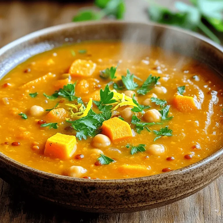 To make your savory sweet potato, chickpea, and red lentil soup, gather these items: - 1 large sweet potato, peeled and cubed - 1 cup canned chickpeas, drained and rinsed - 1/2 cup red lentils, rinsed - 1 medium onion, chopped - 2 cloves garlic, minced - 2 carrots, diced - 1 celery stalk, diced - 6 cups vegetable broth - 1 teaspoon cumin - 1 teaspoon turmeric - 1/2 teaspoon smoked paprika - Salt and pepper to taste - 2 tablespoons olive oil - Fresh parsley or cilantro for garnish - Juice of 1 lemon If you lack chickpeas, use white beans or black beans instead. They offer a similar texture and flavor. For the red lentils, yellow lentils work well too. If you want a milder taste, try using sweet potatoes as your main base instead of regular potatoes. You can swap fresh herbs like parsley with dried ones, but use less since dried herbs are more potent. Using fresh ingredients gives your soup a vibrant taste. Fresh sweet potatoes and carrots offer better texture. However, canned chickpeas save time and still taste great. If fresh herbs are not available, dried versions can work in a pinch. The key is to balance freshness with convenience to create a delicious soup. For the best flavor, try to use fresh garlic and onion. To make sweet potato, chickpea, and red lentil soup, gather your ingredients first. This soup is easy and quick to prepare. You will need a large pot and a blender if you want a smooth texture. 1. Sauté the Aromatics: Heat the olive oil in a large pot over medium heat. Add the chopped onion, garlic, carrots, and celery. Cook for about 5-7 minutes. The veggies should soften, and the onion will turn translucent. 2. Add Spices: Stir in the cumin, turmeric, and smoked paprika. Cook for 1-2 minutes until you smell the spices. 3. Combine Ingredients: Add the cubed sweet potato, drained chickpeas, and rinsed red lentils to the pot. Mix everything well. 4. Add Broth: Pour in the vegetable broth. Bring the mixture to a boil. 5. Simmer: Once it boils, lower the heat. Cover the pot and let it simmer for 25-30 minutes. The sweet potatoes and lentils should be tender. 6. Blend (Optional): For a creamier soup, use an immersion blender. You can blend part of the soup or transfer half to a blender. Blend until smooth, then return it to the pot. 7. Season: Taste the soup and add salt and pepper to your liking. 8. Finish with Lemon: Just before serving, stir in the fresh lemon juice. This adds a nice bright flavor. 9. Garnish: Serve hot with fresh parsley or cilantro on top for extra flavor. - If you want a smooth texture, blend more of the soup. - Be careful when blending hot liquids. Let the soup cool slightly before blending. - If you like some chunks, blend just half of the soup. This gives a nice mix of textures. For the complete recipe, check the Full Recipe link. To make this soup burst with flavor, use fresh spices. Ground spices lose their strength over time. If you can, toast them in the pot before adding other ingredients. This step brings out their natural oils and makes your soup taste better. Adding fresh lemon juice at the end brightens the flavor. It makes each spoonful refreshing and lively. You can also add a touch of heat with cayenne pepper or red pepper flakes if you like spice. Some like their soup thick, while others prefer it thin. If you want a thicker soup, blend part of it. This method makes it creamy without adding cream. If it's too thick, add more broth or water. Stir gently to mix as you adjust the consistency. For a chunkier soup, don’t blend it too much. Keep some sweet potato and chickpeas whole for texture. This soup pairs well with crusty bread or a fresh salad. A simple green salad with vinaigrette balances the richness. Top the soup with fresh herbs like parsley or cilantro for color and flavor. You can also sprinkle some feta cheese or a dollop of yogurt for added creaminess. For a fun twist, serve it in a bread bowl. It makes for a hearty and satisfying meal. If you're looking for more ideas, check out the Full Recipe for more serving options! {{image_2}} This soup is naturally gluten-free. You can enjoy it without any worries. Always check your broth for gluten. Most vegetable broths are safe. If you want to add grains, use quinoa or rice. Both add texture without gluten. For a protein boost, add chicken or tofu. If you use chicken, cut it into small pieces. Add it to the pot when you sauté the onions. Cook it until it's no longer pink. For tofu, use firm or extra-firm. Cube it, then add it when you mix in the sweet potatoes. This way, it soaks up all the flavors. You can change this soup with the seasons. Fresh greens like spinach or kale work well. Add them during the last few minutes of cooking. This keeps them bright and full of nutrients. You can also add seasonal veggies. Try zucchini or bell peppers for extra color and taste. The options are endless! For the complete recipe, check out the [Full Recipe]. After you enjoy your savory sweet potato, chickpea, and red lentil soup, store any leftovers in an airtight container. Make sure the soup cools down to room temperature before sealing it. This keeps the flavors fresh and prevents bacteria from growing. Store in the fridge for up to four days. Always label your containers with the date to keep track of freshness. To freeze your soup, wait until it cools completely. Pour the soup into freezer-safe containers or bags. Leave some space at the top, as the soup will expand when frozen. You can freeze it for up to three months. Thaw the soup in the fridge overnight when you are ready to eat it. This will help maintain its great taste and texture. Reheat your soup on the stove over medium heat. Stir often to prevent it from sticking. If the soup seems too thick after thawing, add a little vegetable broth or water to reach your desired consistency. You can also microwave it in a microwave-safe bowl. Heat in short intervals, stirring in between, until it’s hot all the way through. Enjoy your warm bowl of goodness! For the full recipe, check out the Cozy Sweet Potato & Chickpea Red Lentil Soup. Yes, you can make this soup ahead of time. It keeps well in the fridge for about 4 days. The flavors deepen as it sits, making it even better. Just store it in an airtight container. When you are ready to eat, reheat it on the stove or microwave. This soup pairs well with many sides. Here are some great options: - Crusty bread for dipping - A fresh green salad - Quinoa or rice for extra carbs - Grilled cheese for a fun twist Absolutely! This soup is 100% vegan. It uses vegetable broth and plant-based ingredients. You can enjoy this dish without worry. It's hearty and filling while being meat-free. To change the spice level, add more or less smoked paprika. For a kick, try adding red pepper flakes. You can also include jalapeños for heat. Taste as you go to find the right balance for you. Yes! You can swap chickpeas for other legumes. Black beans, cannellini beans, or even kidney beans work well. Just ensure they are cooked or canned for the best results. Store leftovers in a sealed container in the fridge. They last up to 4 days. For longer storage, freeze the soup in portions. It will keep well for about 3 months. Definitely! Feel free to add more veggies. Spinach, kale, or zucchini can boost nutrition. Just chop them up and add them when you add the sweet potatoes. Yes, this soup is gluten-free. All ingredients are free from gluten. It’s a safe choice for anyone with gluten sensitivities. For a creamier soup, use an immersion blender. Blend part of the soup until smooth. You can also add coconut milk for a rich, creamy texture. This blog post covered how to make a tasty Sweet Potato, Chickpea, and Red Lentil Soup. We detailed the ingredients, offered cooking steps, and shared useful tips. You can tweak flavors and adjust thickness to suit your taste. We also looked at variations to try and how to store your soup for later. Remember, cooking is fun! Try new ideas, enjoy your soup, and make it your own. Keep experimenting, and share your adventures in the kitchen!