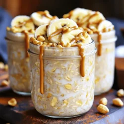- 1 cup rolled oats - 2 cups almond milk (or alternative milk) - 2 ripe bananas (one mashed and one sliced) - 1/4 cup creamy peanut butter - 2 tablespoons maple syrup (or honey) - 1 teaspoon vanilla extract - 1/2 teaspoon ground cinnamon - A pinch of salt - Optional toppings (chopped peanuts, extra banana slices) In this recipe, each ingredient plays a key role in flavor and texture. The rolled oats provide a hearty base. They soak up the almond milk, creating a creamy consistency. I love using almond milk, but you can choose any milk you enjoy. Ripe bananas are vital. One banana is mashed into the mix for sweetness. The other is sliced for topping. Creamy peanut butter adds rich flavor. It also brings healthy fats and protein. The maple syrup or honey gives a touch of sweetness. You can adjust the amount based on your taste. Vanilla extract brings warmth to the oats. Ground cinnamon adds a cozy spice. A pinch of salt balances the sweetness. For extra crunch, consider adding chopped peanuts or more banana slices on top. This combination creates a simple yet delightful meal. You will love how easy it is to make. Just mix the ingredients, chill, and enjoy a tasty breakfast. For the full recipe, check out the details above. First, you need a large mixing bowl. Add 1 cup of rolled oats. Pour in 2 cups of almond milk. Then, mash one ripe banana and mix it in. Next, add 1/4 cup of creamy peanut butter. This gives a rich, smooth taste. Stir in 2 tablespoons of maple syrup. For extra flavor, add 1 teaspoon of vanilla extract and 1/2 teaspoon of cinnamon. Finally, add a pinch of salt. Mix everything well until smooth. This base will be your tasty foundation. Now, it’s time to fill your jars. Take the mixture and divide it evenly into two or four jars. This depends on how many servings you want. Make sure each jar gets a good amount. Once filled, you can add a fun touch. Top each jar with sliced banana. Next, sprinkle some chopped peanuts on top. This adds crunch and flavor. Your jars should look inviting and colorful. After filling the jars, seal them tightly. Place them in your fridge overnight. This step is crucial. It allows the oats to absorb the milk and soften. If you’re short on time, let them soak for at least four hours. The longer they chill, the better the taste. In the morning, just stir the oats. You can enjoy them cold or warm them in the microwave. You now have a delicious breakfast ready to go! For the full recipe, check out the details above. To make your overnight oats just right, you can play with sweetness. If you want it sweeter, add more maple syrup or honey. If you prefer less sweetness, reduce the amount. Start with two tablespoons and adjust to your taste. Oat consistency is key for a good texture. Use rolled oats for the best result. Quick oats will get too mushy. If you like a creamier feel, you can mash the bananas really well. This helps the oats soak up all the flavors. You can enjoy your oats straight from the fridge or warm them up. Both ways taste great! If you heat them, do it for about 30 seconds in the microwave. This warms them without losing texture. For a beautiful look, layer your jars. Start with the oats, then add sliced bananas. Drizzle with extra peanut butter on top. Sprinkle cinnamon and chopped peanuts for a fun crunch. This makes your breakfast not just tasty, but also pretty! Not a fan of dairy? You can use different milk types. Almond milk works well, but soy or oat milk are great too. Just pick what you like best. If you want a change from peanut butter, try almond butter or cashew butter. Each nut butter gives a new flavor twist. This keeps your breakfast exciting and fresh! You can find the full recipe for more details on making this dish delicious. {{image_2}} You can easily change up the taste of your overnight oats. One fun option is to add cocoa powder. This gives your oats a rich chocolate flavor that pairs well with the banana. Just mix in about one tablespoon of cocoa powder when you combine your ingredients. You can also toss in berries or other fruits. Fresh strawberries, blueberries, or even chopped apples add a burst of color and extra nutrition. If you want a healthier bowl, try reducing sweeteners. You can use less maple syrup or honey. Another option is to use sugar alternatives like stevia or agave. This way, you can enjoy your oats without too much sugar. You can also boost protein by adding seeds or nuts. Chia seeds or chopped almonds are great choices. Just a tablespoon can make a big difference. For those following a vegan diet, check your ingredients to ensure they all meet your needs. Instead of almond milk, you can use oat milk, soy milk, or coconut milk. These options keep your recipe plant-based and delicious. If you want a nut-free version, sunflower seed butter is a great alternative to peanut butter. It gives you that creamy texture without any nuts. You can keep your peanut butter banana overnight oats in the fridge for up to five days. This makes them great for meal prep. To maintain freshness, store them in airtight containers. This helps keep out air and moisture. Always check for any changes in smell or texture before eating. You can freeze your prepared overnight oats if you want to save them for later. Just pour them into freezer-safe containers. Leave some space at the top, as the oats will expand when frozen. To eat frozen oats, thaw them in the fridge overnight. You can also warm them in the microwave after thawing. When it comes to reheating, you have two main options: microwave or stovetop. For the microwave, place oats in a bowl and heat for about one minute. Stir halfway through to avoid hot spots. If you choose the stovetop, pour oats into a pan over low heat. Stir often to keep the texture smooth. Add a splash of milk if they become too thick. Following these tips will help you enjoy your oats just like fresh! Yes, you can make overnight oats without milk. Use yogurt or a dairy-free option like coconut yogurt. The oats will still soak up the liquid and soften. You can also try fruit juice or nut milk alternatives. Just ensure you have enough liquid to cover the oats completely. You can store peanut butter banana overnight oats in the fridge for up to five days. Keep them in airtight containers to stay fresh. The oats may thicken over time, so stir them before eating. For the best taste and texture, eat them within three days. If you want to swap out peanut butter, try almond butter or cashew butter. Sunflower seed butter is a great nut-free choice. Each option brings its own flavor, so pick one you enjoy. You can also use tahini for a unique twist. Yes, you can prepare these oats without bananas. Just leave out the mashed banana and sliced banana. You could replace it with applesauce or another fruit like berries. This change will keep the oats moist and flavorful. Peanut butter banana overnight oats are packed with nutrition. The oats provide fiber, which helps digestion. Bananas add potassium, which is good for your heart. Peanut butter offers protein and healthy fats, keeping you full longer. This meal is balanced, tasty, and easy to make. For the full recipe, check out the Peanut Butter Banana Bliss Overnight Oats. Peanut Butter Banana Overnight Oats are easy and tasty. We covered the key ingredients, like oats, bananas, and peanut butter. I showed you how to mix, chill, and serve your oats. You now know tips for customizing flavors and storing them well. Remember, you can adjust this dish to fit your needs. Experiment with different fruits and nut butters. Enjoy making and sharing these oats. They make for a great start to your day!