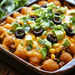 - 1 bag (32 oz) frozen tater tots - 1 lb ground beef or turkey - 2 cups shredded cheddar cheese - 1 cup shredded Monterey Jack cheese The base of this dish is simple yet satisfying. Frozen tater tots add a crispy texture. You can use either ground beef or turkey for protein. Both options work well, so choose your favorite. The blend of cheddar and Monterey Jack cheeses makes everything creamy and flavorful. - 1 cup canned black beans, rinsed and drained - 1 cup corn kernels (fresh, frozen, or canned) - 1/2 cup black olives, sliced You can jazz up your casserole with tasty add-ins. Black beans add fiber and protein. Corn provides sweetness and crunch. Sliced olives bring a briny flavor that complements the other ingredients. Feel free to mix and match based on what you have. - 1/2 cup sour cream - 1 avocado, diced - 2 green onions, chopped Garnishes make your dish look special. Sour cream adds creaminess and coolness. Diced avocado brings richness and a fresh taste. Chopped green onions add a pop of color and mild onion flavor. These toppings enhance the overall experience and make it more inviting. For the full recipe, check out the detailed steps to create this delicious casserole. - Preheat the Oven First, set your oven to 400°F (200°C). This will help your casserole cook evenly. - Cooking the Meat In a large skillet, heat your pan over medium heat. Add 1 pound of ground beef or turkey. Cook until it turns brown. Drain any extra fat. Next, add taco seasoning as instructed on the packet. Mix in 1 cup of rinsed black beans, 1 cup of corn, and 1 cup of salsa. Let this simmer for about 5 minutes. - Layering the Ingredients Grab a greased 9x13 inch baking dish. Spread the meat mixture evenly on the bottom. Then, layer half of the frozen tater tots over the meat. - Cheese Distribution Tips Next, sprinkle 1 cup of shredded cheddar cheese and 1 cup of Monterey Jack cheese on top of the tater tots. After that, add the rest of the tater tots, followed by the remaining cheese. This ensures every bite is cheesy and delicious. - Cooking Time and Temperature Place your assembled casserole in the preheated oven. Bake for 25 to 30 minutes. Look for crispy tater tots and melted cheese. - Cooling and Serving Suggestions After baking, let the casserole cool for a few minutes. Top it with sliced black olives, diced avocado, chopped green onions, and a dollop of sour cream. Serve hot, and enjoy this hearty meal! For the complete recipe, check out the Full Recipe section. - Oven Settings: Bake the casserole at 400°F (200°C). This heat makes the tater tots crispy and golden. A hotter oven helps the cheese melt evenly too. - Recommended Baking Dish: Use a 9x13 inch baking dish. It fits the layers well, ensuring even cooking. Glass or metal works fine, but metal gives a crispier bottom. - Dietary Substitutions: You can swap ground beef for turkey or a meat alternative. If you want it meat-free, add extra beans or veggies instead. - Flavor Boosts and Seasoning Ideas: Add fresh herbs like cilantro or parsley for freshness. A dash of hot sauce or some chili powder can kick up the heat. Consider adding diced jalapeños for more spice. - Serving Style: Serve right from the baking dish for a casual feel. This dish looks great when it’s bubbly and fresh out of the oven. - Garnishing for Visual Appeal: Top with sliced black olives, diced avocado, and green onions. Add a sprinkle of cilantro for color and freshness. A lime wedge on the side adds a zesty touch that brightens the dish. For full instructions on making this delicious meal, check out the Full Recipe. {{image_2}} For a vegetarian option, you can substitute the meat with plant-based proteins like lentils or mushrooms. These add a nice texture and flavor. You can also add diced bell peppers, zucchini, or spinach to boost nutrition. These veggies bring color and taste to your casserole. They make it hearty and filling. If you love heat, add sliced jalapeños to the top before baking. They give a nice kick. You can also mix in spicy salsa instead of regular salsa. This will enhance the flavors and bring more spice to the dish. Adjust the amount based on your heat preference. For a fun twist, you can turn this into a breakfast casserole. Just add beaten eggs and your choice of breakfast meats like sausage or bacon. This makes a great brunch option. Serve it with fresh fruit or a light salad for balance. To keep your Loaded Nacho Tater Tot Casserole fresh, follow these best storage practices: - Allow the casserole to cool to room temperature. - Cover the dish tightly with plastic wrap or foil. - Store in the fridge for up to 3 days. For containers, I recommend using: - Airtight glass containers for easy reheating. - Plastic storage containers with a secure lid to prevent spills. If you want to save some for later, freezing is a great option. Here’s how to prepare it: - Let the casserole cool completely before freezing. - Cut it into portions for easy thawing later. - Wrap each piece in plastic wrap, then place in a freezer bag. For thawing, do the following: - Move the casserole to the fridge the night before you plan to eat it. - If you’re in a rush, you can thaw it in the microwave on defrost mode. When it comes to reheating, you have two main options: - Oven: Preheat your oven to 350°F (175°C). Cover the casserole with foil and heat for about 20 minutes. Remove the foil for the last 5-10 minutes to crisp up the top. - Microwave: Place a portion in a microwave-safe dish. Heat for 2-3 minutes or until warm. To maintain crispiness: - If using the microwave, avoid covering with a lid. This keeps the steam out and helps keep the top crunchy. - For the oven, ensure it’s covered until the last few minutes to prevent drying out. Yes, you can use fresh tater tots. - Cooking Time Adjustments: If you use fresh tater tots, you may need to cook them for a shorter time. Start with 20 minutes at 400°F. Check for crispiness. - Taste Differences: Fresh tater tots can taste lighter and fluffier. They add a nice homemade feel to the dish. You can store this casserole for a few days. - Refrigeration Duration: Keep it in the fridge for up to 3 days. Make sure it is in a sealed container. - Freezing Timeframe: If you freeze it, use it within 2 months. Wrap it well to prevent freezer burn. Pairing sides can make your meal even better. - Side Dish Ideas: Try a fresh salad or some tortilla chips. Guacamole and salsa are great choices, too. - Drink Pairings: I recommend serving it with a cold soda or a light beer. Lemonade is also a refreshing option. This blog post covered how to make a Loaded Nacho Tater Tot Casserole. You learned about key ingredients like tater tots, ground meat, and cheeses. I shared tips for prepping, assembling, and baking for the best results. You can customize your dish and manage leftovers easily. In conclusion, this casserole is fun to make and share. Enjoy experimenting with flavors and variations to match your taste!