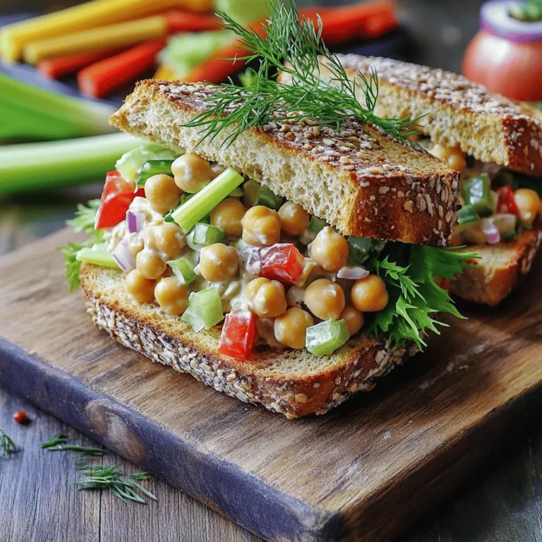 - 1 can (15 oz) chickpeas, drained and rinsed - 1/4 cup plain Greek yogurt - 2 tablespoons mayonnaise - 1 tablespoon Dijon mustard - 1 small celery stalk, finely chopped - 1/4 cup red bell pepper, finely chopped - 1/4 cup red onion, finely chopped - 1 tablespoon fresh dill, chopped (or 1 teaspoon dried dill) - Salt and pepper to taste Chickpeas are the star. They have protein and fiber. They add great texture. I use Greek yogurt and mayonnaise for creaminess. They make the salad rich and smooth. You can add celery for crunch. Red bell pepper brings sweetness, while red onion adds a punch. - Fresh herbs, spices, and seasoning - Additional toppings Herbs like parsley or cilantro can brighten the dish. You can also try spices like cumin or paprika for warmth. For a twist, top with avocado or sprouts. These extras make the salad even more fun and tasty. - 4 slices whole grain bread - Gluten-free alternatives Whole grain bread is my go-to. It has a nutty flavor and good nutrition. If you need gluten-free options, use gluten-free bread. You can also try lettuce wraps for a lighter meal. The bread or wrap you choose makes a big difference in your sandwich experience. For the full recipe, check out the complete guide above. Start by mashing the chickpeas. Take one can of chickpeas and drain it well. Rinse them under water. In a bowl, use a fork to lightly mash the chickpeas. Leave some chunks for a nice texture. Do not over-mash; you want it to be chunky. Next, mix in the creamy ingredients. Add 1/4 cup of plain Greek yogurt, 2 tablespoons of mayonnaise, and 1 tablespoon of Dijon mustard. Stir everything until well combined. This gives your salad a rich and creamy base. Now, it’s time to add fresh ingredients. Chop 1 small celery stalk, 1/4 cup of red bell pepper, and 1/4 cup of red onion. Toss these chopped veggies into the bowl. Add 1 tablespoon of fresh dill for a burst of flavor. Stir gently to mix everything. Adjust the seasoning to taste. Sprinkle some salt and pepper into the mix. Taste it and add more as needed. This step is crucial to make the flavors pop. Let’s move on to toasting the bread. Take 4 slices of whole grain bread and toast them until golden brown. Toasting adds a nice crunch to your sandwich. Now, layer the sandwich. Spread a generous amount of the chickpea salad on two slices of bread. Top with fresh lettuce leaves and, if you like, sliced tomatoes. Place the other two slices of bread on top. Press gently to hold everything together. For a pretty presentation, cut the sandwiches in half diagonally. Serve them on a cutting board with a sprig of dill. You can even add a side of veggie sticks for a colorful look. Enjoy your Chickpea Delight Salad Sandwich! For more details, check the Full Recipe. To get the best texture in your chickpea salad, mash the chickpeas lightly. You want to leave some whole for a nice bite. Mix in Greek yogurt and mayonnaise carefully. This keeps the salad creamy but not runny. Balancing flavors is key for a tasty sandwich. Start with a bit of salt and pepper. Taste as you go. If you want more zest, add a touch of Dijon mustard. Fresh dill can brighten the whole mix. To keep your chickpea salad fresh, store it in an airtight container. It lasts up to three days in the fridge. This makes it a great meal prep option. For a quick lunch, prepare the salad the night before. Simply spread it on bread when you're ready to eat. This saves time and keeps your meal fresh. Pair your chickpea salad sandwich with crunchy side dishes. I love serving it with vegetable sticks or a light salad. This adds color and nutrition to your meal. For creative plating, stack your sandwich high. Use a wooden board for a rustic look. Garnish with a sprig of dill and serve with a few tomato slices on the side for extra flair. For the full recipe, check out the Chickpea Delight Salad Sandwich 🥗. {{image_2}} You can easily make this sandwich vegan. Start by replacing Greek yogurt with a plant-based yogurt. Use a vegan mayonnaise too. This keeps all the creaminess while making it plant-based. For an extra creamy touch, add mashed avocado. It not only adds flavor but also healthy fats. Explore many herbs and spices to change up your chickpea salad. Fresh parsley or cilantro can give it a refreshing taste. You can also add a pinch of cumin or smoked paprika for warmth. Want an international twist? Try adding curry powder for an Indian flair or tahini for a Middle Eastern taste. Don't feel limited to bread! You can make lettuce wraps instead. Just use large lettuce leaves to hold the salad. This is a low-carb option. Pita pockets are another fun choice. Simply stuff the chickpea salad inside a warm pita. For a playful take, try an open-faced sandwich. Just spread the salad on one slice of bread and enjoy a colorful, tasty meal. For the full recipe and more ideas, check out the [Full Recipe]. To keep your chickpea salad fresh, store it in an airtight container. Place it in the fridge right after making it. This will help it stay good for about three days. If you want to freeze it, put the salad in a freezer-safe bag. Squeeze out the air before sealing. Frozen chickpea salad can last up to two months. Homemade chickpea salad is best enjoyed fresh. However, the main ingredients have their own shelf lives. Canned chickpeas last for years if sealed. Once opened, use them within three days. Greek yogurt usually stays fresh for one week after opening. Always check for signs of spoilage. If it smells bad or has a strange color, toss it. You can enjoy the chickpea salad cold or at room temperature. If you want to reheat it, do so gently. Place it in a microwave-safe bowl. Heat for no more than 30 seconds to a minute. Stir it well after heating. This helps keep the flavors intact. Avoid overheating, as it can change the texture. Yes, you can use canned chickpeas. They save time and effort. Canned chickpeas are already cooked and ready to use. This means you skip the soaking and cooking steps. They are also soft and easy to mash. Dried chickpeas need more time to prepare. If you choose dried, soak them overnight and cook until tender. Yes, this recipe can be gluten-free. Just use gluten-free bread instead of whole grain bread. Many brands offer tasty gluten-free options. Check the label to be sure. You can also use lettuce leaves as wraps if you want to avoid bread. You can add spices and sauces for heat. Try mixing in a pinch of cayenne pepper. You can also add a splash of hot sauce to the chickpea mix. Another option is to use spicy mustard instead of Dijon. This will give your sandwich a nice kick! Chickpea salad is easy and tasty. You learned about key ingredients, like chickpeas and yogurt. We discussed adding fresh veggies and herbs for flavor. Toasted bread options can make it even better. You can store leftovers well, keeping them fresh for later meals. With simple variations, this dish can fit any diet. Enjoy making different styles and flavors, like vegan or spicy. Now, it’s your turn to create and savor your chickpea salad.