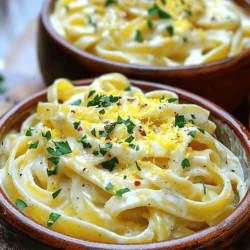 To make this Garlic Parmesan Pasta, gather these key ingredients: - 8 oz spaghetti or fettuccine - 4 tablespoons unsalted butter - 4 cloves garlic, minced - 1 teaspoon red pepper flakes (optional) - 1 cup heavy cream - 1 cup grated Parmesan cheese - Salt and pepper to taste - 2 tablespoons fresh parsley, chopped - Zest of 1 lemon These ingredients blend together to create a creamy, rich dish that brings comfort and joy. You can customize this dish with a few fun add-ins: - Cooked chicken or shrimp for protein - Spinach or broccoli for added greens - Sun-dried tomatoes for a tangy twist - Lemon juice for extra brightness Feel free to mix and match. The goal is to make this pasta your own! Garlic Parmesan Pasta pairs well with a variety of sides: - A crisp green salad with vinaigrette - Garlic bread or a warm baguette - Roasted vegetables for a hearty touch - A glass of white wine for a classic finish These pairings will elevate your meal and make it even more enjoyable. For the full recipe, check out the detailed instructions to create this delightful dish. Start by boiling water in a large pot. Add a pinch of salt for flavor. Once the water is bubbling, add 8 oz of spaghetti or fettuccine. Cook it according to the package instructions until it is al dente. This usually takes about 8 to 10 minutes. When it is done, reserve ½ cup of the pasta water. Drain the pasta and set it aside. In a large skillet, melt 4 tablespoons of unsalted butter over medium heat. Once melted, add 4 cloves of minced garlic. Stir it for 1 to 2 minutes until it smells great. Be careful not to brown the garlic; we want it soft and fragrant. If you enjoy spice, add 1 teaspoon of red pepper flakes now. Stir for another 30 seconds. Then, lower the heat to medium-low and pour in 1 cup of heavy cream. Stir to mix it well and warm it for 2 to 3 minutes. Gradually add 1 cup of grated Parmesan cheese while stirring. Keep stirring until the cheese melts and the sauce is creamy. If the sauce is thick, add some reserved pasta water a little at a time until it reaches your desired thickness. Season the sauce with salt, pepper, and the zest of 1 lemon for a bright taste. Now, it is time to mix the pasta and sauce. Add the drained pasta to the skillet with the sauce. Toss the pasta gently to coat it evenly in the creamy sauce. Let it cook for an additional minute to warm through. Remove from heat. Sprinkle 2 tablespoons of fresh chopped parsley on top for color and flavor. Serve the dish in warm bowls. For a nice touch, you can garnish with extra grated Parmesan and a drizzle of olive oil for shine. Enjoy your meal! For the complete recipe, check out the full recipe section. To get the sauce just right, start with a good base. Use fresh garlic. Avoid browning it; this keeps the flavor bright. When you add heavy cream, stir well. If the sauce is too thick, add reserved pasta water. Do this slowly until you reach the desired creaminess. The sauce should coat the pasta nicely without being runny. Always cook your pasta in a large pot of salted water. This helps enhance flavor. Follow the package instructions for timing. You want it al dente, which means it should have a slight bite. Before draining, save some pasta water. This water helps adjust your sauce later. Drain the pasta but do not rinse it. Rinsing can wash away flavor and starch needed to help the sauce stick. Add a pinch of red pepper flakes for heat, if you like. Fresh lemon zest brightens the dish and adds a fresh taste. Fresh parsley gives color and a nice finish. For extra flavor, consider adding cooked chicken or shrimp. They pair well with garlic and cheese. If you want a twist, try adding sun-dried tomatoes or sautéed spinach. These add texture and taste. For the full recipe, check the main article. {{image_2}} You can make Garlic Parmesan Pasta even better by adding protein. Chicken is a great choice. Cook it in the same skillet after the garlic. Shrimp also works well. Just add it when you make the sauce. For a meatless option, try chickpeas. They add texture and protein. To make this dish vegetarian, skip the chicken or shrimp. Use vegetable broth instead of heavy cream. For a vegan twist, swap heavy cream for coconut milk. Nutritional yeast can replace Parmesan cheese. It gives a cheesy flavor without dairy. Add more veggies like spinach or mushrooms for extra nutrition. You can play with flavors to change the taste. Add lemon juice for a zesty kick. Fresh herbs like basil or thyme add depth. For a smoky flavor, try smoked paprika. If you enjoy heat, increase red pepper flakes. This dish is versatile. You can make it fit your mood or taste! To keep your Garlic Parmesan Pasta fresh, store it in an airtight container. Make sure it cools to room temperature before sealing. This helps prevent moisture build-up. Place the container in the fridge if you plan to eat it within three days. For longer storage, consider freezing it. When you want to enjoy your leftovers, reheating is simple. Place the pasta in a skillet over low heat. Add a splash of water or cream to help it warm evenly. Stir often to prevent sticking. You can also use the microwave. Heat it for 30 seconds at a time, stirring in between. If you need to freeze your Garlic Parmesan Pasta, do so right after cooking. Divide it into portions and place them in freezer-safe bags. Squeeze out as much air as you can before sealing. It will stay good for up to three months. When you're ready to eat, thaw in the fridge overnight and reheat as mentioned. Enjoy the flavors fresh as if you just cooked it! You can replace heavy cream with milk or a mix of milk and flour. Use about 1 cup of milk. Add 2 tablespoons of flour to help thicken the sauce. Cook this mix on low heat until it thickens. Then, follow the rest of the recipe as usual. You can also use a plant-based milk for a lighter option. Yes, you can use other cheeses! Some great options are Pecorino Romano or Asiago. They both add a nice flavor. If you want a creamier sauce, try cream cheese or mascarpone. Just remember to adjust the amount to keep your sauce smooth and tasty. Garlic Parmesan Pasta pairs well with many sides. You might enjoy a fresh salad with a light dressing. Grilled chicken or shrimp complements the pasta nicely. You can also serve it with crusty bread to soak up the sauce. For a veggie option, roasted broccoli or asparagus works great. Garlic Parmesan Pasta has both good and not-so-good aspects. It contains carbs and protein but can be high in fat and calories due to butter and cheese. To make it healthier, use less butter and cheese, or add more veggies. You can also use whole grain pasta for added fiber. It's all about balance! This blog post covered key steps for making Garlic Parmesan Pasta, from the ingredients to serving suggestions. We explored tips for a perfect sauce and ways to customize your dish. Remember, you can adjust the flavors to suit your taste. Whether you add protein or go vegetarian, this pasta stays delicious. Store leftovers correctly to enjoy later. Making this dish is simple and rewarding. Dive in and create your own Garlic Parmesan masterpiece today!