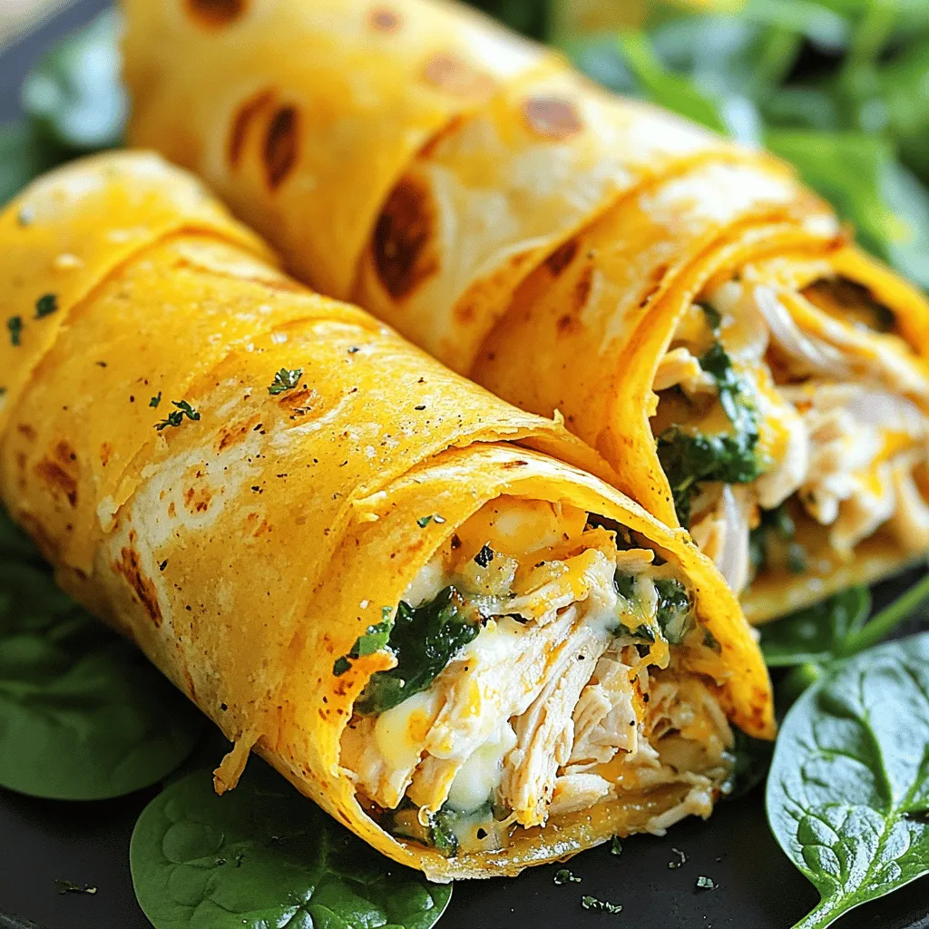 - 2 large chicken breasts, cooked and shredded - 1 cup shredded mozzarella cheese - 1 cup cream cheese, softened - 2 cloves garlic, minced - 1 teaspoon Italian seasoning - 1 tablespoon olive oil - 4 large flour tortillas - 1 cup fresh spinach leaves - Salt and pepper to taste - Optional: Sliced green onions for garnish The main ingredients make these wraps rich and creamy. I love using shredded chicken because it mixes well with the cheese. The mozzarella gives a great melt, while the cream cheese adds a nice creaminess. Garlic is a must for flavor. Use fresh garlic for the best taste. Italian seasoning brings warmth and depth. The additional ingredients help create a balanced wrap. Flour tortillas hold everything together. Fresh spinach adds a pop of color and nutrients. Don’t forget about seasoning! Salt and pepper enhance all the flavors. If you like, add green onions for a fresh touch. You can find the full recipe above, so you can make this tasty dish at home! - In a medium bowl, combine shredded chicken, mozzarella cheese, cream cheese, minced garlic, and Italian seasoning. - Add salt and pepper to taste. - Mix well until all ingredients blend together. This helps the flavors shine in each bite. - Lay your flour tortillas flat on a clean surface. - Divide the cheesy chicken mixture evenly among the tortillas. Make sure to place it in the center. - Add fresh spinach leaves on top of the chicken mixture. This gives a nice crunch and freshness. - Preheat your skillet over medium heat. - Place the wraps seam side down in the skillet. - Cook for 3 to 4 minutes on each side. Look for a golden brown color and melty cheese. Flip them halfway for even cooking. - Once done, remove from the skillet and let them cool slightly before slicing. Enjoy your cheesy garlic chicken wraps! For the full recipe, check out the details above. To keep your cheesy garlic chicken wraps from spilling out, start with the right amount of filling. Use about a cup of the chicken mixture per wrap. Spread it in the center, leaving room at the edges. This space helps you fold the sides in tightly. When rolling, tuck the bottom up first. Then, fold the sides in and roll it away from you. This method seals the wrap well. For even browning and crispness, preheat your skillet. A medium heat works best. Cook each side for 3-4 minutes until golden. Don't rush this step. Let the cheese melt and the wrap get nice and crispy. If you want to swap chicken, turkey or tofu works great. Turkey has a mild flavor and is easy to shred. Tofu provides a nice texture for a vegetarian option. For cheese, you can use cheddar or vegan cheese. Cheddar gives a sharp taste, while vegan cheese melts well. Adjust based on your taste and dietary needs. To kick up the flavor, try adding spices like paprika or cayenne. A dash of hot sauce can also give your wraps a nice kick. Serve your wraps with a simple side salad or crispy chips. A fresh salsa or guacamole pairs well too. This adds freshness and balances the rich flavors of the wraps. For more ideas, check out the Full Recipe for Cheesy Garlic Chicken Wraps. {{image_2}} To make these wraps vegetarian, swap the chicken for veggies or legumes. You can use bell peppers, mushrooms, or black beans for a hearty bite. Adding extra cheese makes it rich and creamy. Try using cheddar or gouda for a different taste. These options keep the wraps full of flavor and fun. For a kick, add jalapeños or hot sauce. You can slice fresh jalapeños and mix them in. It gives the wraps nice heat. To enhance the flavor, add spices like paprika or cayenne. These spices will wake up your taste buds and create a bold dish. Kids love fun food! Change the wraps to suit their tastes. Use mild cheese and leave out any strong spices. You can also add some diced fruits like apples or cucumbers for a sweet crunch. For fun presentation, cut the wraps into smaller pieces. Use fun plates or colorful skewers to make them appealing. These variations keep your cheesy garlic chicken wraps exciting and tasty for everyone. For the full recipe, check out the earlier section. To store leftover wraps in the fridge, wrap them tightly in plastic wrap. This keeps them fresh and prevents drying out. You can also place them in an airtight container. If you want to freeze the wraps, first cool them completely. Then, wrap each one in plastic wrap and place them in a freezer bag. Be sure to remove as much air as possible. This helps to avoid freezer burn. How long do cheesy garlic chicken wraps last? In the fridge, they last about three to four days. If stored in the freezer, they can last up to three months. Look for signs of spoilage like a bad smell or mold. If the wraps feel slimy or dry out, it’s best to toss them. To safely reheat wraps, use an oven or a skillet. Preheat the oven to 350°F (175°C) and place the wraps on a baking sheet. Heat for about 10-15 minutes. If using a skillet, heat it over medium heat. Add the wraps seam side down and cook for about 3-4 minutes on each side. This keeps the outside crispy and the cheese gooey. Yes, you can prep these wraps in advance. First, make the chicken mixture and store it in the fridge. Keep the tortillas separate. When you're ready, assemble the wraps and cook them. This way, you save time on busy days. If you want to store the wraps, place them in an airtight container in the fridge. They stay fresh for up to three days. These wraps go well with many sides. Consider serving them with a fresh salad for a light meal. You can also pair them with crispy potato wedges or sweet potato fries. For dipping, ranch or garlic sauce makes a great choice. You could even offer a salsa for some extra flavor. You can easily change this recipe to fit your taste. Add diced bell peppers or onions for crunch. If you love spice, toss in some jalapeños or hot sauce. You can also try different cheeses like cheddar or pepper jack. Want a twist? Use pesto instead of cream cheese for a fresh flavor. Each wrap offers great nutrition. They have about 400 calories, depending on the size and ingredients. You'll get a good amount of protein from the chicken and cheese, around 30 grams. These wraps also pack healthy fats from the cheese and olive oil. For added nutrition, serve with fresh veggies or a salad. You can find the Full Recipe above. Cheesy garlic chicken wraps are easy and tasty. You mix cooked chicken, cheese, garlic, and spices. Assemble the wraps using tortillas and fresh spinach, then cook until golden. You can customize these wraps, making them spicy or vegetarian. Store leftovers properly for best taste. This recipe offers endless possibilities for flavor and fun. Enjoy making your wraps your way!