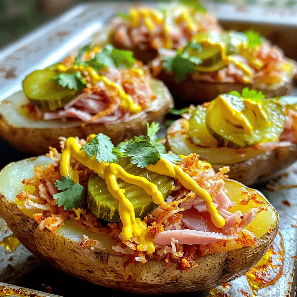 - 4 large russet potatoes - 1 tablespoon olive oil - 1 cup shredded cooked ham - 1 cup pulled seasoned chicken (or shredded pork) - 1/2 cup dill pickles, sliced - 1 cup Swiss cheese, shredded - 1/4 cup yellow mustard - Fresh cilantro, for garnish Cuban sandwich potato skins blend flavor and fun. These tasty bites use classic Cuban flavors. Start with large russet potatoes. They are perfect for holding all the fillings. The olive oil helps create a crispy skin. You need shredded cooked ham and pulled chicken or pork. Both meats add great flavor and texture. Don't forget the dill pickles. They bring a nice crunch and tang. Swiss cheese melts well and ties everything together. Yellow mustard gives it that classic Cuban kick. Finally, fresh cilantro adds brightness to your dish. - Salt and pepper to taste - Options for additional toppings Season your ingredients with salt and pepper. This simple step enhances all the flavors. You can also try different toppings. For instance, add jalapeños for heat or avocado for creaminess. Each variation can make your potato skins unique. You can find the full recipe above to guide you through making these delicious bites. Start with clean potatoes. Wash 4 large russet potatoes under cold water. Use your hands to scrub away any dirt. After washing, pierce each potato several times with a fork. This helps steam escape while baking. Next, rub 1 tablespoon of olive oil over each potato. Sprinkle salt all around them. This step adds flavor and helps the skin crisp up nicely. Preheat your oven to 400°F (200°C). Place the prepared potatoes on a baking sheet. Bake them for 45-60 minutes. Check if they are tender by piercing with a fork. When done, take them out and let them cool for a bit. This makes them easier to handle later. Once the potatoes cool, cut each one in half lengthwise. Use a spoon to scoop out some flesh from the center. Leave a thin wall to hold the shape. You can save the scooped-out potato for later, like making mashed potatoes. Preheat your broiler now. Spread a thin layer of yellow mustard on the inside of each potato skin. Then, layer in the shredded cooked ham and pulled chicken or shredded pork. Add a few dill pickle slices on top. Lastly, sprinkle shredded Swiss cheese generously over everything. Place them under the broiler for about 5-7 minutes. Watch closely so they don’t burn. When the cheese is melted and bubbly, take them out. Let them cool for a minute and add fresh cilantro for a nice touch. Enjoy this fun dish! For the full recipe, check out the [Full Recipe]. Choosing the right potatoes is key. I like to use large russet potatoes. They have thick skin and a fluffy inside. This makes them perfect for holding all the tasty toppings. Look for potatoes that feel heavy for their size. Avoid those with soft spots or green patches. To get that crispy finish, follow these steps: - Wash and dry the potatoes well. - Rub them with olive oil to coat. - Sprinkle with salt for extra flavor. - Bake until soft, then scoop out the flesh carefully. Keep some for later. To make your Cuban sandwich potato skins even better, consider these extras: - Top with fresh jalapeños for a spicy kick. - Add slices of avocado for creaminess. - Mix in some sautéed onions for sweetness. For spices and herbs, I suggest: - A dash of smoked paprika for depth. - Fresh cilantro for a bright finish. - Black pepper for a bit of heat. These simple changes will make your potato skins fun and flavorful! For the full recipe, check out the [Full Recipe]. {{image_2}} You can switch up the meats in your Cuban sandwich potato skins. Instead of ham or chicken, try using turkey or beef. These meats can add a nice twist to the classic flavor. Turkey works well, as it is lean and absorbs flavors nicely. Beef brings a hearty taste that makes each bite satisfying. Just remember to use the same cooking methods for an even bake. If you prefer a meat-free dish, you have great options. You can use plant-based proteins like jackfruit, tempeh, or lentils. Jackfruit shreds like pulled pork, making it a fun choice. Tempeh adds a nutty flavor and is full of protein. Lentils can give you a hearty texture that holds up well in potato skins. Top them with cheese or a vegan alternative for creaminess. Get creative with toppings to elevate your potato skins. You can add sliced jalapeños for spice or fresh tomatoes for a burst of freshness. A drizzle of aioli or chipotle sauce can bring extra flavor. Consider adding avocado slices for creaminess. You can also sprinkle fresh herbs like chives or parsley for color and taste. The options are endless! To store leftovers properly, let the potato skins cool first. Place them in an airtight container. They can last in the fridge for up to three days. If you stack them, separate layers with parchment paper. This keeps them from sticking together. For the best taste, reheat in the oven. Set your oven to 350°F (175°C). Place the potato skins on a baking sheet. Heat them for about 10-15 minutes. This helps the cheese get melty and keeps the potatoes crispy. You can also use a microwave, but it may make the skins soft. If you do, heat in short bursts to avoid drying them out. Enjoy your Cuban Sandwich Potato Skins! For the full recipe, check earlier in the article. Making Cuban Sandwich Potato Skins takes about 1 hour and 15 minutes. Here’s how it breaks down: - Prep time: 15 minutes - Cooking time: 45-60 minutes You spend time washing, baking, and then broiling the skins to melt the cheese. Yes, you can prep these potato skins ahead of time. Here are my tips: - Bake the potatoes and scoop them out. - Store the skins in the fridge for up to 24 hours. - Assemble the toppings just before broiling to keep them fresh. This way, you save time when you’re ready to eat. Russet potatoes are the best choice for potato skins. They have a thick skin and a fluffy interior. Other good options include: - Yukon Gold: Creamy and buttery taste. - Red potatoes: Thin skin, but they stay firm. Each type offers a unique flavor and texture, so pick what you like! Yes, you can freeze these potato skins. Here’s how: - Assemble the skins without broiling. - Wrap them tightly in plastic wrap and place in a freezer bag. - They last up to 3 months in the freezer. To enjoy, thaw them overnight and broil until heated through and crispy. Cuban sandwich potato skins are a tasty and fun dish to make. We covered the main ingredients, from russet potatoes to flavorful toppings. You saw how to prep, bake, and assemble them step by step. Remember the tips for crispy skins and creative options. Whether you stick to the classic or add your twist, these skins will impress. Enjoy them fresh or save leftovers with easy storage tips. Dive into this dish and share your favorite variations. Your perfect potato skins await!