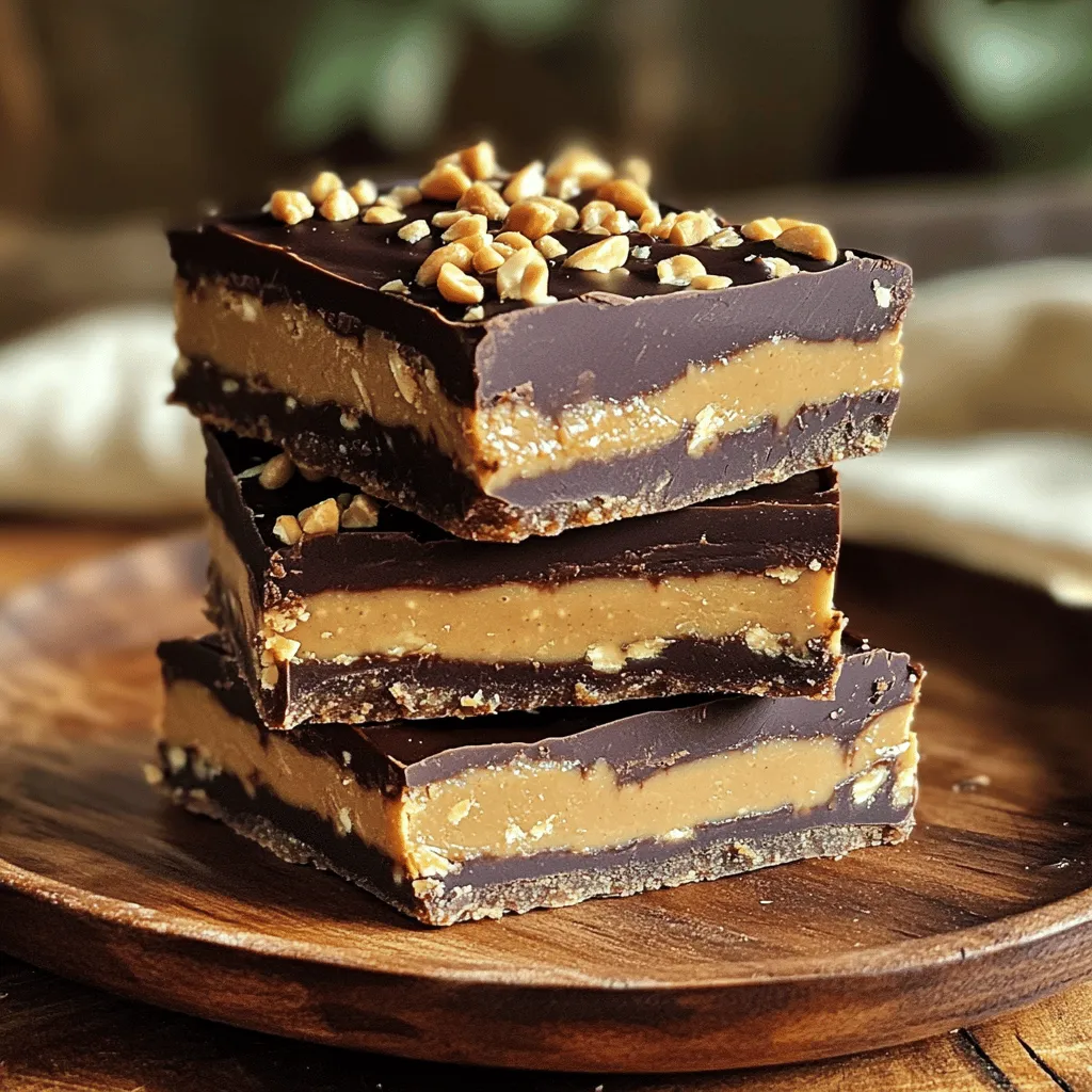 - 1 cup creamy peanut butter - 1/2 cup honey or maple syrup - 2 cups rolled oats - 1/2 cup dark cocoa powder - 1 teaspoon vanilla extract - 1/4 teaspoon salt - 1/2 cup dark chocolate chips - 1/4 cup chopped peanuts To make these no-bake chocolate peanut butter bars, you will need a few simple ingredients. The base starts with creamy peanut butter, which gives a rich flavor and smooth texture. Honey or maple syrup adds sweetness and binds everything together. Rolled oats provide a chewy texture, while dark cocoa powder gives a deep chocolate taste. A touch of vanilla extract enhances the flavors, and salt balances the sweetness. Dark chocolate chips add extra chocolatey goodness, and chopped peanuts give a nice crunch on top. - Maple syrup alternatives - Nut butter substitutions You can swap out honey for agave or brown rice syrup if you need a different sweetener. If you want to change the flavor, try using almond or cashew butter instead of peanut butter. These options keep the bars tasty and allow for personal twists. - 8-inch square baking dish - Parchment paper - Mixing bowls - Spatula Make sure to have an 8-inch square baking dish ready. Lining it with parchment paper helps with easy removal of the bars. You will also need mixing bowls to combine your ingredients and a spatula to press everything down smoothly. These tools make preparing the bars easy and fun. If you want to see the full recipe, check out the details above. - Line the baking dish with parchment paper. - Combine peanut butter and honey or maple syrup in a bowl. Start by taking an 8-inch square baking dish. Use parchment paper to line it. This helps with easy removal later. Let some paper hang over the edges. Next, in a large mixing bowl, add 1 cup of creamy peanut butter. Pour in 1/2 cup of honey or maple syrup. Stir well until the mix is smooth and creamy. - Add oats, cocoa powder, vanilla, and salt. - Fold in chocolate chips. Now it's time to add flavor and texture. Toss in 2 cups of rolled oats. Add 1/2 cup of dark cocoa powder, 1 teaspoon of vanilla extract, and 1/4 teaspoon of salt. Mix thoroughly until everything is well combined. You will get a thick, sticky dough. Don't forget to fold in 1/2 cup of dark chocolate chips. This will give you little pockets of sweetness! - Pour and press mixture into the baking dish. - Top with chopped peanuts and refrigerate. Pour the mixture into your lined baking dish. Use a spatula to press it down evenly. Make sure to fill all the corners. This helps the bars hold their shape. Next, sprinkle chopped peanuts on top. Gently press them into the mixture. Now, place the dish in the fridge. Let it chill for at least 2 hours, or until firm. You want the bars to be nice and set before cutting. - Mix all ingredients well to avoid clumps. - Press the mixture firmly in the dish for a compact bar. Getting the right texture is key. If you don’t mix well, you might find dry oats in your bars. The mixture should be thick and sticky. When pressing it down, think of it like making a pizza crust. The firmer, the better. - Don’t skip the chilling time; it helps the bars set. - Always use parchment paper for easy removal. A common mistake is cutting the bars too soon. They need time to chill and harden. If you don’t use parchment paper, removing the bars will be messy. It’s worth the extra step for clean cuts. - Cut into small squares for easy sharing at parties. - Try topping with melted chocolate or extra peanuts. For parties, arrange the bars on a nice plate. You can drizzle some melted chocolate on top to make them look fancy. Adding chopped peanuts gives a nice crunch. These tips make your no-bake chocolate peanut butter bars even more appealing. Check out the Full Recipe for all the details! {{image_2}} You can change the taste of your no-bake chocolate peanut butter bars in fun ways. Adding coconut flakes gives a tropical twist. Just mix in half a cup of unsweetened coconut flakes when you blend the oats. This adds a chewy texture and a fresh flavor. Another option is to use white chocolate chips instead of dark chocolate chips. This gives a sweeter taste and a nice color contrast. Melt the white chocolate and drizzle it on top for a tasty finish. If you follow a gluten-free diet, use certified gluten-free oats. This ensures your bars stay safe and tasty. Just swap regular oats for the certified ones in the recipe. For a vegan option, replace honey with maple syrup. This keeps the sweetness while making it plant-based. You can also use agave nectar as another option. Make your bars festive with holiday-themed toppings. Try crushed candy canes for Christmas or colored sprinkles for birthdays. You can also add pumpkin spice in the fall to match the season. Incorporating seasonal flavors can elevate your bars. Use fresh berries in the summer or chopped apples with cinnamon in the fall. These additions keep your treats fresh and exciting. For the full recipe, check out the detailed steps! To keep your No-Bake Chocolate Peanut Butter Bars fresh, place them in an airtight container. This prevents air from getting in and keeps them tasty. Store the bars in the fridge for up to one week. This helps maintain their firm texture and rich flavor. If you want to save some bars for later, freezing is a great option. Wrap each bar tightly in plastic wrap or place them in an airtight freezer bag. They can last for up to three months in the freezer. When you're ready to enjoy them, take them out and let them thaw in the fridge for a few hours. This keeps them from getting too soft. In the fridge, these bars last about one week. Keep an eye on them for any signs of spoilage. If you see mold or a change in color, it’s best to toss them. Enjoy your sweet treat while it’s fresh! For the full recipe, check out the details above. Yes, you can use natural peanut butter. It works well in this recipe. Just make sure it is creamy and not too dry. Natural peanut butter may separate, so stir it well before using. This will help it blend into the mix easily. These bars need to chill for at least 2 hours. This chilling time helps them firm up and hold their shape. If you want them extra firm, consider chilling them longer. Just be sure to cover them well in the fridge to avoid drying out. Absolutely! You can adjust the sweetness to your taste. If you prefer less sweetness, reduce the honey or maple syrup. You can also add a bit of cocoa powder to balance the flavors. Taste the mixture before pressing it into the dish, and tweak it as you like. For the full recipe, check the details above. You now know how to make delicious peanut butter cocoa bars. We covered all the ingredients needed, plus tips for mixing and setting. You learned how to store them properly and even customize the recipe to fit your taste. These bars are easy and fun to make for events or a quick snack. Enjoy sharing them with friends or family. Simple steps and tasty results make this a must-try recipe!