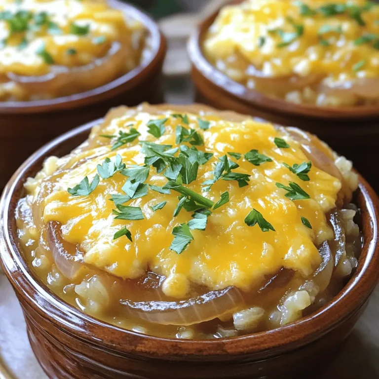 To make French Onion Soup Rice, you’ll need simple yet flavorful ingredients. Each one plays a key role in creating that warm, comforting taste. Here’s the list: - 1 cup Arborio rice - 4 large onions, thinly sliced - 4 cups vegetable broth - 2 tablespoons olive oil - 2 tablespoons unsalted butter - 1 teaspoon sugar - 1 teaspoon dried thyme - 1 bay leaf - 1 cup Gruyère cheese, grated - Salt and pepper to taste - Fresh parsley, chopped (for garnish) Arborio rice gives this dish a creamy texture. Thinly sliced onions bring sweetness when cooked down. Vegetable broth adds depth and flavor. I use olive oil and butter for a rich base. Sugar helps caramelize the onions, making them golden and sweet. Dried thyme and a bay leaf add a lovely herbal note. Gruyère cheese melts beautifully, creating that gooey topping we all love. Salt and pepper balance the flavors perfectly. Fresh parsley adds a pop of color and freshness. For the full recipe, follow the steps carefully to enjoy this hearty dish! To make French onion soup rice, gather your ingredients first. You will need Arborio rice, onions, vegetable broth, olive oil, butter, sugar, thyme, a bay leaf, Gruyère cheese, salt, and pepper. Don’t forget fresh parsley for garnish. This dish takes about one hour to make, so plan your time well. 1. Heat the Pot: Start by heating olive oil and butter in a large pot over medium heat. 2. Cook the Onions: Add the thinly sliced onions. Cook them slowly. Stir often until they turn caramelized and golden brown. This takes about 25 to 30 minutes. 3. Add Sugar: Sprinkle sugar over the onions. This helps them caramelize more. Cook for an extra 5 minutes. 4. Mix in Rice: Add the Arborio rice to the pot. Stir well to coat all the rice with the onion mixture. 5. Pour Broth: Pour in the vegetable broth. Add thyme, bay leaf, salt, and pepper. Bring this mix to a gentle simmer. 6. Cover and Cook: Cover the pot. Cook for about 18 to 20 minutes. Stir occasionally until the rice absorbs most of the broth. 7. Add Cheese: Remove the bay leaf. Stir in half the grated Gruyère cheese until it melts into the rice. 8. Serve: Serve the rice in bowls, topped with the rest of the cheese. For a special touch, broil for a minute to melt and brown the cheese. 9. Garnish: Finish with fresh parsley on top before serving. Keep an eye on the onions as they cook. Stir them every few minutes. This ensures they caramelize evenly. When cooking the rice, check it around the 15-minute mark. You want it tender but not mushy. If needed, add a splash more broth to keep it moist. Trust your taste buds. If you feel it needs more seasoning, add a pinch of salt or pepper. To boost the taste of your French onion soup rice, focus on the onions. Caramelizing them slowly adds sweet, rich flavors. Stir them often for even cooking. Adding a sprinkle of sugar helps with caramelization. Use fresh thyme for a bright note. A splash of white wine can enhance depth, too. After cooking, top your rice with more cheese for a creamy finish. Fresh parsley adds a pop of color and flavor. One mistake is rushing the onion cooking process. If you cook them too fast, they won't caramelize well. Another error is not stirring the rice enough. Stirring helps it cook evenly and absorb flavors. Don't skip the bay leaf; it adds a nice aroma. Lastly, avoid overcooking the rice. You want it tender but not mushy. Follow the cooking times closely for the best results. For this dish, a large pot or Dutch oven works best. This allows even heat distribution. A wooden spoon is great for stirring the onions and rice. A sharp knife makes slicing the onions easier. Using a measuring cup for rice and broth ensures accuracy. A ladle helps serve the rice without making a mess. Don't forget oven-safe bowls if you want to broil the cheese. These tools make cooking fun and simple. You can find the full recipe to guide you through the process. {{image_2}} You can swap ingredients to make this dish your own. Try using different types of cheese. Fontina or mozzarella can work well too. If you want a sharper taste, try aged cheddar. For the broth, use chicken broth instead of vegetable broth. This gives a richer flavor. You can also add mushrooms for a nice earthy touch. If you follow a gluten-free diet, use gluten-free broth. You can also use quinoa instead of Arborio rice. This adds a nutty flavor and a healthy twist. For a plant-based version, replace butter with vegan margarine. Make sure to check the cheese for dairy-free options. Presentation makes a dish fun. Serve French onion soup rice in a hollowed-out bread bowl. This adds texture and flavor. You can also put the rice in small ramekins and top with cheese. Then, broil them until bubbly. Another idea is to sprinkle crispy fried onions on top for extra crunch. To store French Onion Soup Rice, let it cool first. Place it in an airtight container. This keeps the rice fresh and ready for later. It stays good in the fridge for up to four days. Make sure to label the container with the date. If you want to freeze it, use freezer-safe containers. Divide the rice into portions. This way, you can defrost only what you need. It will last for about three months in the freezer. When you are ready to eat, just thaw it in the fridge overnight. To reheat, use a pot on low heat. Add a splash of vegetable broth or water. This helps keep the rice moist. Stir often until heated through. You can also use a microwave. Heat in short intervals and stir in between. Enjoy your warm and tasty French Onion Soup Rice! The best rice for this dish is Arborio rice. Arborio rice is short-grain and has a high starch content. This gives the dish a creamy texture. You can also use Carnaroli rice, which is similar. Both types absorb flavors well and cook to a perfect consistency. Yes, you can make French Onion Soup Rice in advance. It stores well in the fridge for up to three days. Just let it cool, then place it in an airtight container. When you're ready to eat, reheat it on the stove with a splash of broth. This helps restore its creamy texture. To make this dish vegetarian, simply use vegetable broth instead of chicken broth. For a vegan option, skip the butter and use all olive oil. You can also replace Gruyère cheese with a vegan cheese alternative. This way, you still enjoy rich flavors without animal products. French Onion Soup Rice brings rich flavor and comfort to your table. We explored key ingredients, provided clear cooking steps, and shared helpful tips to elevate your dish. Remember to watch your cooking times and avoid common mistakes for the best results. With a few easy adjustments, this dish can fit any dietary need. Store leftovers properly and enjoy again later. Make this recipe your own and impress others with your cooking skills. Dive into this tasty creation and savor every bite!