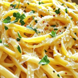 To make cheesy garlic butter linguine, you need a few key items. Here is the list: - 8 oz linguine pasta - 4 tablespoons unsalted butter - 4 cloves garlic, minced - 1 cup heavy cream - 1 cup grated Parmesan cheese - 1 cup shredded mozzarella cheese - 1 teaspoon red pepper flakes (optional) - Salt and pepper to taste - Fresh parsley, chopped (for garnish) Each ingredient plays a big role in the dish. The linguine pasta gives you a great base. You want it to be cooked just right, so it holds the sauce well. Butter and garlic create a rich, savory flavor that makes your mouth water. Cream adds a nice smoothness, while the cheeses provide that cheesy goodness we all love. Parmesan brings a nutty flavor, and mozzarella adds creaminess. If you like a bit of heat, the red pepper flakes are a fun touch. Finally, fresh parsley adds color and a hint of freshness. For the full recipe, check out the steps to craft this delightful meal. Boiling the Water and Cooking Time Start by filling a large pot with water. Add a generous pinch of salt. Bring the water to a boil over high heat. Once boiling, add 8 oz of linguine pasta. Cook for about 8-10 minutes. You want it to be al dente, which means it should still have a slight bite. Stir occasionally to prevent sticking. Draining and Reserving Pasta Water When the pasta is ready, carefully drain it in a colander. Remember to save about 1/2 cup of the pasta water. This water is starchy and helps the sauce stick to the pasta later. Melting Butter and Cooking Garlic In a large skillet, melt 4 tablespoons of unsalted butter over medium heat. Once melted, add 4 cloves of minced garlic. Stir it around for about 1-2 minutes. You want the garlic to become fragrant, not burnt. Keep an eye on it! Adding Cream and Mixing in Cheeses Next, pour in 1 cup of heavy cream. Stir this mixture gently for about 2-3 minutes. Then, add 1 cup of grated Parmesan cheese and 1 cup of shredded mozzarella cheese. Keep stirring until the cheeses melt and the sauce becomes creamy. Tossing Linguine with Sauce Now, add your drained linguine to the skillet. Toss everything together. Make sure the pasta gets coated with the sauce. It should look rich and cheesy. Adjusting Consistency with Pasta Water If the sauce seems too thick, add a bit of the reserved pasta water. This will help loosen it up and keep it silky. Just add a little at a time until you reach your desired consistency. For the full recipe, check out the details above! To make your cheesy garlic butter linguine pop, try using different garlic types. You can use fresh garlic for a strong taste. For a milder flavor, consider roasted garlic. You could even add garlic powder for a quick fix. Spice lovers can boost the heat by adding more red pepper flakes or a dash of cayenne pepper. For cheeses, I recommend mixing Parmesan and mozzarella. This blend gives a nice balance of sharpness and creaminess. You can also try adding a bit of fontina or gouda for extra depth. Always use freshly grated cheese for the best melt and flavor. To avoid overcooked pasta, cook your linguine just until it's al dente. This means it should be firm to the bite. Keep an eye on the clock while cooking. Start checking a minute or two before the package time ends. For a creamy sauce, it’s key to heat your heavy cream gently. If it simmers too long, it may separate. Stir the sauce continuously as you add the cheese. If it gets too thick, add a little reserved pasta water. This helps achieve the perfect consistency. By following these tips, you’ll create a dish that everyone will love. For the complete recipe, check out the [Full Recipe]. Enjoy the cooking adventure! {{image_2}} Gluten-free Pasta Options You can use gluten-free linguine to make this dish. Many brands offer great options. Look for pasta made from brown rice or chickpeas. These choices hold up well and taste great. Dairy-free Alternatives for Cream and Cheese If you want a dairy-free version, try coconut cream in place of heavy cream. Nutritional yeast adds a cheesy flavor without dairy. You can also use vegan cheese for a creamy texture. Adding Vegetables or Proteins You can boost this dish by adding veggies. Spinach, cherry tomatoes, or broccoli work well. If you like protein, add cooked chicken, shrimp, or tofu. This adds flavor and makes it more filling. Flavor Infusions with Herbs and Spices For extra flavor, think about adding herbs like basil, oregano, or thyme. A squeeze of lemon juice brightens the dish. You can also use spices like smoked paprika or cayenne for heat. These small changes make a big difference. Feel free to mix and match to find your favorite version of Cheesy Garlic Butter Linguine. For the full recipe, check out the recipe card above! To keep your cheesy garlic butter linguine fresh, follow these steps. First, let the dish cool down to room temperature. Then, place it in an airtight container. This helps keep the flavors intact. You can refrigerate it for up to three days. If you want to store it longer, try freezing it. Just make sure to use a freezer-safe container. It’s best to freeze individual portions. This way, you can easily reheat just what you need. When reheating, use a skillet for the best results. Add a splash of water or cream to help it heat evenly. Stir often to avoid burning. You can also use a microwave. If you do, cover the dish loosely with a microwave-safe lid. Heat it in short bursts, stirring in between. How long does cheesy garlic butter linguine last in the fridge? It can stay good for about three days. After that, the taste and texture may change. Always check for freshness before eating. Look for signs of spoilage. If the pasta smells off or has a strange color, it’s best to throw it away. Mold is also a clear sign that the dish is no longer safe to eat. Always trust your senses to keep your meals safe. Can I make this dish ahead of time? Yes, you can make Cheesy Garlic Butter Linguine ahead of time. Prepare the pasta and sauce separately. Store them in airtight containers. When you're ready to eat, just reheat them together. Add a splash of pasta water to loosen the sauce. What can I serve with Cheesy Garlic Butter Linguine? This dish pairs well with many sides. You can serve it with a fresh green salad. Garlic bread also makes a great side. For protein, grilled chicken or shrimp complements the flavors nicely. Is it possible to make this recipe vegan? Absolutely! You can easily make this dish vegan. Use vegan butter and cream instead of dairy. For cheese, try a plant-based cheese blend. The flavors will still be rich and satisfying. Check out the Full Recipe for more details! You now have all the tools to make Cheesy Garlic Butter Linguine. We've covered the key ingredients, cooking steps, and helpful tips to boost flavor. You learned about variations and how to store your dish properly. In closing, this recipe offers a simple way to enjoy a flavorful meal. Experiment with different ingredients and techniques to make it your own. Enjoy creating your cheesy garlic delight!