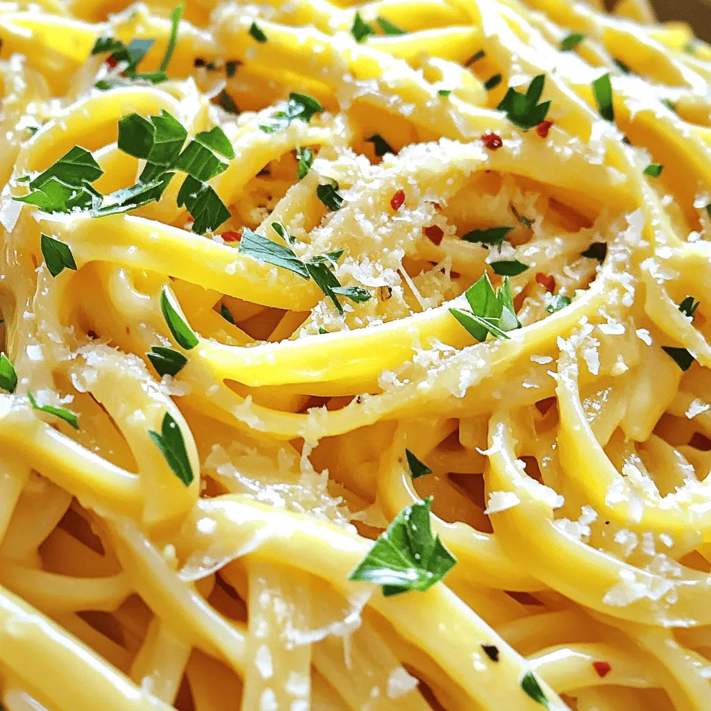 To make cheesy garlic butter linguine, you need a few key items. Here is the list: - 8 oz linguine pasta - 4 tablespoons unsalted butter - 4 cloves garlic, minced - 1 cup heavy cream - 1 cup grated Parmesan cheese - 1 cup shredded mozzarella cheese - 1 teaspoon red pepper flakes (optional) - Salt and pepper to taste - Fresh parsley, chopped (for garnish) Each ingredient plays a big role in the dish. The linguine pasta gives you a great base. You want it to be cooked just right, so it holds the sauce well. Butter and garlic create a rich, savory flavor that makes your mouth water. Cream adds a nice smoothness, while the cheeses provide that cheesy goodness we all love. Parmesan brings a nutty flavor, and mozzarella adds creaminess. If you like a bit of heat, the red pepper flakes are a fun touch. Finally, fresh parsley adds color and a hint of freshness. For the full recipe, check out the steps to craft this delightful meal. Boiling the Water and Cooking Time Start by filling a large pot with water. Add a generous pinch of salt. Bring the water to a boil over high heat. Once boiling, add 8 oz of linguine pasta. Cook for about 8-10 minutes. You want it to be al dente, which means it should still have a slight bite. Stir occasionally to prevent sticking. Draining and Reserving Pasta Water When the pasta is ready, carefully drain it in a colander. Remember to save about 1/2 cup of the pasta water. This water is starchy and helps the sauce stick to the pasta later. Melting Butter and Cooking Garlic In a large skillet, melt 4 tablespoons of unsalted butter over medium heat. Once melted, add 4 cloves of minced garlic. Stir it around for about 1-2 minutes. You want the garlic to become fragrant, not burnt. Keep an eye on it! Adding Cream and Mixing in Cheeses Next, pour in 1 cup of heavy cream. Stir this mixture gently for about 2-3 minutes. Then, add 1 cup of grated Parmesan cheese and 1 cup of shredded mozzarella cheese. Keep stirring until the cheeses melt and the sauce becomes creamy. Tossing Linguine with Sauce Now, add your drained linguine to the skillet. Toss everything together. Make sure the pasta gets coated with the sauce. It should look rich and cheesy. Adjusting Consistency with Pasta Water If the sauce seems too thick, add a bit of the reserved pasta water. This will help loosen it up and keep it silky. Just add a little at a time until you reach your desired consistency. For the full recipe, check out the details above! To make your cheesy garlic butter linguine pop, try using different garlic types. You can use fresh garlic for a strong taste. For a milder flavor, consider roasted garlic. You could even add garlic powder for a quick fix. Spice lovers can boost the heat by adding more red pepper flakes or a dash of cayenne pepper. For cheeses, I recommend mixing Parmesan and mozzarella. This blend gives a nice balance of sharpness and creaminess. You can also try adding a bit of fontina or gouda for extra depth. Always use freshly grated cheese for the best melt and flavor. To avoid overcooked pasta, cook your linguine just until it's al dente. This means it should be firm to the bite. Keep an eye on the clock while cooking. Start checking a minute or two before the package time ends. For a creamy sauce, it’s key to heat your heavy cream gently. If it simmers too long, it may separate. Stir the sauce continuously as you add the cheese. If it gets too thick, add a little reserved pasta water. This helps achieve the perfect consistency. By following these tips, you’ll create a dish that everyone will love. For the complete recipe, check out the [Full Recipe]. Enjoy the cooking adventure! {{image_2}} Gluten-free Pasta Options You can use gluten-free linguine to make this dish. Many brands offer great options. Look for pasta made from brown rice or chickpeas. These choices hold up well and taste great. Dairy-free Alternatives for Cream and Cheese If you want a dairy-free version, try coconut cream in place of heavy cream. Nutritional yeast adds a cheesy flavor without dairy. You can also use vegan cheese for a creamy texture. Adding Vegetables or Proteins You can boost this dish by adding veggies. Spinach, cherry tomatoes, or broccoli work well. If you like protein, add cooked chicken, shrimp, or tofu. This adds flavor and makes it more filling. Flavor Infusions with Herbs and Spices For extra flavor, think about adding herbs like basil, oregano, or thyme. A squeeze of lemon juice brightens the dish. You can also use spices like smoked paprika or cayenne for heat. These small changes make a big difference. Feel free to mix and match to find your favorite version of Cheesy Garlic Butter Linguine. For the full recipe, check out the recipe card above! To keep your cheesy garlic butter linguine fresh, follow these steps. First, let the dish cool down to room temperature. Then, place it in an airtight container. This helps keep the flavors intact. You can refrigerate it for up to three days. If you want to store it longer, try freezing it. Just make sure to use a freezer-safe container. It’s best to freeze individual portions. This way, you can easily reheat just what you need. When reheating, use a skillet for the best results. Add a splash of water or cream to help it heat evenly. Stir often to avoid burning. You can also use a microwave. If you do, cover the dish loosely with a microwave-safe lid. Heat it in short bursts, stirring in between. How long does cheesy garlic butter linguine last in the fridge? It can stay good for about three days. After that, the taste and texture may change. Always check for freshness before eating. Look for signs of spoilage. If the pasta smells off or has a strange color, it’s best to throw it away. Mold is also a clear sign that the dish is no longer safe to eat. Always trust your senses to keep your meals safe. Can I make this dish ahead of time? Yes, you can make Cheesy Garlic Butter Linguine ahead of time. Prepare the pasta and sauce separately. Store them in airtight containers. When you're ready to eat, just reheat them together. Add a splash of pasta water to loosen the sauce. What can I serve with Cheesy Garlic Butter Linguine? This dish pairs well with many sides. You can serve it with a fresh green salad. Garlic bread also makes a great side. For protein, grilled chicken or shrimp complements the flavors nicely. Is it possible to make this recipe vegan? Absolutely! You can easily make this dish vegan. Use vegan butter and cream instead of dairy. For cheese, try a plant-based cheese blend. The flavors will still be rich and satisfying. Check out the Full Recipe for more details! You now have all the tools to make Cheesy Garlic Butter Linguine. We've covered the key ingredients, cooking steps, and helpful tips to boost flavor. You learned about variations and how to store your dish properly. In closing, this recipe offers a simple way to enjoy a flavorful meal. Experiment with different ingredients and techniques to make it your own. Enjoy creating your cheesy garlic delight!