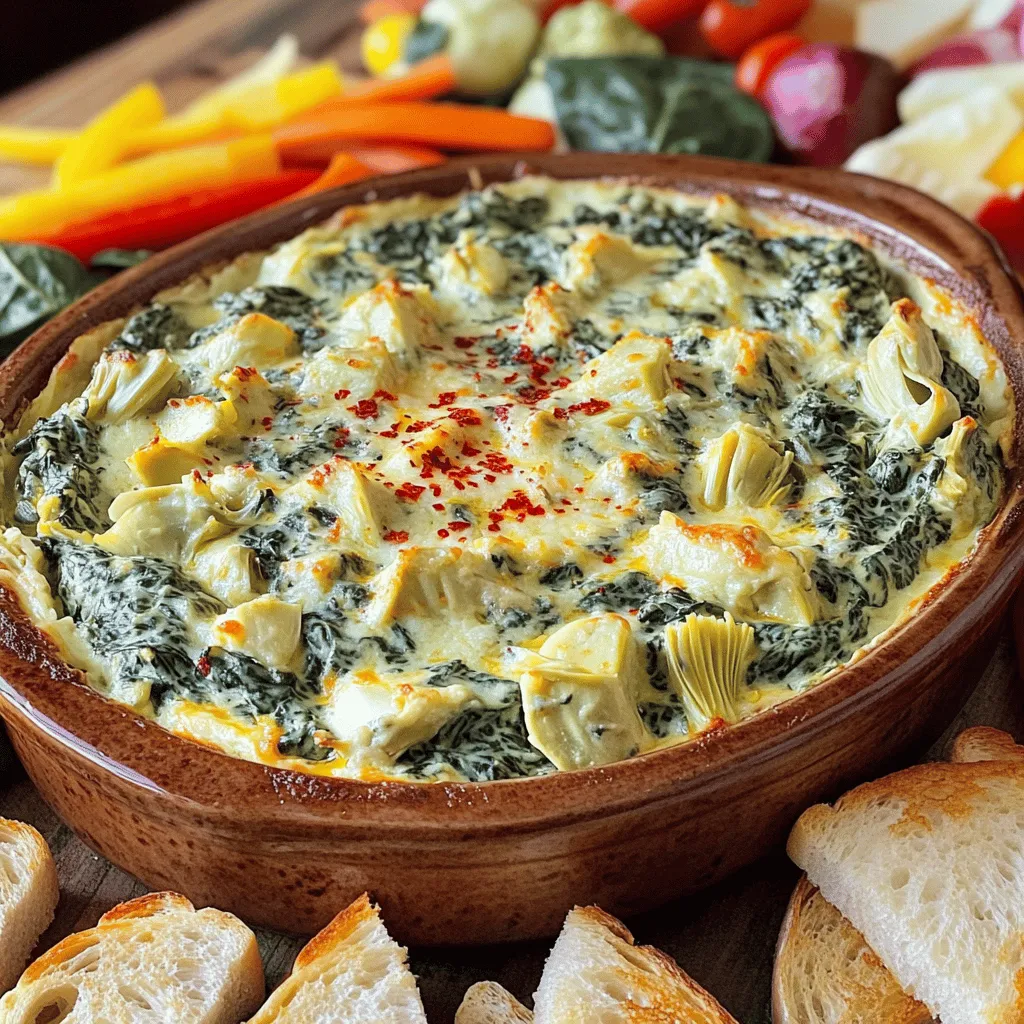 To make a delicious creamy spinach and artichoke dip, gather your ingredients. Here’s what you need: - 1 cup fresh spinach, chopped - 1 cup artichoke hearts, drained and chopped - 1 cup cream cheese, softened - 1/2 cup sour cream - 1/2 cup mayonnaise - 1 cup shredded mozzarella cheese - 1/4 cup grated Parmesan cheese - 2 cloves garlic, minced - 1 teaspoon lemon juice - 1/2 teaspoon red pepper flakes (optional) - Salt and pepper to taste Each ingredient brings a unique flavor and texture to the dip. The fresh spinach offers a bright taste, while artichokes add a nice depth. Cream cheese, sour cream, and mayonnaise blend together to create a rich base. The two cheeses, mozzarella and Parmesan, give that gooey, melty goodness we love in dips. Feel free to adjust the seasonings as you like. More garlic can boost the flavor, or a pinch of red pepper flakes can add heat. This dip can fit any taste! For the full recipe, you can check the details above. - Preheat oven to 350°F (175°C). - In a large bowl, combine cream cheese, sour cream, and mayonnaise. - Mix until smooth and creamy. - Fold in chopped spinach and artichokes. - Add shredded mozzarella, grated Parmesan, minced garlic, and seasonings. - Stir until everything is well blended. - Transfer the mix to a baking dish. Spread it out evenly. - Bake for 20-25 minutes, until bubbly and golden brown. - Let the dip cool for a few minutes before serving. - Serve warm with dippers like toasted baguette slices or crunchy veggies. - Garnish with extra parsley or a sprinkle of red pepper flakes. This creamy spinach and artichoke dip is an irresistible treat that brings joy to every gathering. For the full recipe and more tips, check out the [Full Recipe]. Using fresh spinach gives your dip a bright taste. Canned artichokes are great for ease. Both options work, but fresh often wins for flavor. To adjust creaminess, play with cream cheese, sour cream, and mayonnaise. More cream cheese makes it thick. Add more sour cream for a lighter dip. You can make this dip a day ahead. Just mix all the ingredients and store in the fridge. This helps the flavors blend well. When you're ready, bake it fresh. For reheating, warm it gently in the oven. Avoid the microwave to keep the texture nice. Serve this dip in a colorful bowl for a fun touch. Toasted baguette slices and tortilla chips make great dippers. Crunchy veggies like carrots and celery also work well. To finish, add a sprinkle of red pepper flakes or fresh parsley. These small touches make your dish pop. Enjoy every bite! {{image_2}} You can spice up your dip by adding jalapeños. The heat gives a nice kick. Simply chop a few and mix them in with the other ingredients. This adds flavor and warmth. You can also play with cheese types. Try adding a blend of cheeses like cheddar or cream cheese. Each cheese gives its own unique taste. Mixing them creates a rich, creamy texture that everyone will love. If you want a lighter dip, swap out some ingredients. Use low-fat cream cheese and yogurt instead of sour cream. This cuts calories without losing much flavor. You can also try using Greek yogurt for a protein boost. For vegan options, substitute cream cheese with cashew cream or tofu. You can use nutritional yeast for a cheesy flavor. These swaps keep the dip creamy and tasty while fitting a plant-based diet. Feel free to use different greens if you want. Kale or Swiss chard work great in place of spinach. They add nutrients and a different taste. You can also try using marinated artichokes instead of canned ones. They bring more flavor to the dip. Just chop them up and mix them in. Each swap adds a fun twist to your creamy spinach and artichoke dip recipe. For the full recipe, check out the section above! To keep your creamy spinach and artichoke dip fresh, store it in airtight containers. This helps prevent moisture loss and keeps the flavors intact. Allow the dip to cool completely before sealing it. Label the container with the date for easy tracking. It’s best to eat your leftovers within three to four days. You can freeze this dip for later enjoyment. First, let it cool and then transfer it to a freezer-safe container. Leave some space at the top since the dip will expand when frozen. To thaw, simply place it in the fridge overnight. When you’re ready to eat, reheat it in the oven at 350°F (175°C) until warmed through. This method helps keep the texture creamy. How long does it last in the fridge? The dip stays good for about three to four days in the fridge. After that, the quality may decline. What are the signs of spoilage? Look for any off smells, discoloration, or mold. If you notice any of these signs, it's best to toss the dip. Enjoy it fresh for the best taste! What to serve with Creamy Spinach and Artichoke Dip? You can serve this dip with many tasty options. I love using: - Toasted baguette slices - Tortilla chips - Fresh veggies like carrots and celery These choices add great crunch and flavor. Can I make this dip in advance? Yes, you can make this dip ahead of time. Just prepare it and store it in the fridge. Cover it tightly to keep it fresh. When you are ready, bake it as directed in the Full Recipe. How do I reheat the dip without drying it out? To reheat, place the dip in the oven at a low temperature. Cover it with foil to keep moisture in. Heat until warm without letting it dry out. Why is my dip too thick? If your dip is too thick, you can add a splash of milk or cream. This helps to loosen the texture. Stir well until you reach your desired creaminess. How do I fix an overly salty dip? To fix a salty dip, try adding a bit of sour cream or cream cheese. These ingredients can balance the salt. Mix it in well and taste until it’s just right. Caloric breakdown per serving Each serving of this dip has about 200 calories. This is a rough estimate and can vary based on the exact ingredients used. Dietary considerations (gluten-free, vegetarian) This dip is gluten-free and vegetarian. It’s a great option for many diets. Just check the labels on your ingredients to ensure they meet your needs. This blog post covered the easy steps to make a tasty Creamy Spinach and Artichoke Dip. You learned about the key ingredients, along with tips for perfecting the dip. I shared ways to store leftovers and offered flavor variations. Get creative with your own twists and enjoy this delicious dip at your next gathering. Remember, cooking can be fun and simple. So, gather your ingredients, and let your taste buds celebrate!