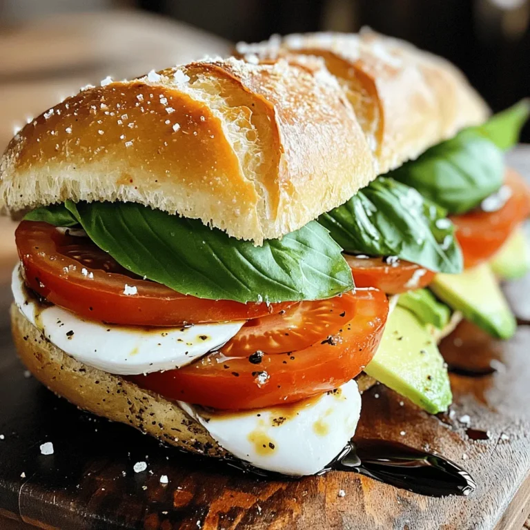 To make your Caprese sandwich shine, use fresh ingredients. Here’s what you need: - 1 ciabatta roll or focaccia bread, sliced in half - 1 large ripe tomato, sliced - 1 ball of fresh mozzarella, sliced - Fresh basil leaves - 2 tablespoons balsamic glaze - 1 tablespoon extra virgin olive oil - Salt and freshly cracked black pepper to taste - Optional: 1 avocado, sliced for added creaminess Fresh tomatoes and mozzarella bring a vibrant taste to your sandwich. Choose ripe tomatoes for the best flavor. The mozzarella should be soft and creamy. To boost the taste, I recommend adding a drizzle of balsamic glaze. This adds a sweet and tangy kick. The olive oil gives a rich depth. A sprinkle of salt and pepper enhances all the flavors. If you want more creaminess, add avocado slices. They pair well with the other ingredients. This Caprese sandwich is not just tasty; it offers great nutrition too. Here’s a quick look: - Calories: About 450 (without avocado) - Protein: 20 grams - Fat: 25 grams (mostly healthy fats) - Carbohydrates: 40 grams The sandwich provides good fats from the olive oil and mozzarella. The tomatoes offer vitamins and antioxidants. This dish is both delicious and healthy, making it a great choice for lunch or a light dinner. First, grab your ciabatta roll or focaccia bread. Slice it in half, creating a top and bottom. This bread gives a nice crunch that holds the filling well. Next, mix extra virgin olive oil with a pinch of salt and freshly cracked black pepper. Brush this mixture on the inside of both bread halves. This step adds flavor and helps the sandwich stay moist. Now, let’s build your sandwich. Start with the bottom half of the bread. Layer the sliced tomatoes in a nice pattern, slightly overlapping them. Add a sprinkle of salt to boost the tomato flavor. Then, place the slices of fresh mozzarella on top of the tomatoes. Make sure you spread them out evenly. Next, add the fresh basil leaves. Feel free to pile them high for that fresh taste. If you want a creamier bite, add sliced avocado on top of the basil. Finish by drizzling balsamic glaze over everything. This adds a sweet and tangy kick. To make your sandwich warm and melty, grill it. Use a skillet or a panini press. Heat it over medium heat. Place your sandwich in the skillet and press down gently. Grill it for 2-3 minutes on each side. You want the bread to turn golden and the cheese to melt. Once grilled, slice the sandwich in half. Serve it right away for the best taste. Enjoy your fresh Caprese sandwich! For the full recipe and more details, check the Full Recipe. To make a great Caprese sandwich, use fresh bread. I love ciabatta rolls or focaccia. They have a nice crust and soft inside. This helps hold all the tasty fillings. If you want a lighter option, try a baguette. Just ensure the bread is not too hard, or it may hurt your mouth. Feel free to switch up the ingredients. You can add extra basil for more flavor. If you like spicy, add red pepper flakes. Want more creaminess? Add avocado slices. You can even change the cheese. Try goat cheese or feta for a twist. Make this sandwich your own! To keep your sandwich fresh, store ingredients properly. Keep tomatoes at room temperature, not in the fridge. The cold can change their taste. For mozzarella, keep it sealed in the fridge. Use it within a few days for the best flavor. Basil should be in a glass of water, like a flower. This keeps it fresh and vibrant. If you have leftover bread, wrap it tightly. This will help keep it from getting stale. {{image_2}} You can take the classic Caprese sandwich up a notch by grilling it. Grilling adds a warm, crispy exterior. To make a grilled version, follow the same steps in the full recipe. After assembling your sandwich, grill it for 2-3 minutes on each side. The cheese melts beautifully, and the bread turns golden brown. This method gives your sandwich a nice crunch and smoky flavor. If you need a quick meal, try a Caprese wrap. It’s simple and portable. Use a large tortilla or flatbread as your base. Spread the olive oil mixture like in the full recipe. Then layer the tomato slices, mozzarella, and basil inside the wrap. Roll it tightly and slice in half. This wrap is perfect for lunch or a picnic and tastes just as good as the sandwich. You can easily make a vegan Caprese sandwich. Swap the fresh mozzarella for a plant-based cheese or avocado. Use a vegan balsamic glaze to keep it dairy-free. The rest of the ingredients stay the same. This variation retains the fresh flavors while being kind to those on a vegan diet. You won’t miss the cheese with all those vibrant tastes. To keep your sandwich ingredients fresh, store them in separate containers. Wrap the tomato slices in plastic wrap. This prevents them from drying out. Keep the mozzarella in its liquid if possible. This helps maintain its flavor and texture. Place basil leaves in a damp paper towel and seal them in a bag. This keeps them fresh and vibrant. Store the balsamic glaze and olive oil in airtight containers. They can last for weeks in a cool, dark place. Bread is best stored at room temperature. Place it in a paper bag, not plastic. Plastic traps moisture, which can make bread soggy. If you have extra bread, freeze it. Wrap it tightly in foil or freezer bags. This keeps it fresh for up to three months. When you want to use frozen bread, thaw it at room temperature. You can also warm it in the oven for a few minutes. If you have leftover sandwiches, reheat them to enjoy warm. Preheat your skillet over medium heat. Place the sandwich in the skillet for about 3-4 minutes on each side. This helps the bread get crispy while warming the cheese. If you prefer, use an oven. Wrap the sandwich in foil and heat it at 350°F for about 10 minutes. This method keeps the bread soft while melting the cheese perfectly. For the best flavor, eat your sandwich right after reheating. I love using ciabatta rolls or focaccia bread. They are soft yet sturdy. This helps hold all the tasty layers inside. The crust adds a nice crunch. You can also use a baguette for a different texture. Just make sure it is fresh! Yes, you can make a Caprese sandwich ahead of time. It’s best to store it in the fridge until you’re ready to eat. If you do this, keep the balsamic glaze separate. This keeps the bread from getting soggy. You can assemble it just before serving for the freshest taste. I recommend a light side salad with mixed greens. A simple cucumber salad works well too. You could also serve it with crispy chips or roasted veggies. For a refreshing drink, try iced tea or lemonade. These sides enhance the sandwich's bright flavors. In this blog post, we discussed how to make a delicious Caprese sandwich. We explored fresh ingredients that enhance flavor and vital nutrition. I shared step-by-step instructions for preparation and grilling. You also learned tips on choosing the right bread and adjusting flavors to suit your taste. Remember, there are fun variations, like the grilled Caprese or quick wraps. Store leftovers properly for the best taste. With this knowledge, you can create your own tasty versions of this classic sandwich. Enjoy making and sharing your Caprese creations!