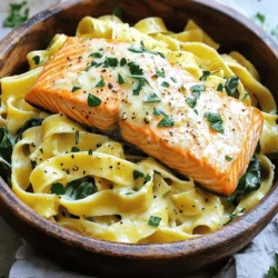- Pasta Selection: - 8 oz (225g) fettuccine or your favorite pasta - Salmon Fillets: - 2 salmon fillets (about 6 oz each) - Creamy Sauce Components: - 3 tablespoons olive oil - 4 cloves garlic, minced - 1 cup heavy cream - 1/2 cup grated parmesan cheese - Fresh Additions: - 1 cup baby spinach - 1 tablespoon lemon juice - Fresh parsley, chopped, for garnish - Seasoning: - Salt and pepper to taste This creamy garlic salmon pasta is a delight. First, choose your pasta. Fettuccine works great, but any pasta will do. Next, we need two salmon fillets. They should be about six ounces each. For the creamy sauce, gather olive oil, garlic, heavy cream, and parmesan cheese. Add some fresh spinach for color and nutrients. A splash of lemon juice brightens the dish. Don't forget salt and pepper to enhance all the flavors. You can find the full recipe [here](#). Start by boiling water in a large pot. Add a good pinch of salt to flavor the pasta. Once the water boils, add 8 oz of your favorite pasta. I prefer fettuccine for its nice texture. Cook according to package instructions until it is al dente. This usually takes about 8 to 10 minutes. Remember to reserve 1/2 cup of pasta water before draining. This starchy water helps the sauce stick later. For the salmon, heat 2 tablespoons of olive oil in a large skillet over medium heat. Season your two salmon fillets with salt and pepper. When the oil is hot, place the salmon skin-side down in the skillet. Cook for about 4 to 5 minutes until golden brown. Flip the fillets and cook for another 3 to 4 minutes. This method ensures even cooking and a lovely crust. Once done, take it out and set it aside. In the same skillet, add the last tablespoon of olive oil. Toss in 4 minced garlic cloves and sauté for about 1 to 2 minutes. You want the garlic fragrant but not browned. Next, pour in 1 cup of heavy cream. Bring it to a gentle simmer. Stir in 1/2 cup of grated parmesan cheese, letting it melt into the sauce. If it gets too thick, add your reserved pasta water slowly until you reach the right consistency. Now, add the cooked pasta and 1 cup of baby spinach to the sauce. Toss everything together, ensuring the pasta is well coated. Squeeze in 1 tablespoon of fresh lemon juice for brightness. Flake the cooked salmon into large chunks. Gently fold it into the pasta, being careful not to break it apart too much. This step adds a lovely texture and flavor to your dish. Enjoy the process, and savor the smell of your creamy garlic salmon pasta. If you want, check out the Full Recipe for more details. To make the sauce just right, you can adjust its thickness. If it feels too thick, add some reserved pasta water. This helps create a smooth, creamy texture. You can also enhance the flavor by mixing in cheese or fresh herbs. For example, adding a bit of fresh basil or dill can make the sauce sing. You can cook the salmon in different ways. Baking or grilling are great options if you want a smoky flavor. Just be sure to season your salmon well. Try using lemon zest, dill, or even a bit of paprika for a twist. Each method brings a unique taste to the dish. For side dishes, think about light and fresh options. A simple green salad pairs well with the pasta. Roasted vegetables or garlic bread are also tasty choices. When serving, arrange the pasta nicely on the plate. Top it with the salmon pieces and a sprinkle of parsley for a beautiful touch. You want it to look as good as it tastes! For the full recipe, check out the Creamy Garlic Salmon Pasta. {{image_2}} You can easily change the pasta. Try whole grain or gluten-free pasta. They taste great and keep it healthy. If you want a different protein, use chicken or shrimp. Both options work well with the creamy sauce. Add some colorful veggies to your dish. Bell peppers or broccoli can boost the flavor and nutrition. If you like heat, sprinkle in some red pepper flakes. They add a nice kick and make the dish exciting. Looking for lighter options? Use low-fat milk or yogurt instead of heavy cream. They can still give you a creamy feel without all the fat. If you need a dairy-free sauce, try coconut milk or cashew cream. Both options keep the dish rich and tasty without dairy. For the Full Recipe, you can visit the link provided. To store your creamy garlic salmon pasta, let it cool first. Place it in an airtight container. This keeps it fresh and tasty. It will last in the fridge for 2 to 3 days. When you want to eat it again, just take it out. You can freeze this dish, but I suggest freezing the pasta and sauce separately. This helps keep the pasta from getting soggy. The salmon is great fresh, so add it when reheating. Wrap each part tightly to avoid freezer burn. For best quality, use within 3 months. For reheating, I prefer the stovetop method. It helps keep the creaminess. Add a splash of water or broth to the pan. Heat on medium until warm. Stir gently to mix the sauce back in. You can use a microwave too, but be careful. Heat in short bursts to avoid drying it out. To keep salmon moist, I suggest a few key tips. First, avoid overcooking the fish. Cook it just until it flakes easily with a fork. Use a medium heat to sear the salmon. This helps it cook evenly. You can also marinate the salmon for extra flavor and moisture. A simple mix of olive oil, lemon juice, and herbs works well. Finally, let the salmon rest after cooking. This allows the juices to redistribute, keeping each bite juicy. Yes, you can switch up the pasta! While I love fettuccine, other options work great too. Penne, spaghetti, or even whole wheat pasta can be used. If you prefer gluten-free, try brown rice or chickpea pasta. Just make sure to adjust the cooking time according to the pasta you choose. Absolutely! To make this dish dairy-free, swap the heavy cream with coconut cream or a dairy-free alternative. For cheese, use nutritional yeast or a vegan parmesan. These options still give a rich flavor without dairy. Always check the labels to ensure they fit your dietary needs. This dish pairs well with many sides. A fresh green salad brightens the meal. Roasted vegetables like asparagus or broccoli add great color and taste. Garlic bread can also be a nice touch for soaking up the creamy sauce. To scale up the recipe, simply increase the ingredient amounts. For every extra serving, add more pasta, salmon, and sauce. A good rule is to plan for about 4 oz of pasta and 6 oz of salmon per person. Keep an eye on cooking times, especially for the salmon, as it may take longer in larger batches. Yes, you can prepare this dish ahead of time! Cook the pasta and sauce separately. Store them in airtight containers in the fridge. When ready to serve, reheat the sauce and pasta together on low heat. Add the salmon just before serving to keep it fresh. This way, you enjoy a tasty meal without all the fuss on busy nights. You can find the Full Recipe to guide you through the process. This blog post covered how to make creamy garlic salmon pasta. We discussed ingredients, cooking steps, and helpful tips. You learned about pasta, salmon, and the rich sauce. Experiment with variations and enjoy fresh flavors. Proper storage ensures your leftovers taste great. Choose the best methods for reheating. You can serve this delicious dish with sides for a complete meal. Keep these tips in mind to create a lovely dinner. Happy cooking!