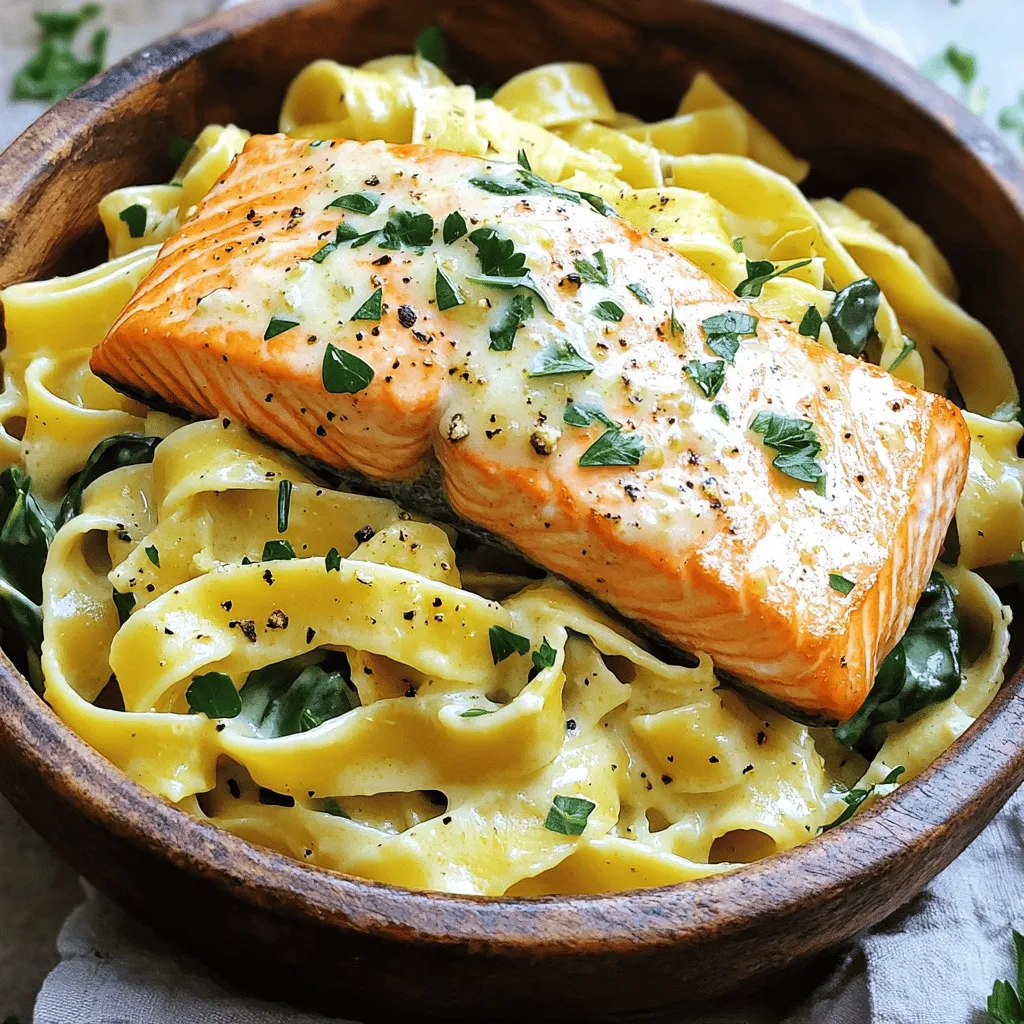 - Pasta Selection: - 8 oz (225g) fettuccine or your favorite pasta - Salmon Fillets: - 2 salmon fillets (about 6 oz each) - Creamy Sauce Components: - 3 tablespoons olive oil - 4 cloves garlic, minced - 1 cup heavy cream - 1/2 cup grated parmesan cheese - Fresh Additions: - 1 cup baby spinach - 1 tablespoon lemon juice - Fresh parsley, chopped, for garnish - Seasoning: - Salt and pepper to taste This creamy garlic salmon pasta is a delight. First, choose your pasta. Fettuccine works great, but any pasta will do. Next, we need two salmon fillets. They should be about six ounces each. For the creamy sauce, gather olive oil, garlic, heavy cream, and parmesan cheese. Add some fresh spinach for color and nutrients. A splash of lemon juice brightens the dish. Don't forget salt and pepper to enhance all the flavors. You can find the full recipe [here](#). Start by boiling water in a large pot. Add a good pinch of salt to flavor the pasta. Once the water boils, add 8 oz of your favorite pasta. I prefer fettuccine for its nice texture. Cook according to package instructions until it is al dente. This usually takes about 8 to 10 minutes. Remember to reserve 1/2 cup of pasta water before draining. This starchy water helps the sauce stick later. For the salmon, heat 2 tablespoons of olive oil in a large skillet over medium heat. Season your two salmon fillets with salt and pepper. When the oil is hot, place the salmon skin-side down in the skillet. Cook for about 4 to 5 minutes until golden brown. Flip the fillets and cook for another 3 to 4 minutes. This method ensures even cooking and a lovely crust. Once done, take it out and set it aside. In the same skillet, add the last tablespoon of olive oil. Toss in 4 minced garlic cloves and sauté for about 1 to 2 minutes. You want the garlic fragrant but not browned. Next, pour in 1 cup of heavy cream. Bring it to a gentle simmer. Stir in 1/2 cup of grated parmesan cheese, letting it melt into the sauce. If it gets too thick, add your reserved pasta water slowly until you reach the right consistency. Now, add the cooked pasta and 1 cup of baby spinach to the sauce. Toss everything together, ensuring the pasta is well coated. Squeeze in 1 tablespoon of fresh lemon juice for brightness. Flake the cooked salmon into large chunks. Gently fold it into the pasta, being careful not to break it apart too much. This step adds a lovely texture and flavor to your dish. Enjoy the process, and savor the smell of your creamy garlic salmon pasta. If you want, check out the Full Recipe for more details. To make the sauce just right, you can adjust its thickness. If it feels too thick, add some reserved pasta water. This helps create a smooth, creamy texture. You can also enhance the flavor by mixing in cheese or fresh herbs. For example, adding a bit of fresh basil or dill can make the sauce sing. You can cook the salmon in different ways. Baking or grilling are great options if you want a smoky flavor. Just be sure to season your salmon well. Try using lemon zest, dill, or even a bit of paprika for a twist. Each method brings a unique taste to the dish. For side dishes, think about light and fresh options. A simple green salad pairs well with the pasta. Roasted vegetables or garlic bread are also tasty choices. When serving, arrange the pasta nicely on the plate. Top it with the salmon pieces and a sprinkle of parsley for a beautiful touch. You want it to look as good as it tastes! For the full recipe, check out the Creamy Garlic Salmon Pasta. {{image_2}} You can easily change the pasta. Try whole grain or gluten-free pasta. They taste great and keep it healthy. If you want a different protein, use chicken or shrimp. Both options work well with the creamy sauce. Add some colorful veggies to your dish. Bell peppers or broccoli can boost the flavor and nutrition. If you like heat, sprinkle in some red pepper flakes. They add a nice kick and make the dish exciting. Looking for lighter options? Use low-fat milk or yogurt instead of heavy cream. They can still give you a creamy feel without all the fat. If you need a dairy-free sauce, try coconut milk or cashew cream. Both options keep the dish rich and tasty without dairy. For the Full Recipe, you can visit the link provided. To store your creamy garlic salmon pasta, let it cool first. Place it in an airtight container. This keeps it fresh and tasty. It will last in the fridge for 2 to 3 days. When you want to eat it again, just take it out. You can freeze this dish, but I suggest freezing the pasta and sauce separately. This helps keep the pasta from getting soggy. The salmon is great fresh, so add it when reheating. Wrap each part tightly to avoid freezer burn. For best quality, use within 3 months. For reheating, I prefer the stovetop method. It helps keep the creaminess. Add a splash of water or broth to the pan. Heat on medium until warm. Stir gently to mix the sauce back in. You can use a microwave too, but be careful. Heat in short bursts to avoid drying it out. To keep salmon moist, I suggest a few key tips. First, avoid overcooking the fish. Cook it just until it flakes easily with a fork. Use a medium heat to sear the salmon. This helps it cook evenly. You can also marinate the salmon for extra flavor and moisture. A simple mix of olive oil, lemon juice, and herbs works well. Finally, let the salmon rest after cooking. This allows the juices to redistribute, keeping each bite juicy. Yes, you can switch up the pasta! While I love fettuccine, other options work great too. Penne, spaghetti, or even whole wheat pasta can be used. If you prefer gluten-free, try brown rice or chickpea pasta. Just make sure to adjust the cooking time according to the pasta you choose. Absolutely! To make this dish dairy-free, swap the heavy cream with coconut cream or a dairy-free alternative. For cheese, use nutritional yeast or a vegan parmesan. These options still give a rich flavor without dairy. Always check the labels to ensure they fit your dietary needs. This dish pairs well with many sides. A fresh green salad brightens the meal. Roasted vegetables like asparagus or broccoli add great color and taste. Garlic bread can also be a nice touch for soaking up the creamy sauce. To scale up the recipe, simply increase the ingredient amounts. For every extra serving, add more pasta, salmon, and sauce. A good rule is to plan for about 4 oz of pasta and 6 oz of salmon per person. Keep an eye on cooking times, especially for the salmon, as it may take longer in larger batches. Yes, you can prepare this dish ahead of time! Cook the pasta and sauce separately. Store them in airtight containers in the fridge. When ready to serve, reheat the sauce and pasta together on low heat. Add the salmon just before serving to keep it fresh. This way, you enjoy a tasty meal without all the fuss on busy nights. You can find the Full Recipe to guide you through the process. This blog post covered how to make creamy garlic salmon pasta. We discussed ingredients, cooking steps, and helpful tips. You learned about pasta, salmon, and the rich sauce. Experiment with variations and enjoy fresh flavors. Proper storage ensures your leftovers taste great. Choose the best methods for reheating. You can serve this delicious dish with sides for a complete meal. Keep these tips in mind to create a lovely dinner. Happy cooking!