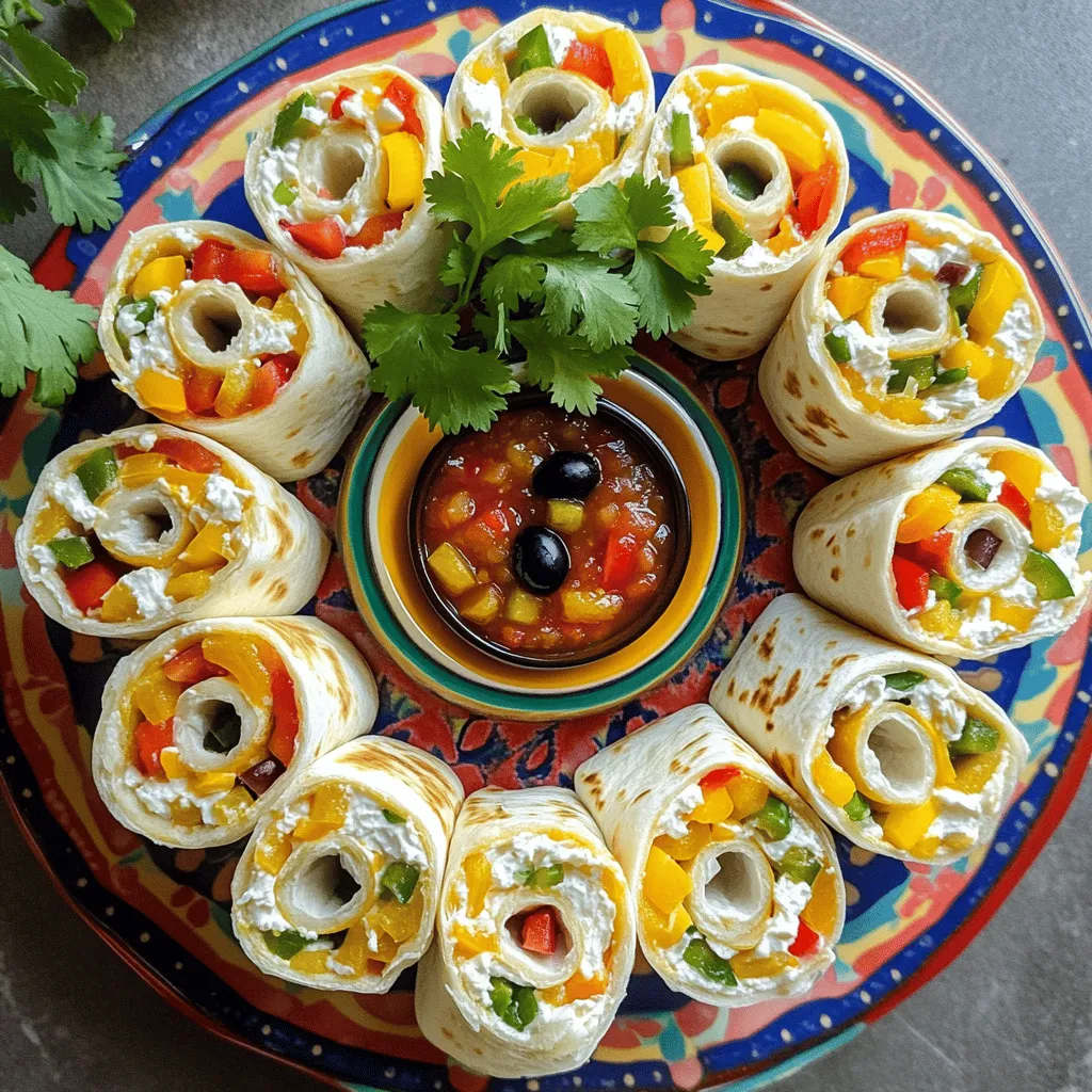 - Main Ingredients: - 4 large flour tortillas - 1 cup cream cheese, softened - 1 cup shredded cheese (cheddar or mozzarella) - 1 cup diced bell peppers (red, yellow, and green) - 1/2 cup black olives, sliced - 1 cup diced cooked chicken (optional) - Seasoning and Extras: - 1 tablespoon taco seasoning - 1/4 cup fresh cilantro, chopped (optional) - Salsa for dipping These tasty tortilla roll-ups are easy to make and fun for kids. You can mix and match ingredients based on what your kids like. The cream cheese helps hold everything together and adds a nice flavor. I love using bright bell peppers, as they make the roll-ups look colorful and fun. You can also add chicken for extra protein, or skip it for a vegetarian option. With the taco seasoning, you get a burst of flavor. Fresh cilantro adds a nice touch, but you can leave it out if your kids don’t like it. Salsa makes a great dip, too! Check out the Full Recipe to see how simple it is to put these together. Enjoy getting creative in the kitchen! Start with four large flour tortillas. Set them on your counter. Use a knife to spread a thick layer of softened cream cheese on each tortilla. Cover the entire surface. This step adds creaminess and flavor. In a small bowl, mix your filling. Combine 1 cup of shredded cheese with diced bell peppers. Add sliced black olives, chicken (if you want), taco seasoning, and chopped cilantro. Stir until all the ingredients blend well. This mix gives your roll-ups a tasty crunch. Now, it’s time to roll! Take one tortilla and sprinkle the cheese mix on top. Leave about an inch from the edges. Start rolling from one side to the other. Make sure to roll tightly. Once rolled, slice the tortilla into bite-sized pieces, about 1 inch thick. Place the roll-ups on a colorful platter and serve with salsa on the side for dipping. This makes a fun and tasty snack. For the full recipe, check out the details above. Enjoy making these delicious tortilla roll-ups! Choosing the Right Tortillas Pick large flour tortillas for this recipe. They roll up easily and hold the filling well. You can also try whole wheat tortillas for a healthier option. If your kids prefer a bit of color, opt for spinach or tomato tortillas. How to Involve Kids in the Cooking Process Let your kids help with the fun parts! They can spread the cream cheese on the tortillas. Show them how to sprinkle the cheese and veggies. Kids love to mix ingredients, so let them stir the filling. This makes cooking a fun family activity. Presentation and Serving Suggestions Make the roll-ups look fun! Cut them into bite-sized pieces. Arrange them in a circle on a bright platter. You can even garnish with fresh cilantro for a pop of color. Serve with a small bowl of salsa for dipping. This adds flavor and makes it exciting for kids to eat. These tips will help you and your kids create tasty and fun tortilla roll-ups. Try the full recipe to make this dish come alive! {{image_2}} You can change up your tortilla roll-ups to keep things fun. Here are some easy ideas: - Vegetarian Options: You can swap out chicken for beans or veggies. Try black beans, corn, or spinach. These add great taste and color. Plus, they give a boost of nutrients. - Alternative Spreads: Instead of cream cheese, use hummus or mashed avocado. Hummus adds a savory flavor. Avocado gives a creamy texture. Kids will love these tasty spreads. - Different Fillings: Explore other proteins like turkey or beef. You can also use deli meats or cooked shrimp. Mixing in some cheese and veggies makes these options even better. These twists make the recipe more fun. They let kids explore new flavors. For more ideas, check the Full Recipe for Tasty Tortilla Roll-Ups. Enjoy making these together! Best Practices for Refrigeration To keep your tortilla roll-ups fresh, place them in an airtight container. This prevents them from drying out. Make sure to eat them within three days for the best taste. If you notice any sogginess, you can pat them dry with a paper towel first. Freezing Guidelines for Meal Prep You can freeze these roll-ups for easy meals later. Wrap each roll tightly in plastic wrap. Then, place the wrapped rolls in a freezer bag. They can last up to two months in the freezer. When ready to eat, just thaw them in the fridge overnight. Reheating Instructions To reheat, place the roll-ups on a microwave-safe plate. Heat on medium for about 30 seconds. Check if they are warm enough; if not, heat for an extra 15 seconds. You can also bake them in the oven at 350°F for 10 minutes for a crispy texture. Serve with salsa from the Full Recipe for a tasty snack! Can I make these ahead of time? Yes, you can make tortilla roll-ups ahead of time. Prepare them and place them in the fridge. They stay fresh for about two days. Wrap them tightly in plastic wrap. This keeps them from drying out. When ready to eat, just slice and serve! What are some healthy dips for tortilla roll-ups? Healthy dips add fun to your roll-ups. Here are a few ideas: - Greek yogurt with herbs - Hummus with lemon - Guacamole with lime - Salsa made from fresh tomatoes These dips are tasty and packed with nutrients. Kids will love them! How can I modify the recipe for picky eaters? If your kids are picky, try these tips: - Use their favorite cheese or spread. - Skip ingredients they dislike, like bell peppers. - Try different proteins like turkey or ham. - Make mini roll-ups to make them more appealing. This way, you can create a meal they'll enjoy! Tasty tortilla roll-ups are easy and fun to make. We covered the ingredients, preparation steps, and tips to make them perfect. You learned about variations for different tastes and how to store leftovers. These roll-ups can be a great snack to share or a fun meal to enjoy. Experiment with fillings and get kids involved in the kitchen. With a bit of creativity, you will have a hit on your hands! Enjoy making these tasty bites!