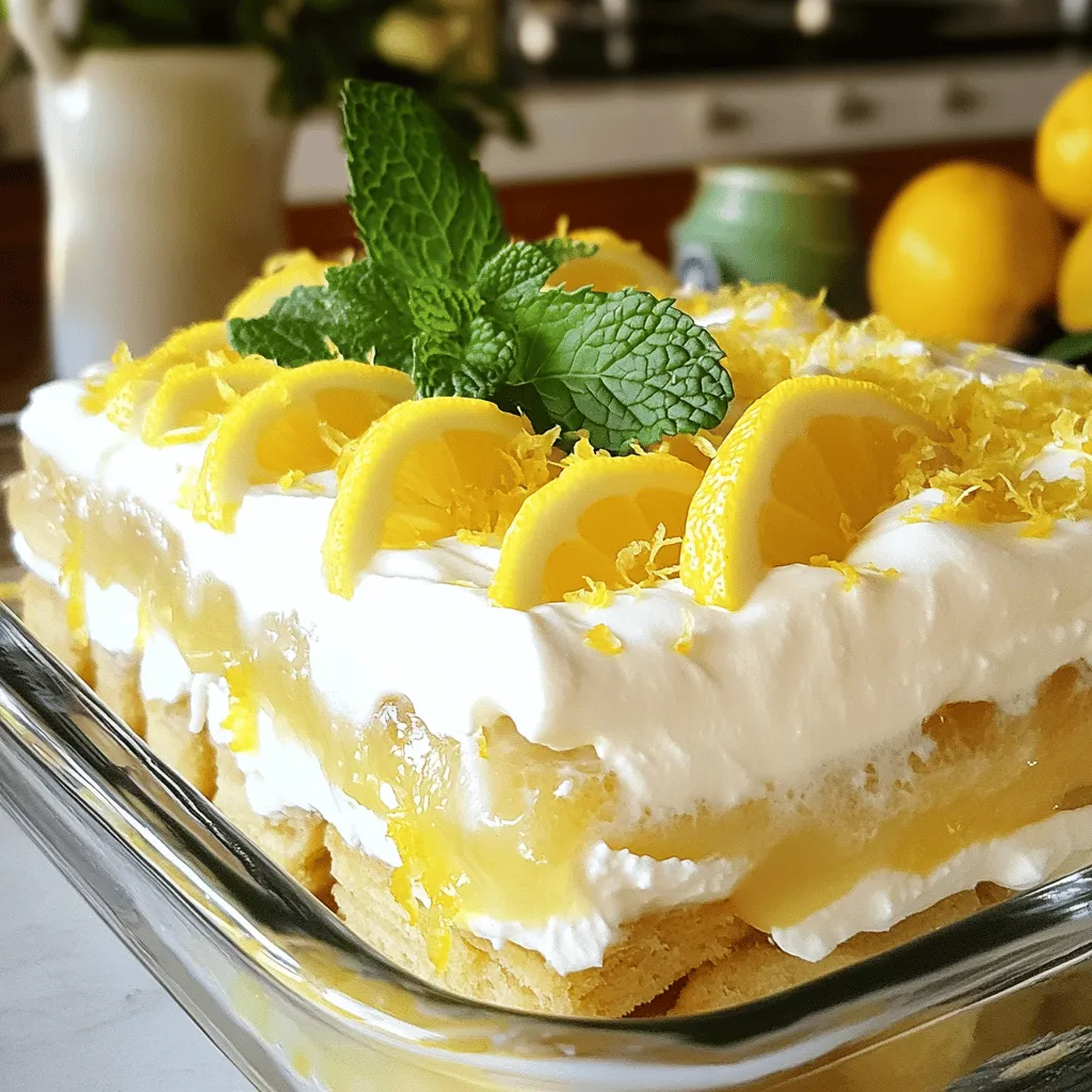 To make a tasty Lemon Tiramisu, you need the following ingredients: - 1 cup mascarpone cheese - 1 cup heavy whipping cream - 1/2 cup granulated sugar - Zest of 2 lemons - 1/4 cup fresh lemon juice - 1 teaspoon vanilla extract - 12 ladyfinger cookies - 1 cup brewed lemon herbal tea, cooled - Fresh mint leaves for garnish Using quality ingredients makes a big difference in taste. Fresh lemons give the best flavor. High-quality mascarpone adds creaminess. Choose fresh mint for garnish to brighten your dish. If you can't find mascarpone cheese, you can use cream cheese. Mix it with a bit of sour cream for smoothness. For gluten-free options, look for ladyfingers made from almond flour or gluten-free bread. If you want to replace sugar, consider honey or agave syrup. However, reduce the amount since they are sweeter than sugar. To start, gather your ingredients for the lemon mascarpone mixture. In a large bowl, mix the mascarpone cheese, heavy whipping cream, granulated sugar, lemon zest, lemon juice, and vanilla extract. Use an electric mixer. Begin at a low speed to avoid splatter. Gradually increase the speed to medium. Whip until soft peaks form. This should take about 3-5 minutes. The cream should be thick and smooth, not runny. Next, prepare to layer your dessert. Pour the cooled lemon herbal tea into a shallow dish. Dip each ladyfinger quickly into the tea. Make sure they are damp but not soggy. Too much tea will ruin the texture. Arrange half of the soaked ladyfingers at the bottom of a rectangular dish in a single layer. Spread half of the lemon mascarpone mixture over the ladyfingers. Use a spatula to smooth it out. Repeat with the second layer of ladyfingers and the remaining mascarpone mixture. Chilling is key for flavor. Cover the dish with plastic wrap. Refrigerate for at least 4 hours, but overnight is best. This allows the flavors to meld together. Use a clean kitchen towel to cover the dessert if you lack plastic wrap. When ready to serve, top with fresh mint leaves and more lemon zest for a bright finish. Enjoy your delicious Lemon Tiramisu Delight! For the complete process, refer to the Full Recipe. To make your Lemon Tiramisu shine, always choose fresh ingredients. Use real lemons, not bottled juice. Fresh zest adds bright notes to the dish. For the best taste, balance sweetness with acidity. The sugar should complement the lemon, not overpower it. Adjust the sugar based on your lemon's tartness. Serve the Lemon Tiramisu in fun ways. You can layer it in clear cups or small jars. This way, guests will see the lovely layers. For garnishing, add fresh mint leaves on top. A sprinkle of lemon zest also brightens the look. These touches make your dessert more inviting. If your mascarpone mixture splits, whip it again on low speed. This can help bring it back together. If you find your ladyfingers soggy, try a quicker dip in the tea. Too long will make them overly wet. Aim to just moisten them for the right texture. {{image_2}} You can switch up the flavor of your Lemon Tiramisu by using other citrus fruits. Think about adding orange or lime for a fresh twist. These fruits give the dessert a new taste while keeping it light. If you want an adult version, add flavored liqueurs. Limoncello or orange liqueur can elevate the flavor and add a fun kick. Have you thought about making Lemon Tiramisu in different shapes? You can create Lemon Tiramisu cupcakes. Just layer the ingredients in cupcake liners. This makes them easy to serve at parties. Another fun idea is mini servings in glasses or jars. These individual portions are cute and perfect for sharing. If you want a vegan Lemon Tiramisu, simply use coconut cream instead of mascarpone cheese. You can also use almond milk and a vegan sugar substitute. For those on a low-carb diet, swap regular sugar with a low-carb sweetener. This way, you can enjoy this delightful dessert without the carbs. For the full recipe, check out the complete details provided above. You can store Lemon Tiramisu in the fridge for up to 3 days. Make sure to cover it well with plastic wrap or a lid. This keeps it fresh and prevents it from absorbing other flavors. I like to use a glass or plastic container with a tight seal. It helps maintain the dessert's light texture and zesty taste. If you want to save leftovers, you can freeze Lemon Tiramisu. Cut it into portions, and place them in an airtight container. Wrap each piece in plastic wrap first. This prevents freezer burn and keeps flavors intact. To thaw, move the dessert to the fridge for a few hours or overnight. Avoid using a microwave, as it can ruin the creamy layers. Enjoy it cold for a refreshing treat! Making Lemon Tiramisu takes about 20 minutes of active prep time. After that, it needs to chill for at least 4 hours. I recommend overnight chilling for the best flavor. The longer it chills, the better the flavors blend together. Yes, you can use other herbal teas. Chamomile or ginger tea works well too. They add nice flavors and keep the dessert light. Just make sure the tea is cooled before dipping the ladyfingers. I love serving Lemon Tiramisu with fresh berries or a light salad. For drinks, try sparkling water or a fruity spritzer. These pair well and make the meal feel special. You can explore more pairing ideas in the full recipe. Lemon Tiramisu offers a fresh twist on a classic dessert. We covered essential ingredients and substitutions, ensuring everyone can enjoy it. The step-by-step instructions make preparation easy, while tips improve flavor and presentation. You can explore variations, dietary modifications, and proper storage methods for your treats. In the end, this dessert is versatile and fun. With fresh lemons and a little creativity, you can impress everyone. Enjoy creating your own version!