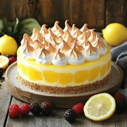 - 1 ½ cups crushed graham crackers - ½ cup unsalted butter, melted - 2 tablespoons sugar - 16 oz cream cheese, softened - ½ cup sugar - 3 large eggs - Zest of 2 lemons - ⅓ cup freshly squeezed lemon juice - 1 teaspoon vanilla extract - 3 large eggs - ¾ cup sugar - ⅓ cup freshly squeezed lemon juice - Zest of 1 lemon - 4 tablespoons unsalted butter, cut into pieces - 3 large egg whites - ¾ cup sugar - ¼ teaspoon cream of tartar - 1 teaspoon vanilla extract The ingredients for this triple lemon meringue cheesecake bring bright flavors. The crust starts with crunchy graham crackers, which give a nice base. You mix them with melted butter and sugar to form a delicious layer. For the cheesecake filling, cream cheese is the star. It adds that rich and creamy texture we all love. The addition of lemon juice and zest gives a sweet and tangy twist. Next, we make the lemon curd, which is smooth and vibrant. It uses fresh lemon juice and zest for a real citrus kick. This layer adds extra depth and flavor. For the final touch, we whip up the meringue topping. This topping is light and airy, creating a beautiful contrast with the dense cheesecake. Use the full recipe to guide you through the fun process. Each layer has its own charm and taste. You will create a delightful dessert that impresses everyone! - Preheat to 325°F (165°C) - Grease a 9-inch springform pan Start by preheating your oven. Set it to 325°F (165°C). While the oven heats, grease a 9-inch springform pan. This helps the cheesecake come out smoothly later. - Combine crust ingredients and press into the pan - Bake and cool the crust In a bowl, mix 1 ½ cups crushed graham crackers, ½ cup melted butter, and 2 tablespoons sugar. Press this mixture evenly into the bottom of your springform pan. Bake for 10 minutes. Allow the crust to cool completely before adding the cheesecake filling. - Mix cream cheese and sugar until smooth - Add eggs, lemon zest, lemon juice, and vanilla In a large bowl, beat 16 oz softened cream cheese with ½ cup sugar until smooth. This takes about 2-3 minutes. Add 3 large eggs one at a time, mixing slowly after each. Then, mix in the zest of 2 lemons, ⅓ cup lemon juice, and 1 teaspoon vanilla extract. Ensure everything is well combined. - Pour filling over cooled crust and bake - Cool cheesecake in the oven Pour the cheesecake filling onto your cooled crust. Smooth the top with a spatula. Bake for 50-60 minutes. The center should jiggle slightly but firm up as it cools. After baking, turn off the oven and crack the door. Let the cheesecake cool in the oven for 1 hour, then refrigerate for at least 4 hours or overnight. - Whisk eggs, sugar, lemon juice, and zest in a saucepan - Thicken over medium heat and add butter In a small saucepan, whisk together 3 large eggs, ¾ cup sugar, ⅓ cup lemon juice, and the zest of 1 lemon. Cook over medium heat, whisking constantly. The mixture will thicken in about 8-10 minutes. Remove from heat and stir in 4 tablespoons of butter until melted. Let this lemon curd cool before spreading it on the cheesecake. - Spread lemon curd over the cheesecake - Prepare and add the meringue topping Once the lemon curd is cool, spread it evenly over the chilled cheesecake. Prepare the meringue next. - Create peaks and broil until golden - Cool before serving In a clean bowl, beat 3 large egg whites until frothy. Add ¼ teaspoon cream of tartar and continue beating until soft peaks form. Gradually add ¾ cup sugar, one tablespoon at a time, until you get stiff peaks. Mix in 1 teaspoon vanilla extract. Spread the meringue over the lemon curd, creating peaks. Broil for 1-2 minutes, watching closely until golden. Allow cooling before serving. You can find the full recipe [here](#). To make the best cheesecake, start with room temperature ingredients. This helps create a smooth and creamy filling. Cold ingredients can lead to lumps. When mixing the batter, be careful not to overmix. Just mix until everything is combined. Overmixing can make the cheesecake dense. When making meringue, clean your mixing bowl first. Any grease can stop the egg whites from whipping properly. Make sure the bowl is dry as well. While mixing, add sugar slowly. This helps the meringue become stable and fluffy. If you add it too fast, the meringue may not hold its shape. To make your cheesecake look lovely, garnish it with lemon slices or fresh berries. This adds color and makes it more appealing. Always serve the cheesecake chilled. This brings out all the flavors and gives you the best taste experience. Enjoy your slice of joy! {{image_2}} You can make your cheesecake even more exciting by adding flavor infusions. Try mixing in other citrus zests, like lime or orange. This adds a fresh twist to the lemon flavor. You can also add a hint of almond or coconut extract. Just a little will enhance the taste and give your cheesecake a unique touch. While meringue is classic, you can switch it up with different toppings. Whipped cream is a light option that pairs well with lemon. It adds a soft texture and a creamy taste. You can also top with seasonal fruits like berries or kiwi. This not only looks beautiful but adds natural sweetness and color to your dessert. For those needing gluten-free options, you can still enjoy this treat. Substitute regular graham crackers with gluten-free ones. They work just as well in the crust. You might also explore almond flour as an alternative for the crust. Almond flour gives a nice nutty flavor that complements the cheesecake beautifully. These variations let you customize your Triple Lemon Meringue Cheesecake. You can create a dessert that fits your tastes and dietary needs. For the complete recipe, check out the [Full Recipe]. Store your Triple Lemon Meringue Cheesecake in the fridge. Keep it in an airtight container to keep it fresh. It tastes best within 3-4 days. You can enjoy the bright lemon flavor and creamy texture for a few days after making it. Want to save some for later? You can freeze portions of the cheesecake. Wrap each piece tightly in plastic wrap. This helps keep the cheesecake from getting freezer burn. Be sure to label it with the date, so you know when you made it! When you’re ready to enjoy your frozen cheesecake, thaw it in the refrigerator overnight. This way, it will be nice and cool when you serve it. Remember, do not refreeze after thawing. This will keep the texture and flavor just right. Triple Lemon Meringue Cheesecake is a sweet dessert. It mixes creamy cheesecake, tangy lemon curd, and fluffy meringue. Each layer brings a burst of lemon flavor. The cheesecake has a smooth texture, while the meringue is light and airy. Lemon curd adds a tart twist that balances the sweetness. This dessert is a treat for lemon lovers! Yes, you can make this cheesecake a day ahead. This helps the flavors blend well. Just cool it completely and store it in the fridge. Letting it sit overnight makes it even tastier. When ready to serve, top it with meringue for a fresh look. To keep the crust firm, bake it first. After baking, let it cool completely. This step prevents moisture from the filling from making the crust soggy. A well-baked crust holds up nicely under the creamy filling. If your meringue weeps, it may be due to overcooking. Meringue can also weep if egg whites are not whipped enough. Make sure to beat the egg whites until they form stiff peaks. This ensures a stable meringue that stands tall on your cheesecake. You now know how to make a Triple Lemon Meringue Cheesecake. We covered the ingredients, from the crust to the meringue. I shared step-by-step instructions to guide you through each stage. Plus, I included tips for perfecting your cheesecake and variations to make it your own. Enjoy crafting this delicious dessert that combines tangy lemon and sweet meringue. Remember to store any leftovers properly. Happy baking!