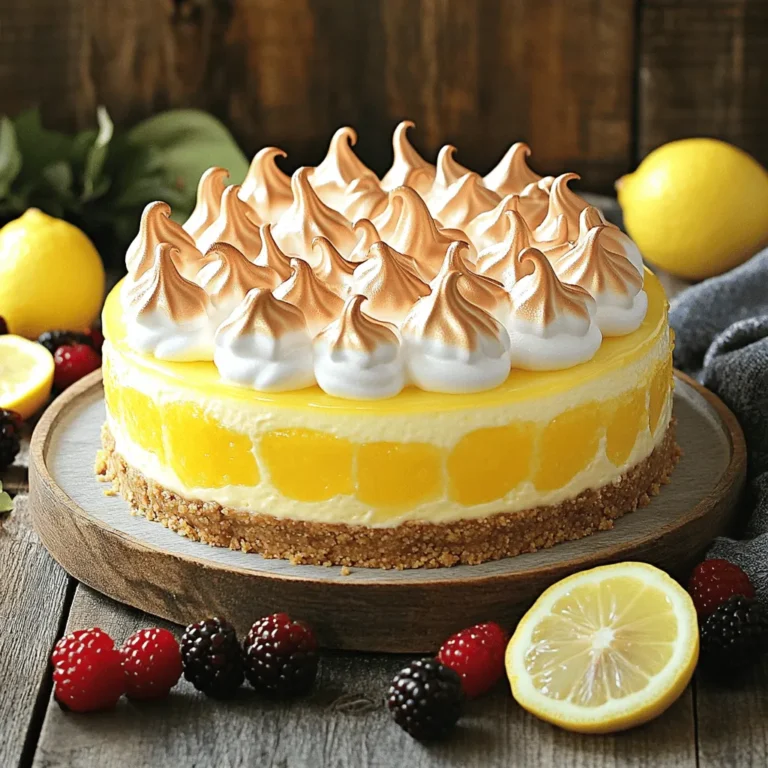 - 1 ½ cups crushed graham crackers - ½ cup unsalted butter, melted - 2 tablespoons sugar - 16 oz cream cheese, softened - ½ cup sugar - 3 large eggs - Zest of 2 lemons - ⅓ cup freshly squeezed lemon juice - 1 teaspoon vanilla extract - 3 large eggs - ¾ cup sugar - ⅓ cup freshly squeezed lemon juice - Zest of 1 lemon - 4 tablespoons unsalted butter, cut into pieces - 3 large egg whites - ¾ cup sugar - ¼ teaspoon cream of tartar - 1 teaspoon vanilla extract The ingredients for this triple lemon meringue cheesecake bring bright flavors. The crust starts with crunchy graham crackers, which give a nice base. You mix them with melted butter and sugar to form a delicious layer. For the cheesecake filling, cream cheese is the star. It adds that rich and creamy texture we all love. The addition of lemon juice and zest gives a sweet and tangy twist. Next, we make the lemon curd, which is smooth and vibrant. It uses fresh lemon juice and zest for a real citrus kick. This layer adds extra depth and flavor. For the final touch, we whip up the meringue topping. This topping is light and airy, creating a beautiful contrast with the dense cheesecake. Use the full recipe to guide you through the fun process. Each layer has its own charm and taste. You will create a delightful dessert that impresses everyone! - Preheat to 325°F (165°C) - Grease a 9-inch springform pan Start by preheating your oven. Set it to 325°F (165°C). While the oven heats, grease a 9-inch springform pan. This helps the cheesecake come out smoothly later. - Combine crust ingredients and press into the pan - Bake and cool the crust In a bowl, mix 1 ½ cups crushed graham crackers, ½ cup melted butter, and 2 tablespoons sugar. Press this mixture evenly into the bottom of your springform pan. Bake for 10 minutes. Allow the crust to cool completely before adding the cheesecake filling. - Mix cream cheese and sugar until smooth - Add eggs, lemon zest, lemon juice, and vanilla In a large bowl, beat 16 oz softened cream cheese with ½ cup sugar until smooth. This takes about 2-3 minutes. Add 3 large eggs one at a time, mixing slowly after each. Then, mix in the zest of 2 lemons, ⅓ cup lemon juice, and 1 teaspoon vanilla extract. Ensure everything is well combined. - Pour filling over cooled crust and bake - Cool cheesecake in the oven Pour the cheesecake filling onto your cooled crust. Smooth the top with a spatula. Bake for 50-60 minutes. The center should jiggle slightly but firm up as it cools. After baking, turn off the oven and crack the door. Let the cheesecake cool in the oven for 1 hour, then refrigerate for at least 4 hours or overnight. - Whisk eggs, sugar, lemon juice, and zest in a saucepan - Thicken over medium heat and add butter In a small saucepan, whisk together 3 large eggs, ¾ cup sugar, ⅓ cup lemon juice, and the zest of 1 lemon. Cook over medium heat, whisking constantly. The mixture will thicken in about 8-10 minutes. Remove from heat and stir in 4 tablespoons of butter until melted. Let this lemon curd cool before spreading it on the cheesecake. - Spread lemon curd over the cheesecake - Prepare and add the meringue topping Once the lemon curd is cool, spread it evenly over the chilled cheesecake. Prepare the meringue next. - Create peaks and broil until golden - Cool before serving In a clean bowl, beat 3 large egg whites until frothy. Add ¼ teaspoon cream of tartar and continue beating until soft peaks form. Gradually add ¾ cup sugar, one tablespoon at a time, until you get stiff peaks. Mix in 1 teaspoon vanilla extract. Spread the meringue over the lemon curd, creating peaks. Broil for 1-2 minutes, watching closely until golden. Allow cooling before serving. You can find the full recipe [here](#). To make the best cheesecake, start with room temperature ingredients. This helps create a smooth and creamy filling. Cold ingredients can lead to lumps. When mixing the batter, be careful not to overmix. Just mix until everything is combined. Overmixing can make the cheesecake dense. When making meringue, clean your mixing bowl first. Any grease can stop the egg whites from whipping properly. Make sure the bowl is dry as well. While mixing, add sugar slowly. This helps the meringue become stable and fluffy. If you add it too fast, the meringue may not hold its shape. To make your cheesecake look lovely, garnish it with lemon slices or fresh berries. This adds color and makes it more appealing. Always serve the cheesecake chilled. This brings out all the flavors and gives you the best taste experience. Enjoy your slice of joy! {{image_2}} You can make your cheesecake even more exciting by adding flavor infusions. Try mixing in other citrus zests, like lime or orange. This adds a fresh twist to the lemon flavor. You can also add a hint of almond or coconut extract. Just a little will enhance the taste and give your cheesecake a unique touch. While meringue is classic, you can switch it up with different toppings. Whipped cream is a light option that pairs well with lemon. It adds a soft texture and a creamy taste. You can also top with seasonal fruits like berries or kiwi. This not only looks beautiful but adds natural sweetness and color to your dessert. For those needing gluten-free options, you can still enjoy this treat. Substitute regular graham crackers with gluten-free ones. They work just as well in the crust. You might also explore almond flour as an alternative for the crust. Almond flour gives a nice nutty flavor that complements the cheesecake beautifully. These variations let you customize your Triple Lemon Meringue Cheesecake. You can create a dessert that fits your tastes and dietary needs. For the complete recipe, check out the [Full Recipe]. Store your Triple Lemon Meringue Cheesecake in the fridge. Keep it in an airtight container to keep it fresh. It tastes best within 3-4 days. You can enjoy the bright lemon flavor and creamy texture for a few days after making it. Want to save some for later? You can freeze portions of the cheesecake. Wrap each piece tightly in plastic wrap. This helps keep the cheesecake from getting freezer burn. Be sure to label it with the date, so you know when you made it! When you’re ready to enjoy your frozen cheesecake, thaw it in the refrigerator overnight. This way, it will be nice and cool when you serve it. Remember, do not refreeze after thawing. This will keep the texture and flavor just right. Triple Lemon Meringue Cheesecake is a sweet dessert. It mixes creamy cheesecake, tangy lemon curd, and fluffy meringue. Each layer brings a burst of lemon flavor. The cheesecake has a smooth texture, while the meringue is light and airy. Lemon curd adds a tart twist that balances the sweetness. This dessert is a treat for lemon lovers! Yes, you can make this cheesecake a day ahead. This helps the flavors blend well. Just cool it completely and store it in the fridge. Letting it sit overnight makes it even tastier. When ready to serve, top it with meringue for a fresh look. To keep the crust firm, bake it first. After baking, let it cool completely. This step prevents moisture from the filling from making the crust soggy. A well-baked crust holds up nicely under the creamy filling. If your meringue weeps, it may be due to overcooking. Meringue can also weep if egg whites are not whipped enough. Make sure to beat the egg whites until they form stiff peaks. This ensures a stable meringue that stands tall on your cheesecake. You now know how to make a Triple Lemon Meringue Cheesecake. We covered the ingredients, from the crust to the meringue. I shared step-by-step instructions to guide you through each stage. Plus, I included tips for perfecting your cheesecake and variations to make it your own. Enjoy crafting this delicious dessert that combines tangy lemon and sweet meringue. Remember to store any leftovers properly. Happy baking!