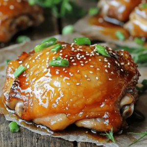 To make honey garlic chicken thighs, you need a few simple items: - 4 bone-in, skin-on chicken thighs - 1/4 cup honey - 1/4 cup soy sauce - 4 cloves garlic, minced - 1 teaspoon fresh ginger, grated - 1 tablespoon olive oil - 1 teaspoon sesame oil - Salt and pepper to taste If you don’t have bone-in thighs, you can use boneless ones. Just adjust the cooking time. For honey, you might try maple syrup as a sweet swap. Low-sodium soy sauce works if you want less salt in your dish. Garnishes can make your dish pop. I love using: - 2 green onions, sliced (for garnish) - Sesame seeds (for garnish) You can also add crushed peanuts, cilantro, or chili flakes for some heat. These add flavor and color to your plate, making it look more inviting. For the full recipe, check out the detailed instructions to bring this dish to life! Start by drying the chicken thighs. Use paper towels to remove moisture. This step helps the skin get crispy. Next, season both sides with salt and pepper. You can also use your favorite herbs. Try thyme or rosemary for a seasonal touch. This adds extra flavor to your dish. In a bowl, mix honey, soy sauce, minced garlic, ginger, olive oil, and sesame oil. Whisk these ingredients until they blend well. This will ensure even sauce distribution. Taste the sauce and adjust if needed. Add more honey for sweetness or soy sauce for saltiness. Make it your own! Heat an oven-safe skillet over medium-high heat. Once hot, place the chicken thighs in the skillet skin-side down. Sear them for about 5-7 minutes. This will make the skin crispy and golden brown. After searing, flip the thighs and pour the honey garlic sauce over them. Next, transfer the skillet to a preheated oven at 400°F (200°C). Bake for 25-30 minutes. The chicken is done when it reaches an internal temperature of 165°F (75°C). If you want a caramelized look, switch to broil for 3-5 minutes at the end. Just watch closely to prevent burning! Enjoy your honey garlic chicken thighs! For the full recipe, check out the details above. To get a nice glaze on your honey garlic chicken thighs, broiling is key. Broiling gives the chicken a crispy finish. After baking your chicken, set your oven to broil. Broil for just 3-5 minutes. Watch it closely to avoid burning the glaze. This step adds a nice caramelized look and flavor. Avoid common mistakes when broiling. First, don’t leave the chicken unattended. The sugar in the honey can burn quickly. Second, make sure to coat the chicken evenly with the sauce before broiling. This helps create that beautiful glaze. Pair your honey garlic chicken thighs with simple sides. Cooked rice or steamed vegetables work well. The rice absorbs the sweet sauce, making each bite tasty. You can also add some sautéed greens for color and health. For presentation, place the chicken on a large plate. Drizzle extra sauce over the top for a glossy look. Add a sprinkle of sesame seeds and sliced green onions. This makes your dish pop and look restaurant-worthy. For more details, check the Full Recipe. {{image_2}} You can switch out some ingredients for different flavors. For a healthier option, use low-sodium soy sauce. This change cuts down on salt while still giving you a nice umami taste. You can also try sweeteners like maple syrup instead of honey. Maple syrup adds a unique flavor and keeps the dish sweet. If you want to change how you cook your chicken thighs, there are great options. You can use a slow cooker for a hands-off meal. Just mix your sauce and chicken in the slow cooker, set it to low, and let it cook for 6-8 hours. Another quick option is the Instant Pot. This method cooks your chicken in about 10-15 minutes. Just add the chicken and sauce to the pot, seal it, and cook on high pressure. Both methods create juicy chicken with that great honey garlic taste. For more tips, check out the Full Recipe! To keep honey garlic chicken thighs fresh, store them in the fridge. Place the chicken in an airtight container. Make sure to cool the chicken to room temperature first. This helps avoid moisture buildup. The chicken will last 3 to 4 days in the fridge. When it's time to reheat, use your oven or microwave. For the oven, set it to 350°F (175°C). Heat the chicken for about 15-20 minutes. If using a microwave, cover the chicken with a damp paper towel. Heat in short bursts of 1-2 minutes until warm. This keeps the chicken juicy. Freezing is a great option if you want to save leftovers. To freeze, place the chicken in a freezer-safe bag or container. Remove as much air as possible. Label it with the date. Honey garlic chicken thighs can last up to 3 months in the freezer. When you're ready to eat, thaw the chicken safely. You can do this in the fridge overnight. If you're in a hurry, place the bag in cold water for quicker thawing. Once thawed, reheat using the oven or microwave. Follow the same reheating steps as before to keep it tasty. Yes, you can use boneless chicken thighs. They will cook faster than bone-in thighs. Reduce the baking time to about 20 minutes. Always check the internal temperature. It should reach 165°F (75°C) for safe eating. Honey garlic chicken pairs well with many sides. Here are some ideas: - Steamed rice for a filling meal. - Roasted vegetables for a healthy option. - A fresh salad for a light touch. - Noodles for an Asian-inspired twist. Check the internal temperature with a meat thermometer. The safe temperature is 165°F (75°C). Look for clear juices when you cut into the chicken. If the juices run clear, the chicken is done. Always ensure even cooking by checking multiple spots. This blog post gives you a complete guide to making honey garlic chicken thighs. We covered essential ingredients, cooking methods, and handy tips for the best glaze. You learned how to vary the recipe with different ingredients and methods. Proper storage techniques help you enjoy leftovers too. Cook the chicken carefully, and pair it with tasty sides for a great meal. With practice, you can make this dish delicious every time. Enjoy your cooking and impress your family and friends!