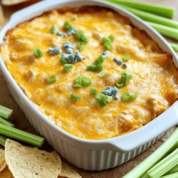 Buffalo chicken dip is a crowd-pleaser. It’s creamy, spicy, and packed with flavor. The dip is easy to make and cooks in 35 minutes. You can find the full recipe above. To make this tasty dip, you will need: - 2 cups cooked shredded chicken - 1 cup cream cheese, softened - 1/2 cup sour cream - 1/2 cup mayonnaise - 1 cup buffalo sauce (adjust to taste) - 1 cup shredded cheddar cheese - 1 teaspoon garlic powder - 1 teaspoon onion powder - Salt and pepper to taste Each ingredient plays an important role. The shredded chicken adds protein, while cream cheese gives it a rich texture. Sour cream and mayonnaise add creaminess and balance the heat from the buffalo sauce. You can enhance the dip with these optional ingredients: - 1/2 cup blue cheese crumbles - Chopped green onions for garnish Adding blue cheese gives a bold flavor. You can also use green onions for a fresh touch on top. These options make your dip even better! Start by preheating your oven to 350°F (175°C). This ensures your dip bakes evenly. In a large bowl, mix the softened cream cheese, sour cream, and mayonnaise. I like to use a hand mixer for this part, but a whisk works too. Blend until the mixture is smooth and creamy. Next, add the buffalo sauce to the bowl. Stir in the cooked shredded chicken, garlic powder, onion powder, and half of the shredded cheddar cheese. Make sure to mix everything well. This step is crucial for a tasty dip. Before moving on, taste your mixture. If you want more flavor, add salt and pepper. If you enjoy blue cheese, now is the time to fold in the blue cheese crumbles. Transfer your mixture into a baking dish. Spread it out so it cooks evenly. Top it with the remaining shredded cheddar cheese. This will create a nice, cheesy crust. Now, place the dish in your preheated oven. Bake for 20-25 minutes. You want it to be hot and bubbling. Watch for the cheese to melt and start to brown. Once done, take it out of the oven. Let it cool for a few minutes before serving. This helps prevent burns and makes it easier to scoop. For the best dip, use softened cream cheese. It blends in smoothly. Mixing your ingredients well is key. This ensures even flavor and texture throughout. If you want a creamier dip, add more sour cream or mayonnaise. This will keep it smooth after baking. Serve the dip warm. It tastes best when hot and fresh. Garnish with green onions or extra blue cheese for a pop of color. Enjoy with tortilla chips or celery sticks. This makes for a fun and tasty snack. For the complete recipe, check out the Full Recipe above. To make the best Buffalo chicken dip, use cooked shredded chicken. You can cook chicken breasts, thighs, or even use rotisserie chicken for quick prep. For a creamy texture, ensure your cream cheese is softened before mixing. This helps blend smoothly with the other ingredients. Mix all the ingredients in a large bowl. Use a hand mixer for a fluffier dip. If you want it extra cheesy, add more cheddar cheese. For a rich flavor, I like to fold in some blue cheese crumbles. A common mistake is not tasting your dip as you go. Each buffalo sauce has a different heat level. Adjust the amount based on your taste. Another mistake is undercooking the dip. Bake it until it is hot and bubbling for the best flavor. Also, don’t skip the salt and pepper. These enhance the overall taste. To make your dip spicier, add more buffalo sauce or some hot sauce. You can also mix in diced jalapeños for an extra kick. If you prefer a milder flavor, use less buffalo sauce. Mixing in more cream cheese or sour cream can help tone down the heat. Always start with a little and adjust to your liking. For the full recipe, check out the instructions above. {{image_2}} Buffalo chicken dip is great, but you can try new flavors. Consider BBQ chicken dip for a sweet twist. Just use BBQ sauce instead of buffalo sauce. You can also add smoked paprika for depth. If you like heat, try spicy jalapeño dip. Just chop fresh jalapeños and mix them in. You can also add diced green chiles for more flavor. Experimenting with different sauces keeps things fun. You can swap some ingredients for a different taste or diet. Use Greek yogurt instead of sour cream for a lighter option. If you want a dairy-free dip, try cashew cream. Just soak raw cashews in water and blend them smooth. You can also use vegan cream cheese for a tasty dairy-free option. Adjust the amount of buffalo sauce based on your spice level. Each swap changes the dip, making it unique. Want a vegetarian version? You can use shredded jackfruit instead of chicken. Just cook it until tender and shred it like chicken. Another option is to use chopped mushrooms. They add a nice texture and flavor. Make sure to mix in your favorite spices to keep it tasty. You can also add spinach or artichokes for added nutrients. This way, everyone can enjoy the dip, no matter their diet. After your party, you might have some Buffalo Chicken Dip left. Store it in an airtight container. This keeps it fresh and tasty. Make sure to cool it down to room temperature first. Leftovers can last in the fridge for about 3-5 days. To reheat, place your dip in a baking dish. Preheat your oven to 350°F (175°C). Heat it for about 15-20 minutes, or until it’s hot all the way through. Stir it halfway to ensure even heating. You can also use a microwave. Just heat it in short bursts, stirring often to avoid hot spots. You can freeze Buffalo Chicken Dip for later! Place it in a freezer-safe container. Make sure to leave some space for expansion. It will stay good for about 2-3 months. When you’re ready to eat it, thaw it in the fridge overnight. Reheat as mentioned above for a delicious treat. For the full recipe, check the earlier section. Yes, you can use rotisserie chicken. It saves time and adds great flavor. Just shred the chicken before mixing it into the dip. This will make the dip even easier to prepare. Using rotisserie chicken is a smart shortcut for busy days or last-minute parties. Buffalo Chicken Dip lasts about three to four days in the fridge. Make sure to store it in an airtight container. This helps keep the dip fresh and tasty. If you want to enjoy it longer, you can freeze it. Just remember to thaw it before reheating. You have many options for serving with Buffalo Chicken Dip. Here are some favorites: - Tortilla chips - Celery sticks - Carrot sticks - Pita chips - Crackers These choices add crunch and freshness, making your dip even more enjoyable. You can mix and match to please your guests. For a fun twist, try serving it with some sliced baguette! Buffalo chicken dip is easy to make and full of flavor. You learned about key ingredients, preparation, and baking methods. I shared tips for the best texture and common mistakes to avoid. You also discovered tasty variations and storage tips. In my view, this dip is perfect for any gathering. With simple swaps, you can make it suit your taste or diet. Enjoy making and sharing this dish.