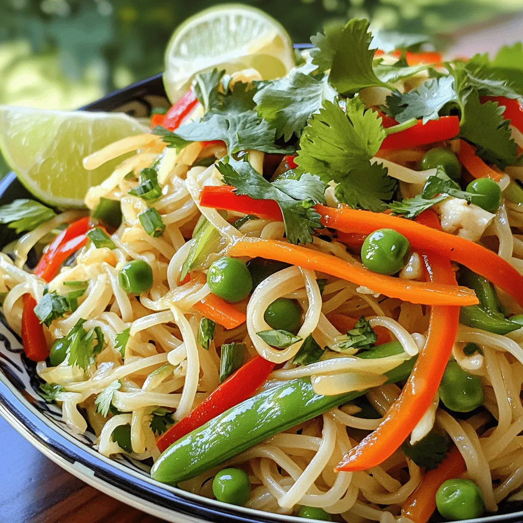 To make spicy Thai noodles, you need some key ingredients. These make the dish tasty and colorful. Here is a list of what you will use: - 8 oz rice noodles - 2 tablespoons vegetable oil - 3 cloves garlic, minced - 1 tablespoon fresh ginger, grated - 1 red bell pepper, thinly sliced - 1 cup snap peas, trimmed - 1 cup carrots, julienned - 1 cup bean sprouts - 3 tablespoons soy sauce - 2 tablespoons fish sauce (or soy sauce for a vegetarian option) - 1 tablespoon chili paste (adjust to taste) - 1 teaspoon brown sugar - 2 green onions, chopped - Fresh cilantro, for garnish - Lime wedges, for serving These ingredients give the noodles their bold flavors and vibrant colors. The rice noodles are the base, while the veggies add crunch and nutrients. You can make some swaps in this recipe. If you don’t have rice noodles, you can use egg noodles or even whole wheat noodles. For the fish sauce, a splash of soy sauce works great for a vegetarian version. If you can’t find snap peas, you can use green beans or broccoli. The garlic and ginger can be fresh or powdered. Using powdered will still add flavor, but fresh gives a better taste. The spice level is up to you. If you like it mild, use less chili paste. You can start with a half tablespoon and add more if you want more heat. Adding lime juice can also help balance the spice. For a mild dish, leave out the chili paste and add a touch of honey instead. This will give you a sweet and tangy flavor without the heat. Feel free to play with these options to make the dish your own! You can find the full recipe for Fiery Thai Noodle Delight in the earlier section. Start by boiling water in a big pot. Once it bubbles, add the rice noodles. Cook them as the package says, usually about 4 to 6 minutes. When they are soft, drain them and rinse under cold water. This stops the cooking. Set them aside for later. Now, heat the vegetable oil in a large skillet or wok over medium-high heat. Add minced garlic and grated ginger to the hot oil. Stir for about 30 seconds until you smell a nice aroma. Next, toss in the sliced red bell pepper, snap peas, and julienned carrots. Stir-fry these vegetables for 3 to 4 minutes. They should be tender but still a bit crispy. Add the cooked rice noodles to the skillet with the vegetables. In a small bowl, mix soy sauce, fish sauce, chili paste, and brown sugar. Pour this sauce over the noodles and vegetables. Toss everything together to coat well. Finally, stir in the bean sprouts and cook for another 1 to 2 minutes to heat through. Remove from heat and fold in the chopped green onions. Serve your dish hot, topped with fresh cilantro and lime wedges on the side for squeezing. For the full recipe, check out the details in the earlier section. To get the best noodle texture, use rice noodles. They cook quickly and soak up flavors well. Follow the package instructions closely. After boiling, rinse them in cold water. This stops cooking and keeps them firm. If they clump, toss them with a bit of oil. This keeps them separate and easy to stir. To make your dish pop, add fresh herbs like cilantro. Lime juice also brightens the dish. You can adjust the heat by adding more chili paste. For a twist, try using sesame oil instead of vegetable oil. It adds a nutty flavor that works well with the spices. Don’t forget to taste as you go! Adjust the soy, fish sauce, and sugar until it’s just right. A common mistake is overcooking the noodles. This can make them mushy. Always cook them to just al dente. Another mistake is not heating the oil enough. If your oil isn’t hot, the garlic and ginger won’t sizzle. This step is key for good flavor. Finally, don’t skip the garnish! It adds color and freshness to your dish. For the full recipe, check out the complete instructions above. {{image_2}} You can add protein to your spicy Thai noodles for extra flavor and texture. Chicken, tofu, and shrimp are great options. For chicken, use boneless pieces cut into strips. Cook them in the skillet before adding the vegetables. Tofu adds a nice crunch. Use firm tofu and sauté it until golden brown. Shrimp cooks quickly, so add it just after the vegetables. Each protein brings its unique taste to the dish. If you're vegetarian or vegan, you can easily modify this dish. Replace fish sauce with extra soy sauce or a vegan fish sauce. This keeps the savory taste without meat. Use tofu or tempeh for protein. You can also add more vegetables like mushrooms or zucchini for added nutrition. These swaps keep your meal tasty and satisfying. Feel free to experiment with vegetables. Broccoli, bell peppers, and bok choy all work well. Green beans and baby corn can also add color and crunch. Using a mix of colorful veggies makes your dish more appealing. Each vegetable adds a different taste and texture, making your spicy Thai noodles exciting every time you cook them. For the full recipe, check out Fiery Thai Noodle Delight . After enjoying your spicy Thai noodles, store any leftovers in an airtight container. Make sure to let the noodles cool down first. They can last in the fridge for up to three days. Keep any sauces separate if you like your noodles saucy. This way, they stay fresh and tasty. To reheat your noodles, use a skillet for the best results. Add a splash of water or oil to prevent sticking. Heat over medium heat, stirring gently. This helps keep the noodles soft. You can also use the microwave. Place the noodles in a bowl, cover them, and heat for one to two minutes. Stir halfway through for even heating. If you want to save some for later, freezing is a great choice. Place cooled noodles in a freezer-safe bag. Squeeze out the air and seal tightly. They can last for up to three months in the freezer. When ready to eat, thaw in the fridge overnight. Reheat as mentioned above. Enjoy your spicy Thai noodles any time! For the full recipe, check the section above. To make spicy Thai noodles less spicy, you can reduce the chili paste. Start with half a tablespoon instead of one. You can also add more sugar to balance the heat. Another way is to add more vegetables, which can dilute the spice. If you like creamy textures, try mixing in coconut milk. It tones down heat while adding a rich flavor. Yes, you can use different noodles. While rice noodles are best for this dish, you can try egg noodles or even whole wheat noodles. Each type of noodle gives a unique flavor and texture. Just remember to cook them according to their package instructions. This way, they blend well with the sauce and veggies. You can find the full recipe for Fiery Thai Noodle Delight in the recipe section above. This recipe shows you how to make a quick and tasty meal. It includes details on cooking times and all the ingredients you need. Enjoy preparing this flavorful dish! In this blog post, I covered key ingredients and their substitutions for the dish. I shared step-by-step instructions on how to cook rice noodles and sauté vegetables. Tips on achieving the perfect noodle texture and enhancing flavors were also included. We explored variations, like adding protein and adapting for vegans. Lastly, I provided important storage info for leftovers and answers to common questions. Cooking is fun and rewarding. With these tips, you can create delicious meals your way. Enjoy your cooking journey!