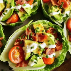 - 8 slices of turkey bacon - 1 large head of romaine lettuce - 1 medium tomato, diced - 1 avocado, sliced When you make BLT lettuce wraps, start with fresh ingredients. The turkey bacon adds a nice crunch. Romaine lettuce gives a crisp base. A ripe tomato adds juiciness, and avocado gives a creamy touch. Choose a ripe avocado for the best flavor. - ¼ cup mayonnaise - 1 tablespoon Dijon mustard - Salt and pepper to taste The sauce is simple yet tasty. Mayonnaise provides creaminess, while Dijon adds a tangy kick. Adjust the salt and pepper for your taste. This sauce ties all the flavors together. - Chopped chives or cilantro For a pop of color and flavor, add chopped chives or cilantro. These herbs brighten the dish and make it look appealing. You can skip them if you prefer a simpler wrap. For the full recipe, check out the [Full Recipe]. - Cook the bacon until crispy. - Drain excess grease on paper towels. Start by heating a skillet over medium heat. Place the turkey bacon in the skillet. Cook it for about 5 to 7 minutes. You want it nice and crispy. The bacon adds a rich flavor to the wraps. Once done, let it drain on paper towels. This helps remove extra fat, making your wraps healthier. - Separate and wash the lettuce leaves. - Dry leaves gently to avoid tearing. While the bacon cooks, grab your romaine lettuce. Carefully pull off the large leaves. Rinse them under cool water to clean. After washing, dry them gently. Pat them with a towel. Be careful not to tear the leaves. These will hold all the good stuff inside. - Mix mayonnaise and Dijon mustard. - Season with salt and pepper. In a small bowl, combine mayonnaise and Dijon mustard. Use a spoon to mix them well. This sauce gives your wraps a zesty kick. After mixing, add salt and pepper to taste. Adjust the flavors to your liking. This simple sauce makes each bite burst with flavor. - Spread sauce on lettuce leaves. - Layer bacon, tomatoes, and avocado. Take a lettuce leaf and lay it flat. Spread a thin layer of the sauce on it. Next, add a few slices of crispy bacon. Top it with diced tomatoes and avocado slices. The fresh ingredients make the wraps vibrant and tasty. Repeat for each leaf until all ingredients are used. - Add optional herbs for flavor. - Fold and serve. For an extra touch, sprinkle some chopped chives or cilantro on top. These herbs add color and taste. Finally, fold the edges of the lettuce leaf over the filling. Your wraps are now ready to serve! Enjoy this fresh and easy meal option. For more detailed instructions, check the Full Recipe. For crispy bacon, I recommend using a skillet. Place the turkey bacon in a cold pan. Turn the heat to medium. This method helps the fat render slowly. Cook for 5 to 7 minutes. Flip the bacon halfway through for even crispiness. Drain it on paper towels to soak up extra grease. If you prefer an alternative, try turkey bacon. It has less fat and cooks well. You can also use plant-based bacon for a veggie-friendly option. Just follow the package instructions for cooking. When choosing lettuce, I suggest romaine. Its sturdy leaves hold fillings well. Butter lettuce also works for a softer wrap. Both types add a fresh crunch. To keep lettuce fresh, store it in a damp paper towel. Place it in a plastic bag. This helps keep moisture in. Always wash leaves before using. Dry them gently to avoid tearing. You can customize your sauce for different tastes. Try adding garlic or lemon juice for zing. A splash of hot sauce can kick it up a notch. For a creamy twist, mix in some Greek yogurt. Experiment with herbs like dill or basil for fresh flavor. You can use plain yogurt or sour cream, too. This way, you can tailor the taste to your liking. Check out the full recipe for more ideas! {{image_2}} You can switch out romaine lettuce for other greens. Try using collard greens or Swiss chard. These options add a unique taste and texture. They also pack a nutrient punch. For those on a keto diet, you can use cheese wraps. These wraps are low in carbs and high in flavor. They make a great substitute for traditional lettuce. To make your wraps even more delicious, add cheese. Cheddar, mozzarella, or feta can elevate the flavor. You can also add toppings like sliced olives or pickles. If you like heat, try a few drops of hot sauce. It brings a spicy kick that many love. Mix and match flavors to find your favorite. If you prefer a meat-free version, use plant-based bacon. Many brands offer tasty substitutes that mimic the flavor of bacon. You can also add extra veggies for crunch. Consider cucumber slices, bell peppers, or shredded carrots. These add freshness and more color to your wraps. With these options, everyone can enjoy a tasty meal. Discover the full recipe to create your own savory BLT Lettuce Wraps! To keep your BLT lettuce wraps fresh, refrigerate them right away. Place the wraps in an airtight container. This helps prevent wilting. If you have extra filling, store it separately. This keeps the lettuce crisp and the flavors fresh. Can you freeze BLT lettuce wraps? Yes, but it's best to freeze only the filling. The lettuce does not freeze well. For freezing, place the filling in a freezer bag. When ready to eat, thaw it in the fridge overnight. Reheat the filling in a pan over low heat. Avoid microwaving, as it can make the bacon soggy. How long do they last in the fridge? BLT lettuce wraps can last up to three days. Check for signs they have gone bad. If the lettuce is slimy or the filling smells off, it’s time to toss them. Always trust your senses to ensure food safety. Romaine lettuce is my top choice for these wraps. Its strong leaves hold the filling well. Butter lettuce is another good option. It has a softer texture and a mild taste. You can also try iceberg lettuce for a nice crunch. Each type gives a unique bite to your wraps. Yes, you can prep these wraps in advance! Just keep the ingredients separate until you are ready to serve. This way, the lettuce stays crisp, and the filling stays fresh. Cook the bacon and store it in the fridge. You can slice the avocado and tomatoes, but add them right before serving. This keeps everything from getting soggy. Making these wraps gluten-free is easy! Just use gluten-free bacon or turkey bacon. For the sauce, check that your mayonnaise and mustard are gluten-free. You can also add other toppings like roasted red peppers or cucumbers. This adds flavor without gluten. Enjoy your fresh, gluten-free meal! For the full recipe, check [Full Recipe]. This blog post shared a simple recipe for BLT Lettuce Wraps. We covered key ingredients, step-by-step cooking, and variations. You also learned tips for storage and making it gluten-free. These wraps are easy to customize with your favorite flavors. Enjoy them for a healthy meal or snack without the carbs! Keep experimenting, and make your wraps unique with different ingredients.