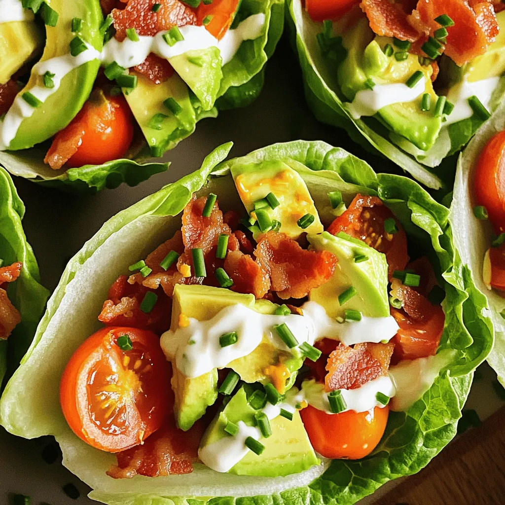 - 8 slices of turkey bacon - 1 large head of romaine lettuce - 1 medium tomato, diced - 1 avocado, sliced When you make BLT lettuce wraps, start with fresh ingredients. The turkey bacon adds a nice crunch. Romaine lettuce gives a crisp base. A ripe tomato adds juiciness, and avocado gives a creamy touch. Choose a ripe avocado for the best flavor. - ¼ cup mayonnaise - 1 tablespoon Dijon mustard - Salt and pepper to taste The sauce is simple yet tasty. Mayonnaise provides creaminess, while Dijon adds a tangy kick. Adjust the salt and pepper for your taste. This sauce ties all the flavors together. - Chopped chives or cilantro For a pop of color and flavor, add chopped chives or cilantro. These herbs brighten the dish and make it look appealing. You can skip them if you prefer a simpler wrap. For the full recipe, check out the [Full Recipe]. - Cook the bacon until crispy. - Drain excess grease on paper towels. Start by heating a skillet over medium heat. Place the turkey bacon in the skillet. Cook it for about 5 to 7 minutes. You want it nice and crispy. The bacon adds a rich flavor to the wraps. Once done, let it drain on paper towels. This helps remove extra fat, making your wraps healthier. - Separate and wash the lettuce leaves. - Dry leaves gently to avoid tearing. While the bacon cooks, grab your romaine lettuce. Carefully pull off the large leaves. Rinse them under cool water to clean. After washing, dry them gently. Pat them with a towel. Be careful not to tear the leaves. These will hold all the good stuff inside. - Mix mayonnaise and Dijon mustard. - Season with salt and pepper. In a small bowl, combine mayonnaise and Dijon mustard. Use a spoon to mix them well. This sauce gives your wraps a zesty kick. After mixing, add salt and pepper to taste. Adjust the flavors to your liking. This simple sauce makes each bite burst with flavor. - Spread sauce on lettuce leaves. - Layer bacon, tomatoes, and avocado. Take a lettuce leaf and lay it flat. Spread a thin layer of the sauce on it. Next, add a few slices of crispy bacon. Top it with diced tomatoes and avocado slices. The fresh ingredients make the wraps vibrant and tasty. Repeat for each leaf until all ingredients are used. - Add optional herbs for flavor. - Fold and serve. For an extra touch, sprinkle some chopped chives or cilantro on top. These herbs add color and taste. Finally, fold the edges of the lettuce leaf over the filling. Your wraps are now ready to serve! Enjoy this fresh and easy meal option. For more detailed instructions, check the Full Recipe. For crispy bacon, I recommend using a skillet. Place the turkey bacon in a cold pan. Turn the heat to medium. This method helps the fat render slowly. Cook for 5 to 7 minutes. Flip the bacon halfway through for even crispiness. Drain it on paper towels to soak up extra grease. If you prefer an alternative, try turkey bacon. It has less fat and cooks well. You can also use plant-based bacon for a veggie-friendly option. Just follow the package instructions for cooking. When choosing lettuce, I suggest romaine. Its sturdy leaves hold fillings well. Butter lettuce also works for a softer wrap. Both types add a fresh crunch. To keep lettuce fresh, store it in a damp paper towel. Place it in a plastic bag. This helps keep moisture in. Always wash leaves before using. Dry them gently to avoid tearing. You can customize your sauce for different tastes. Try adding garlic or lemon juice for zing. A splash of hot sauce can kick it up a notch. For a creamy twist, mix in some Greek yogurt. Experiment with herbs like dill or basil for fresh flavor. You can use plain yogurt or sour cream, too. This way, you can tailor the taste to your liking. Check out the full recipe for more ideas! {{image_2}} You can switch out romaine lettuce for other greens. Try using collard greens or Swiss chard. These options add a unique taste and texture. They also pack a nutrient punch. For those on a keto diet, you can use cheese wraps. These wraps are low in carbs and high in flavor. They make a great substitute for traditional lettuce. To make your wraps even more delicious, add cheese. Cheddar, mozzarella, or feta can elevate the flavor. You can also add toppings like sliced olives or pickles. If you like heat, try a few drops of hot sauce. It brings a spicy kick that many love. Mix and match flavors to find your favorite. If you prefer a meat-free version, use plant-based bacon. Many brands offer tasty substitutes that mimic the flavor of bacon. You can also add extra veggies for crunch. Consider cucumber slices, bell peppers, or shredded carrots. These add freshness and more color to your wraps. With these options, everyone can enjoy a tasty meal. Discover the full recipe to create your own savory BLT Lettuce Wraps! To keep your BLT lettuce wraps fresh, refrigerate them right away. Place the wraps in an airtight container. This helps prevent wilting. If you have extra filling, store it separately. This keeps the lettuce crisp and the flavors fresh. Can you freeze BLT lettuce wraps? Yes, but it's best to freeze only the filling. The lettuce does not freeze well. For freezing, place the filling in a freezer bag. When ready to eat, thaw it in the fridge overnight. Reheat the filling in a pan over low heat. Avoid microwaving, as it can make the bacon soggy. How long do they last in the fridge? BLT lettuce wraps can last up to three days. Check for signs they have gone bad. If the lettuce is slimy or the filling smells off, it’s time to toss them. Always trust your senses to ensure food safety. Romaine lettuce is my top choice for these wraps. Its strong leaves hold the filling well. Butter lettuce is another good option. It has a softer texture and a mild taste. You can also try iceberg lettuce for a nice crunch. Each type gives a unique bite to your wraps. Yes, you can prep these wraps in advance! Just keep the ingredients separate until you are ready to serve. This way, the lettuce stays crisp, and the filling stays fresh. Cook the bacon and store it in the fridge. You can slice the avocado and tomatoes, but add them right before serving. This keeps everything from getting soggy. Making these wraps gluten-free is easy! Just use gluten-free bacon or turkey bacon. For the sauce, check that your mayonnaise and mustard are gluten-free. You can also add other toppings like roasted red peppers or cucumbers. This adds flavor without gluten. Enjoy your fresh, gluten-free meal! For the full recipe, check [Full Recipe]. This blog post shared a simple recipe for BLT Lettuce Wraps. We covered key ingredients, step-by-step cooking, and variations. You also learned tips for storage and making it gluten-free. These wraps are easy to customize with your favorite flavors. Enjoy them for a healthy meal or snack without the carbs! Keep experimenting, and make your wraps unique with different ingredients.