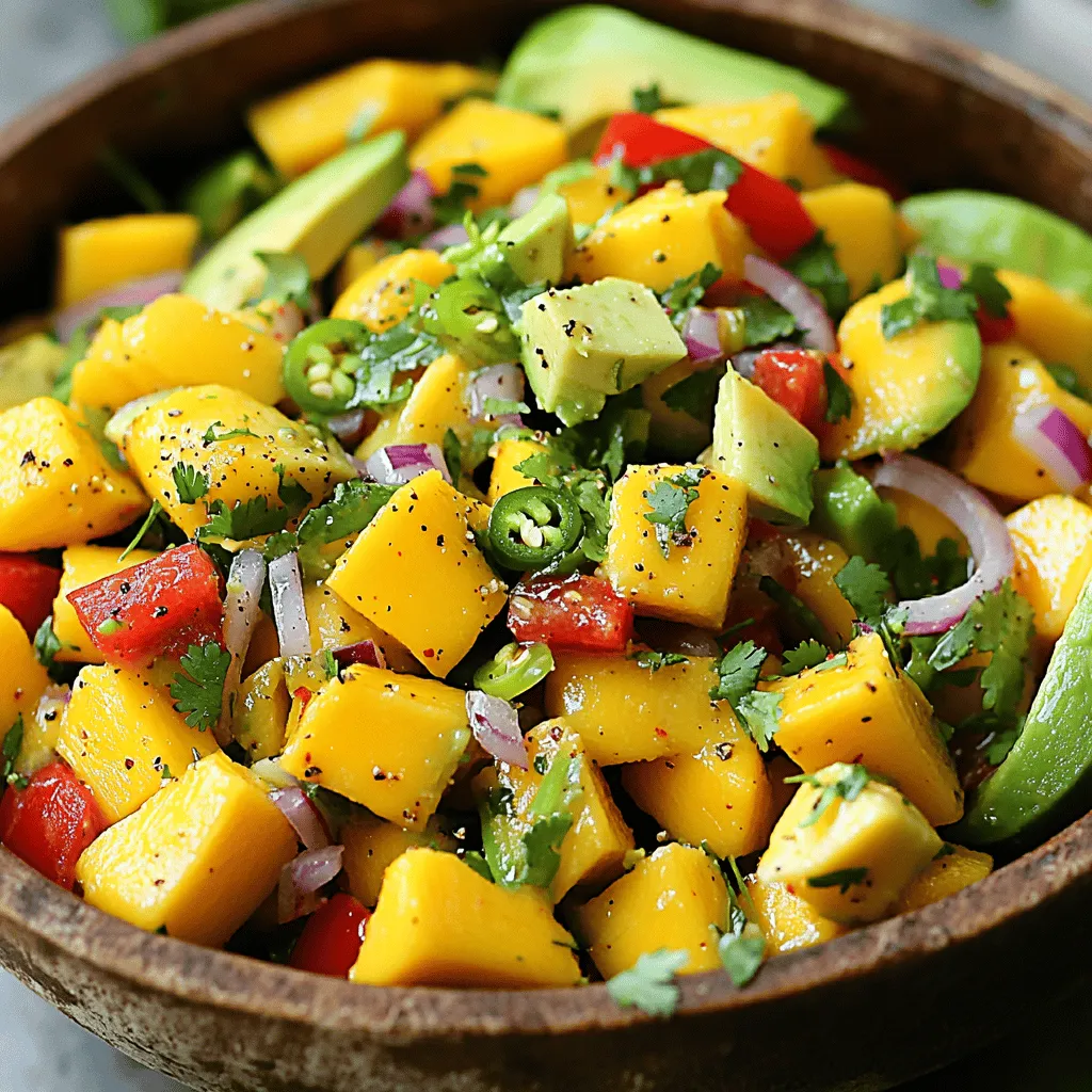 To make Chili Lime Mango Salad, gather these fresh ingredients: - 2 ripe mangoes, peeled and diced - 1 red bell pepper, diced - 1 small red onion, finely chopped - 1 avocado, diced - 1 jalapeño, deseeded and minced (adjust for heat) - 1/4 cup fresh cilantro, chopped - Juice of 2 limes - 2 tablespoons olive oil - 1 teaspoon chili powder - Salt and pepper to taste You can swap some ingredients based on what you have. If you can't find mangoes, try peaches or nectarines for a sweet twist. Instead of red bell pepper, yellow or orange bell peppers work well. If you dislike red onion, you can use green onions or shallots for a milder flavor. For the avocado, you could use diced cucumber if you want a crunch. Choosing the right mango is key for this salad. Look for mangoes that have a slight give when you press them gently. They should smell sweet at the stem. Color varies by type, so focus on feel and smell. Avoid mangoes with dark spots or wrinkles, as these can mean they are overripe. Pick the best mangoes to ensure your salad is fresh and delicious. Start by gathering your fresh ingredients. You will need ripe mangoes, a red bell pepper, a small red onion, an avocado, a jalapeño, and fresh cilantro. 1. Peel and dice the mangoes. The mango should be soft but not mushy. 2. Dice the red bell pepper. This adds a nice crunch and color. 3. Chop the red onion finely. This will give a strong flavor boost. 4. Dice the avocado. Choose one that is ripe for a creamy texture. 5. Deseed and mince the jalapeño. Be careful; this adds heat! 6. Chop the cilantro. This will give your salad a fresh taste. Place all these ingredients in a large mixing bowl. Next, you’ll create a zesty dressing. The dressing will tie all the flavors together. 1. In a small bowl, squeeze the juice of two limes. This is the base of your dressing. 2. Add two tablespoons of olive oil. This adds richness to the salad. 3. Mix in one teaspoon of chili powder. This gives the salad its spicy kick. 4. Finally, season with salt and pepper to taste. Whisk everything together until well combined. Now it’s time to bring everything together. 1. Pour the dressing over the salad ingredients. 2. Gently toss everything together. Make sure all pieces are coated well. 3. Taste the salad. If needed, adjust the seasoning with more lime juice or salt. 4. Let the salad sit for about ten minutes. This allows the flavors to mix. 5. Serve the salad chilled or at room temperature. And that’s it! Enjoy your fresh and flavorful Chili Lime Mango Salad. For the complete recipe, refer to the [Full Recipe]. To make your Chili Lime Mango Salad shine, mix flavors wisely. Consider adding fruits like pineapple or orange. These fruits add sweetness and acidity. You can also try herbs like mint or basil for freshness. Experiment with spices too. A hint of cumin brings warmth. A dash of cayenne gives a nice kick. Chop your fruits and veggies neatly for the best look and taste. Use a sharp knife to make clean cuts. This helps keep the juices inside. For mangoes, slice down until you hit the pit. Then, score the flesh in a grid pattern. Push the skin inside out to pop out the cubes. For peppers and onions, cut them into uniform pieces. This ensures even mixing and easy eating. Finding the right lime and chili balance is key. Start with the juice of one lime. Taste it before adding more. You want tang, not overpowering sourness. Adjust the chili powder too. Add a little, then taste again. If you love spice, go for more. If you prefer mild, keep it light. This balance makes the salad fresh and lively. For a full recipe, check the details above. {{image_2}} You can make this salad even heartier by adding protein. Grilled chicken works well. Shrimp is another great choice, especially if you love seafood. Just cook the shrimp until it's pink and juicy. For a plant-based option, try tofu. Press it to remove extra water and grill or pan-fry until golden. Each option adds flavor and makes the salad a full meal. While the lime chili dressing shines, you can mix it up. Try a mango vinaigrette for a sweeter twist. Blend ripe mango, vinegar, and a touch of honey for a fruity dressing. You can also use sesame oil instead of olive oil for an Asian flair. Experiment with spices like cumin or coriander. These add depth and new flavors to the dish. Using seasonal ingredients can change the salad's taste. In summer, add fresh corn for sweetness and crunch. In fall, diced apples or pears bring a crisp, juicy bite. You might also try pomegranate seeds in winter for a burst of tartness. Each season offers unique flavors, making the salad fresh and exciting every time. For the full recipe, check [Full Recipe]. After enjoying your Chili Lime Mango Salad, store any leftovers in the fridge. Place them in an airtight container. This keeps the salad fresh and tasty for longer. If you have dressing left, store it separately. I recommend using glass containers with lids. They help maintain the salad's flavor and crunch. Plastic containers work too, but glass is better for taste. Make sure the container is not too big. A snug fit keeps air out. To keep your ingredients fresh, avoid mixing the salad too early. If you plan to eat it later, keep the ingredients separate. Store mango, avocado, and other veggies in the fridge. Adding lime juice can help slow browning. When you're ready to eat, mix everything together for the best flavor. For the full recipe, check the link. Chili Lime Mango Salad lasts about 2 to 3 days in the fridge. To keep it fresh, store it in a sealed container. The flavors get better as it sits, but the avocado may brown quickly. If you want the best taste, eat it within 24 hours. Yes, you can make this salad in advance. Just prepare the salad ingredients and store them separately. Keep the dressing in another container. Mix them together when you're ready to serve. This keeps everything fresh and crunchy. Chili Lime Mango Salad pairs well with many side dishes. You can serve it with grilled chicken or fish for a light meal. It also goes great with tacos or quesadillas. For a fun twist, try it with rice or quinoa. This salad adds a fresh touch to any dish. For the full recipe, check out the section above. This blog post covered all you need for a delicious Chili Lime Mango Salad. I explained the best ingredients, how to prep them, and tips for flavor. You can customize the salad with proteins and seasonal items. Storing it right keeps it fresh and tasty. Remember, making this salad is fun and easy. Enjoy the fresh taste and get creative with your mix!