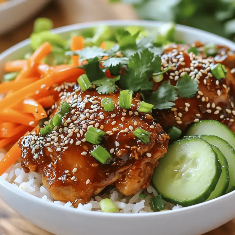 - 1 lb boneless, skinless chicken thighs - 2 tablespoons soy sauce - 2 tablespoons gochujang (Korean chili paste) - Additional vegetables and toppings The main ingredients give this dish its bold flavor. Chicken thighs work best for their juicy texture. Gochujang adds heat and depth. You can also add veggies like carrots and cucumbers for freshness. - Honey - Sesame oil - Garlic and ginger - Vegetable oil Pantry staples enhance taste and texture. Honey balances the spice of gochujang. Sesame oil adds a nutty taste. Fresh garlic and ginger bring aromatic flavors. Vegetable oil is great for cooking. - Cooked jasmine rice - Sesame seeds - Fresh cilantro and green onions Cooked jasmine rice serves as a perfect base. It absorbs the sauce well. Sesame seeds add a nice crunch. Fresh cilantro and green onions provide a pop of color and flavor. You can find the complete recipe for making these delicious Spicy Korean Chicken Bowls in the [Full Recipe]. To start, gather your marinade ingredients. You will need soy sauce, gochujang, honey, sesame oil, garlic, and ginger. In a large mixing bowl, combine these ingredients. Mix well until they blend together. Next, add the chicken pieces to the bowl, tossing to coat them fully. This step is key. Let the chicken marinate for at least 30 minutes. If you have more time, two hours gives better flavor. Now it's time to cook the chicken. Heat vegetable oil in a large skillet over medium-high heat. Once hot, add the marinated chicken to the skillet. Cook it for about 5-7 minutes. You want it fully cooked and slightly caramelized. After that, take the reserved marinade and pour it into the skillet. Let it simmer for 2-3 minutes. This thickens the sauce and adds great flavor. Now, we can build our bowls. Start with a layer of cooked jasmine rice at the bottom. This rice is fluffy and perfect for soaking up the sauce. Next, top the rice with the spicy chicken. After that, add your vegetables. Use julienned carrots, sliced cucumber, and chopped green onions. These add crunch and color. Finally, garnish your bowl with sesame seeds and fresh cilantro. This creates a beautiful and tasty meal. For the full recipe, refer to the previous section. Marinating the chicken is key for taste. I suggest marinating for at least 30 minutes. For the best flavor, try marinating for up to 2 hours. The longer you marinate, the richer the taste. To control spice levels, you can adjust the gochujang. If you like it milder, use less gochujang. For more heat, add a spoonful more. To cook chicken evenly, cut the pieces into similar sizes. This helps each piece cook through at the same time. Use medium-high heat when cooking. This temperature helps to seal in juices and flavors. For a nice caramelized finish, avoid stirring too much. Let the chicken sit in the pan to develop a golden crust. Pair your spicy chicken with side dishes like pickled vegetables or steamed broccoli. These add freshness and balance the heat. To make it a complete meal, serve the chicken over cooked jasmine rice. Add carrots, cucumbers, and green onions on top for crunch and color. For more flavor, sprinkle sesame seeds and fresh cilantro as a garnish. Enjoy your tasty dish! {{image_2}} You can use chicken breast instead of thighs. Chicken breast is leaner. This change lowers fat but keeps the dish tasty. If you want a plant-based option, try tofu or tempeh. Both soak up flavors well and add a nice texture. You can mix in other vegetables. Bell peppers, snap peas, or broccoli work great. They add color and crunch. For sauces, try adding peanut sauce or teriyaki sauce. These will give your bowl a new twist. You can also add toppings like avocado or radishes for extra flavor. Consider adding nuts or seeds for a crunchy bite. Toasted sesame seeds or chopped peanuts are perfect. You can also try different spices. Adding garlic powder or smoked paprika can change the flavor profile. This way, you create a new dish every time. For the complete recipe, check out the Full Recipe. Store leftovers in an airtight container. This keeps them fresh and tasty. They last up to three days in the fridge. If you want to keep them longer, consider freezing them. To freeze portions, let the chicken cool completely. Then, use freezer-safe bags. Remove as much air as possible. The chicken lasts up to three months in the freezer. When you're ready to eat, thaw it overnight in the fridge. For reheating, place the chicken in a skillet over medium heat. Stir until warmed through. You can also microwave it for 1-2 minutes, checking to avoid overcooking. You can prepare some ingredients in advance. Chop your vegetables like carrots and cucumber the night before. This saves time on busy days. For quick assembly, cook extra rice and chicken. Store them in separate containers. When you’re ready to eat, just combine everything in a bowl. Enjoy your easy meal in minutes. If you don't have gochujang, you can use other chili pastes or sauces. Sriracha is a good option. It has heat but lacks some depth. You can also mix miso paste with hot sauce. This gives a rich flavor. Another choice is a mix of red pepper flakes and soy sauce. Each substitute will change the taste a bit. Yes, this recipe is spicy due to gochujang. However, you can adjust the spice level. If you like mild dishes, use less gochujang. Start with one tablespoon instead of two. Taste the marinated chicken before cooking. You can always add more spice later. Yes, you can make this dish gluten-free. Use gluten-free soy sauce instead of regular soy sauce. Check the gochujang label for gluten-free options. You might also consider tamari as a substitute. It provides a similar flavor without gluten. Enjoy your tasty meal while staying gluten-free! This blog post provided a full recipe for delicious chicken bowls. We covered ingredient details, cooking tips, and storage advice. You learned how to marinate and cook chicken, assemble tasty bowls, and customize flavors. In the end, this meal is simple, fun, and adaptable for everyone. Enjoy experimenting with different proteins and vegetables to create your perfect bowl.