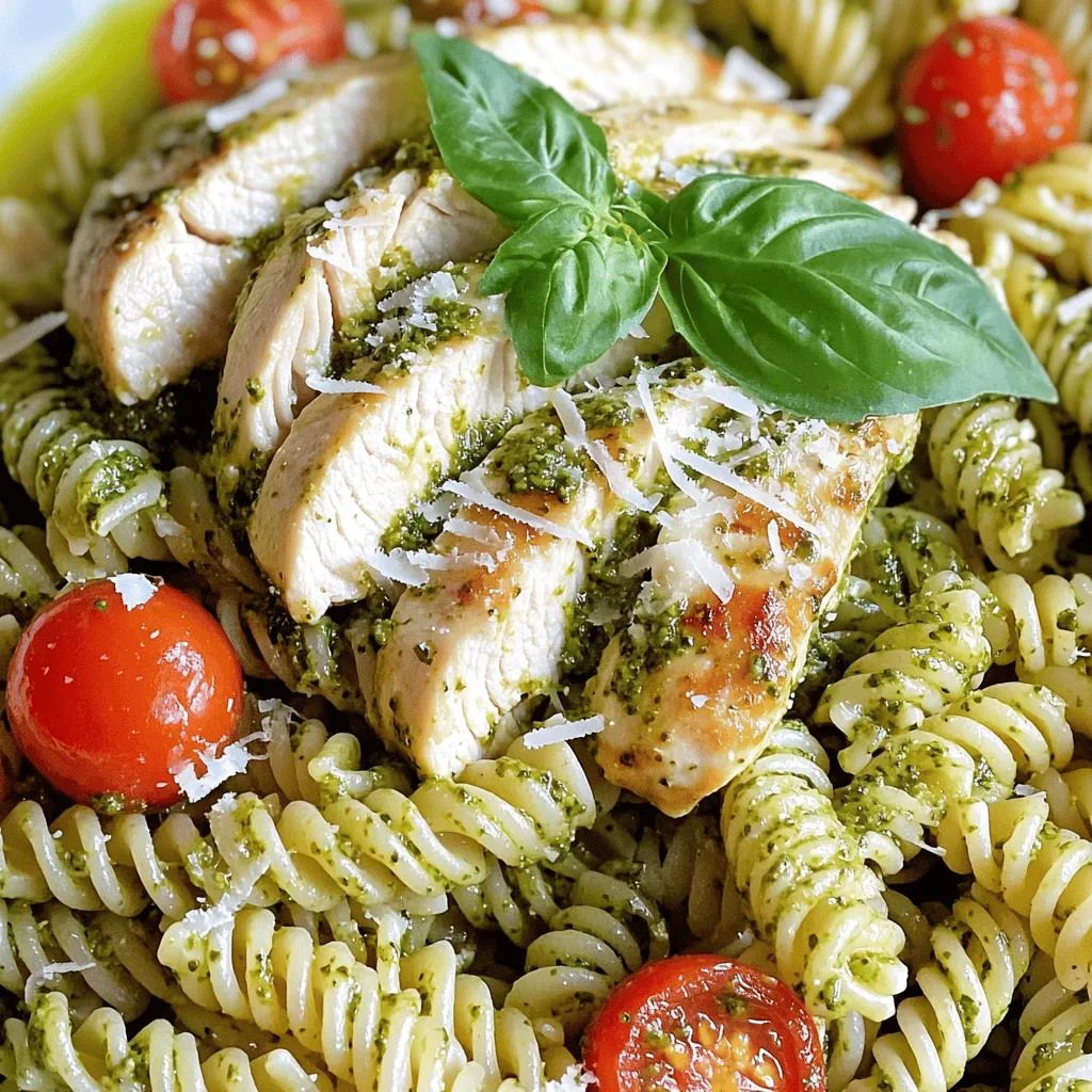 - 2 boneless, skinless chicken breasts - 2 cups uncooked pasta (fusilli or penne) - 1 cup basil pesto (homemade or store-bought) - 1 cup cherry tomatoes, halved - 1/2 cup grated Parmesan cheese - 2 tablespoons olive oil - 2 cloves garlic, minced - Salt and pepper to taste - Fresh basil leaves for garnish Gathering fresh ingredients is key. I love using ripe cherry tomatoes. They add sweetness and color. If you have homemade pesto, use it! It brings a personal touch to your meal. The chicken breasts should be plump and fresh. Seasoning with salt and pepper brings out their flavor. The olive oil will help in cooking the chicken evenly. Parmesan cheese adds a rich taste at the end. Fresh basil leaves make a lovely garnish. You can also add them to the pasta for more flavor. This mix of ingredients makes Pesto Chicken Pasta both easy and delightful. For the full recipe, check the section above. To start, bring a large pot of salted water to a boil. This helps the pasta taste great. Add 2 cups of uncooked pasta, like fusilli or penne. Cook according to the package directions until it is al dente, which means it should still have a bit of bite. Once done, drain the pasta but save a bit of that pasta water. This water can help make your sauce creamy later. Next, take 2 boneless, skinless chicken breasts. Season both sides with salt and pepper. In a large skillet, heat 2 tablespoons of olive oil over medium heat. Place the chicken in the skillet and cook for about 5-7 minutes on each side. You want the chicken to turn golden brown and cook all the way through. Once it’s done, take it out and let it rest for a few minutes. Then, slice the chicken into thin strips. Now, let’s bring it all together! In the same skillet, add 2 cloves of minced garlic. Sauté it for about 30 seconds until you smell that yummy aroma. Be careful not to burn it! Then, toss in 1 cup of halved cherry tomatoes. Cook them for 2-3 minutes until they start to soften. After that, mix in the cooked pasta and 1 cup of basil pesto. Stir well, and if the sauce seems too thick, add a bit of the reserved pasta water, one tablespoon at a time. This helps everything blend nicely. Finally, add the sliced chicken back into the skillet and sprinkle with 1/2 cup of grated Parmesan cheese. Stir everything together and taste. Adjust the seasoning with more salt and pepper if needed. Now you have a beautiful and tasty dish! For the full recipe, check out the details above. To get golden-brown chicken, heat olive oil in a skillet over medium heat. Make sure the oil is hot before adding the chicken. This helps create a nice crust. Cook each side for about 5-7 minutes. You want it to reach a safe internal temperature of 165°F (75°C). To keep chicken juicy, don't rush the resting time. After cooking, let it sit for a few minutes before slicing. This allows the juices to redistribute, keeping your chicken moist and tender. To boost flavor, consider adding a pinch of red pepper flakes or lemon zest. These small tweaks can elevate your dish significantly. You may also sprinkle in some dried herbs, like oregano or thyme, for extra depth. Adjusting the pesto quantity is simple. If you love the taste, feel free to add more. Start with the 1 cup suggested in the Full Recipe, then add more based on your taste preference. For side dishes, garlic bread or a light salad pairs well with Pesto Chicken Pasta. Both add freshness and balance to the meal. If you want something warm, roasted vegetables are also a great choice. To make your dish look nice, plate the pasta in a shallow bowl. Add sliced chicken on top and sprinkle with Parmesan cheese. Finish with fresh basil leaves for a pop of color. This makes your meal not only tasty but also visually appealing. {{image_2}} You can change the chicken in many ways. Shrimp works great, too. It cooks fast and adds a nice flavor. Tofu is a good option for vegans. It absorbs flavors well, making it tasty. You can also try different pasta shapes. Fusilli and penne are popular, but spaghetti or farfalle can work too. Each type gives a new twist to your dish. Adding vegetables can boost your meal. Spinach is a simple choice. It cooks down nicely and adds nutrients. Bell peppers bring a sweet crunch. You can toss them in while cooking the chicken. For another twist, play with different pesto flavors. Sun-dried tomato pesto adds a rich taste. Garlic pesto is another fun option. Each type can change the whole dish. If you need a gluten-free meal, choose gluten-free pasta. Many brands offer good options that taste great. For a vegan dish, skip the chicken and cheese. Use nutritional yeast to give a cheesy flavor. You can replace Parmesan with a vegan alternative. Almond or cashew cheese works well and adds creaminess. These swaps keep your meal delicious and friendly for everyone. To store your Pesto Chicken Pasta, let it cool first. Place the leftovers in an airtight container. This helps keep the pasta fresh. Use a glass or plastic container with a tight lid. Make sure to eat the leftovers within three to four days for the best taste. You can freeze Pesto Chicken Pasta for later. First, let it cool completely. Then, place it in a freezer-safe container or a resealable bag. Remove as much air as possible to prevent freezer burn. When you're ready to eat, thaw it in the fridge overnight. Reheat in a skillet over low heat. Add a splash of water to help the sauce mix well. In the fridge, Pesto Chicken Pasta lasts about three to four days. Look for signs of spoilage, such as a sour smell or mold. If it looks or smells off, it's best to toss it. Enjoy your meal with confidence by following these storage tips. For more details, refer to the Full Recipe. Can I make this dish ahead of time? Yes, you can make Pesto Chicken Pasta ahead of time. Cook the pasta and chicken, then mix them with pesto and tomatoes. Store it in the fridge for up to three days. When you’re ready to eat, just reheat it on the stove. How do I reheat Pesto Chicken Pasta without drying it out? To reheat, add a splash of water or olive oil to the pan. Heat it over low heat. Stir often to keep it moist. This will help the pasta stay creamy and tasty. How many calories are in Pesto Chicken Pasta? A serving of Pesto Chicken Pasta has around 450-500 calories. This can vary based on the amount of pesto and cheese you use. What are the protein and carb counts? This dish has about 30 grams of protein and 60 grams of carbs per serving. The chicken provides good protein, while the pasta gives you energy. Can I use a different cooking method for the chicken? Yes! You can bake, grill, or even air-fry the chicken. Baking it at 400°F for 20-25 minutes works well. Just make sure it reaches an internal temp of 165°F. Is there a method to make it in a one-pot style? Absolutely! You can cook the chicken and pasta together in one pot. Just add the pasta to the pot with enough broth or water. Cook until the pasta is done, then stir in the pesto and tomatoes. This saves time and cuts down on dishes! In this post, we explored how to make a tasty Pesto Chicken Pasta. We discussed the key ingredients, from pasta to chicken and fresh basil. You learned step-by-step instructions, from cooking the pasta to mixing in the pesto and chicken. I shared tips to perfect your dish, suggested variations to keep it exciting, and provided storage info to help you enjoy leftovers. Remember, cooking is all about creativity. Use the tips and changes shared here to make this dish your own. Enjoy every delicious bite!