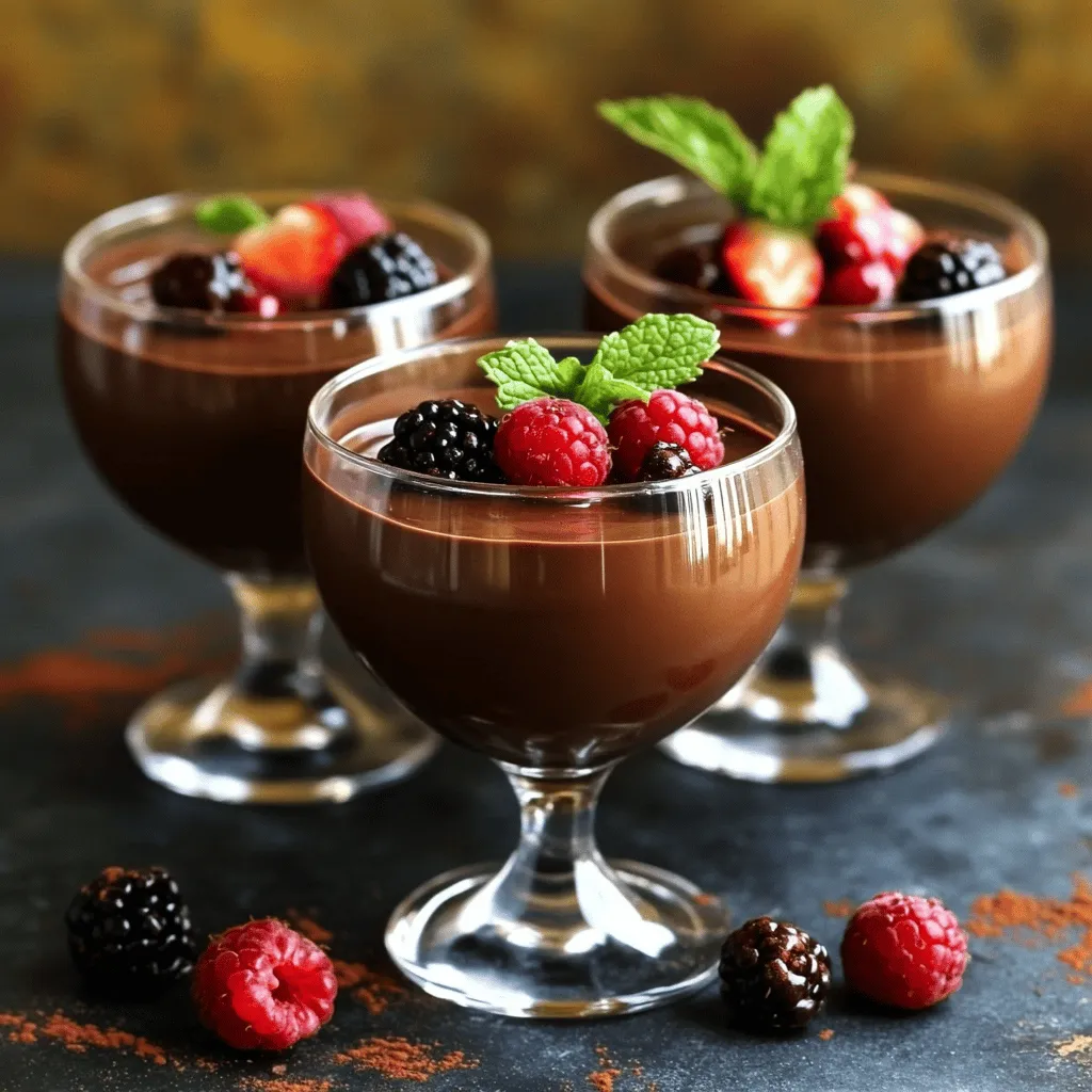 - 1 cup silken tofu - 1/2 cup dark dairy-free chocolate chips - 1/4 cup maple syrup - 1 teaspoon vanilla extract - A pinch of sea salt - 1 tablespoon cocoa powder (optional, for extra chocolatey flavor) - Fresh berries and mint leaves for garnish Gathering the right ingredients is key to making a great vegan chocolate mousse. First, use silken tofu for a creamy base. It blends well and adds protein. Next, check for dark dairy-free chocolate chips. They give the mousse that rich chocolate flavor we all crave. Maple syrup adds sweetness and a touch of natural flavor. Don't skip the vanilla extract; it brightens the taste. A pinch of sea salt balances the sweetness perfectly. If you want a deeper chocolate taste, add cocoa powder. For a beautiful finish, consider garnishing with fresh berries and mint leaves. These extras not only look good but also add freshness to every bite. You can find the full recipe in the next section. 1. Begin by melting the dark chocolate chips. You have two options here: - Double boiler: Place the chocolate in a bowl over simmering water. Stir until smooth. - Microwave: Heat the chocolate in 20-second bursts. Stir after each burst until melted. 2. Next, blend the ingredients together. In a blender or food processor, add: - The drained silken tofu - The melted chocolate - Maple syrup - Vanilla extract - A pinch of sea salt - Optional: Cocoa powder for a richer taste Blend until the mixture is smooth and creamy. Scrape down the sides to mix everything well. 3. Now, adjust the sweetness to taste. After blending, taste the mousse. If you want it sweeter, add more maple syrup. Blend again briefly to mix. 4. Finally, transfer the mousse to serving dishes. You can use small bowls or dessert glasses for a nice presentation. - Chill the mousse for at least 30 minutes in the refrigerator. This step is crucial for a rich texture. Chilling helps the mousse set and enhances the flavors. - The right chilling makes the mousse creamy and delicious. You will love the smoothness when you take that first bite! To get the smooth and creamy texture you want, blending is key. Start by blending the silken tofu first. This step ensures a base that is light and fluffy. After that, add the melted chocolate and other ingredients. Blend until the mix is perfectly smooth. Scrape down the sides of the blender often. This helps avoid lumps and makes sure everything blends evenly. If you find lumps, just blend a bit longer. To make your mousse even better, you can add flavor boosters. Try a splash of espresso for a mocha twist. This adds depth and pairs well with chocolate. You could also mix in a bit of orange zest for a bright, fruity note. If you like it sweeter, add more maple syrup little by little. Taste as you go so you can find your perfect level of sweetness. For a richer chocolate flavor, don’t forget the optional cocoa powder from the full recipe. {{image_2}} You can take your vegan chocolate mousse to new heights with a few small changes. One great way is to add espresso for a mocha flavor. Simply mix one tablespoon of espresso powder into your melted chocolate. This step adds a rich coffee taste that pairs well with chocolate. You can also use brewed espresso for a smoother texture. Another fun twist is to use different types of dairy-free chocolate. Try using white chocolate or dark chocolate with sea salt. Each type brings its own unique flavor. You might even mix chocolates for a layered taste experience. If you want to switch up the sweetness, consider using agave or date syrup instead of maple syrup. Both options work well and change the taste slightly. Use the same amount of agave as maple syrup for a similar sweetness. If you choose date syrup, you might want to use a bit less, as it can be sweeter. Adjusting quantities is key with different sweeteners. Always taste your mousse after blending. If it’s not sweet enough, add a little more sweetener until you find the right balance. This way, you can customize the flavor to your liking. For the full recipe, refer to the main article. To store leftover mousse, first let it cool completely. Then, scoop it into an airtight container. Make sure the lid seals tightly to keep the mousse fresh. This way, you can enjoy it later without losing flavor or texture. In the fridge, the mousse lasts about three to five days. If you see any changes in color or smell, it may have spoiled. A sour smell or watery texture means it's time to toss it out. Can I use a different type of tofu? Yes, you can. Silken tofu works best for this mousse. It gives a creamy texture. If you use firm tofu, the mousse may not blend well. You might need extra liquid to help it blend smoothly. Is this mousse gluten-free? Yes, this mousse is gluten-free. All the ingredients, like chocolate chips and maple syrup, are gluten-free. Always check the labels if you buy packaged ingredients to be sure. How do I make this recipe nut-free? To keep it nut-free, use only the ingredients listed. The recipe does not include nuts. Be careful with chocolate chips, as some may have traces of nuts. Look for brands that are certified nut-free. Where to find vegan chocolate chips? You can find vegan chocolate chips at most grocery stores. Look in the baking aisle. Some health food stores also carry them. Online shops have a wide range too. Brands like Enjoy Life or Nestlé Toll House offer great options. Can I freeze vegan chocolate mousse? Yes, you can freeze it. Just put it in airtight containers. When ready to eat, let it thaw in the fridge overnight. The mousse may change texture slightly, but it will still taste good. In this guide, I shared how to make a delicious vegan chocolate mousse. We covered essential ingredients like silken tofu and dark dairy-free chocolate chips. I walked you through each step, from melting chocolate to chilling for the best texture. Remember to blend well to avoid lumps, and feel free to experiment with flavors like mocha or new sweeteners. Store your mousse in airtight containers, and it will stay fresh for up to a week. Enjoy creating this simple yet impressive treat that everyone will love!