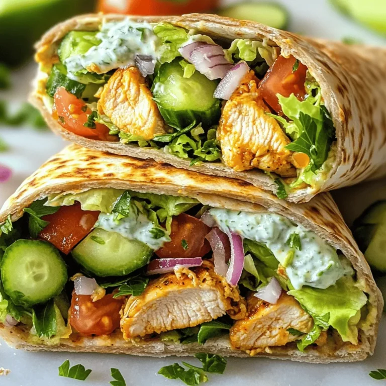 - 2 large chicken breasts, sliced into strips - 4 whole wheat pita bread - 1 cup tzatziki sauce - 1 cup romaine lettuce, shredded - 1 large tomato, diced - 1/2 cucumber, thinly sliced - 1/4 red onion, thinly sliced - 1 tablespoon olive oil - 2 teaspoons garlic powder - 2 teaspoons paprika - 1 teaspoon dried oregano - Salt and pepper to taste - Fresh parsley, chopped When I make chicken gyro wraps, fresh ingredients really shine. I use chicken breasts for their juicy texture. Whole wheat pita bread adds a nice flavor and nutrition. Tzatziki sauce is key; it gives a cool, creamy touch. I love to pile on fresh veggies like romaine lettuce, tomatoes, cucumbers, and red onions. They add crunch and color. For seasoning, I mix olive oil, garlic powder, paprika, oregano, salt, and pepper. This blend makes the chicken pop with flavor. Letting the chicken marinate gives it time to soak up all those great spices. I often add chopped parsley as a garnish. It gives the wrap a fresh look and taste. You can find the full recipe with instructions and tips to make these wraps at home. Marinating the Chicken Strips First, gather your chicken breasts. Slice them into strips. In a bowl, mix olive oil, garlic powder, paprika, oregano, salt, and pepper. Add the chicken strips to the bowl. Toss until each piece is coated. Let the chicken sit for at least 30 minutes. This helps infuse flavor. Cooking the Chicken in the Skillet Heat a skillet over medium-high heat. Place the marinated chicken in the skillet. Cook for 6-8 minutes. Stir occasionally to brown all sides. Make sure the chicken is fully cooked. Remove it from the heat and set it aside. Warming the Pita Bread While the chicken cooks, warm your pita bread. You can use a pan or microwave. Heat for about 10 seconds. This makes the bread soft and easy to fold. Assembling the Ingredients Spread a tablespoon of tzatziki sauce on each pita. Add a layer of shredded romaine lettuce. Next, place the cooked chicken strips on top. Then, add diced tomatoes, sliced cucumbers, and red onion. Rolling the Wraps Fold the sides of the pita in. Roll it from the bottom up. This keeps all the filling inside. Repeat this for all the pitas. Serving Suggestions Slice the wraps in half for easier eating. Sprinkle fresh parsley on top for a nice touch. Enjoy your savory chicken gyro wraps right away! For the full recipe, check out the details above. How to Ensure Chicken is Juicy To keep your chicken juicy, marinate it well. Use olive oil and spices to coat the strips. Let the chicken sit for at least 30 minutes. This helps the flavors soak in. When cooking, don't overcrowd the pan. This allows the chicken to sear properly. Cook over medium-high heat for even browning. Aim for an internal temperature of 165°F for safe eating. Tips for Perfectly Warmed Pita Warming pita is easy. You can use a skillet or microwave. If using a skillet, heat it on medium for about 1 minute. Place the pitas in the pan for 10 seconds on each side. If using a microwave, warm them for just 10 seconds. Warm pita makes it easier to roll your wraps. How to Avoid Ingredient Spillover To avoid spillover, layer your ingredients wisely. Start with the tzatziki sauce. Spread it evenly on the pita. Next, add romaine lettuce as a base. This helps hold everything in place. Keep your meat and veggies closer to the center. This way, the wrap will close better. Ideas for Layering Ingredients Think about textures when layering. Start with crunchy lettuce, then add chicken. Next, pile on the tomatoes and cucumbers. Finish with red onion for a bit of bite. This mix gives each bite a great flavor and texture. You can also add fresh parsley for color. Garnishing for a Beautiful Look Garnishing makes your wraps pop. Use fresh parsley to sprinkle on top. You can also add a slice of lemon on the side. This adds color and freshness. If you want, drizzle some extra tzatziki around the plate. Serving on a Plate vs. to Go When serving at home, use a nice plate. This makes the meal feel special. If you are packing for lunch or a picnic, wrap them in parchment paper. This keeps them fresh and easy to hold. Either way, make sure to slice them in half for easy eating. {{image_2}} You can easily switch the chicken for other proteins. Lamb and beef are great options. If you prefer a plant-based choice, try tofu. These swaps can change the flavor and texture. Instead of whole wheat pita, you can use flatbreads or lettuce wraps. This can help if you want to reduce carbs or gluten. You can also use naan for a tasty twist. Tzatziki sauce is a classic choice, but you can make your own easily. Mix yogurt, cucumber, garlic, lemon juice, and herbs. You can adjust the herbs to fit your taste. For a spicy kick, add some hot sauce or diced jalapeños. This enhances the flavor and gives a nice heat. For gluten-free options, use corn tortillas or lettuce wraps instead of pita. This keeps the wraps tasty while being safe for gluten-free diets. If you want a low-carb version, skip the pita. Instead, fill the wrap with extra veggies and protein. This gives you a filling meal without the carbs. For the full recipe, check out the Mediterranean Chicken Gyro Wraps section above. Enjoy creating your own delicious variations! To keep your chicken gyro wraps fresh, wrap them tightly in plastic wrap or foil. This prevents air from getting in. You can also use airtight containers. Store them in the fridge for up to three days. If you want to keep them longer, freezing is a great option. Choose containers that seal well. Glass containers work well and do not stain. Plastic containers are lighter and can be great too. Ensure they are food-safe and BPA-free. To reheat chicken gyro wraps, use a microwave or oven. In the microwave, place the wrap on a plate. Heat for 30 seconds to one minute. For the oven, preheat to 350°F, wrap in foil, and heat for about 10 minutes. To keep the pita bread from getting soggy, do not add sauce until ready to eat. If you have leftover tzatziki, store it separately. This way, the pita stays fresh and tasty. Yes, you can freeze chicken gyro wraps! Wrap each one tightly in plastic wrap. Then, place them in a freezer bag. They can last for up to three months in the freezer. To thaw chicken gyro wraps, move them to the fridge overnight. You can also defrost them in the microwave. Use the defrost setting for best results. Reheat as mentioned before when ready to eat. For the full recipe, check out the Mediterranean Chicken Gyro Wraps section! To make great tzatziki sauce, you need fresh ingredients. Use Greek yogurt for a thick base. Grate one cucumber, squeeze out the excess water, and mix it in. Add minced garlic, fresh dill, lemon juice, and a pinch of salt. This mix is cool and creamy. It pairs well with chicken gyro wraps. Yes, you can prep chicken gyro wraps ahead of time. Marinate the chicken and store it in the fridge for up to 24 hours. You can also chop veggies and make tzatziki sauce on the same day. Just warm the pita and cook the chicken when you are ready to eat. To find the best chicken gyro wraps, check local reviews online. Look for places that specialize in Mediterranean food. Don't forget to ask friends for their favorite spots. Food blogs or apps can also help you find new places to try. To make chicken gyro wraps healthier, use whole wheat pita bread. Load up on fresh veggies like lettuce, tomatoes, and cucumbers. You can also use grilled chicken instead of fried. Swap out tzatziki for a yogurt-based sauce with less fat. Many herbs and spices go well with chicken gyro wraps. Use garlic powder, paprika, and dried oregano for flavor. Fresh herbs like parsley or dill add a nice touch. Experiment with cumin or coriander for a unique taste. These will enhance your wraps nicely. In this post, we covered how to create tasty chicken gyro wraps. You learned about essential ingredients, such as chicken breasts and whole wheat pita. The guide included steps for marinating chicken and assembling your wraps. We also shared tips for cooking, assembly, and variations to suit different tastes. Embrace your creativity with these wraps and make them your own. Enjoy these tasty meals that bring flavor to your table.