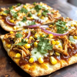 - 2 large flatbreads (store-bought or homemade) - 1 cup cooked chicken, shredded - 1 cup BBQ sauce (choose your favorite) - 1 cup shredded mozzarella cheese - 1/2 cup red onion, thinly sliced - 1/2 cup corn kernels (fresh or canned) - 1/4 cup fresh cilantro, chopped (for garnish) - 1 teaspoon olive oil - Salt and pepper to taste When making BBQ chicken flatbread pizza, you want the best flavors. Start with flatbreads. You can use store-bought or make your own. I love homemade because it adds a nice touch. Next, use cooked chicken. Shredded chicken works well here. You can use leftover chicken or rotisserie chicken. It saves time and adds great flavor. BBQ sauce is key. Choose your favorite type, and it will shine through. Sweet, tangy, or spicy—pick what you like best. Mozzarella cheese is classic for pizza. It melts well and gives that gooey texture. Red onion adds a nice crunch and flavor. Slice it thinly for the best bite. Corn brings sweetness and color. You can use fresh corn or canned. Both taste great! For garnish, use fresh cilantro. It adds a bright note to the dish. Don’t forget olive oil, salt, and pepper. These simple seasonings enhance all the flavors. - Alternatives to flatbreads: You can use pita bread or naan as a base. - Options for BBQ sauce: Try a spicy sauce or a mustard-based BBQ sauce for a twist. - Cheese variations: Use cheddar, gouda, or a dairy-free cheese for different flavors. Feel free to mix and match these ingredients. Use what you have at home. Make this pizza your own! For the full recipe, check the details above. - Preheat the oven. Set your oven to 425°F (220°C) so it’s ready. - Prepare your ingredients. Gather everything you need for easy cooking. - Mixing chicken and BBQ sauce. In a bowl, combine shredded chicken with BBQ sauce. Make sure the chicken is well-coated. - Assembling the flatbreads. Brush flatbreads with olive oil. Add a pinch of salt and pepper. Spread the BBQ chicken mix on top, leaving space at the edges. - Baking and achieving the perfect melt. Place flatbreads on a baking sheet lined with parchment paper. Sprinkle mozzarella cheese over the chicken. Add red onion and corn. Bake for 10-12 minutes until golden and bubbly. - How to slice and serve. Let the flatbreads cool for a minute before slicing. This makes it easy to serve. - Pairing ideas with sides or drinks. Serve with a fresh salad or your favorite drink. Enjoy the flavors! To make the best BBQ chicken flatbread pizza, focus on two main things: the crust and the toppings. Achieving a crispy crust: - Preheat your oven to 425°F (220°C) for the best results. - Use a lightly oiled baking sheet or a hot pizza stone. - Bake until the edges are golden brown and the cheese bubbles. Balancing flavors with toppings: - Use a mix of sweet and savory. BBQ sauce adds sweetness, while red onion adds a nice bite. - Don’t skimp on cheese! It binds all flavors together and helps with texture. When cooking your pizza, the method matters. Using a pizza stone vs. a baking sheet: - A pizza stone traps heat, giving you a crispier bottom. - A baking sheet is easier to use and still yields great results. Recommended oven settings: - Always set your oven to bake, not broil. This ensures even cooking. - Keep an eye on the pizza as it cooks to avoid burning. Even the best chefs make mistakes. Here are a few to watch out for. Overloading toppings: - Too many toppings can make the pizza soggy. Stick to a few key ingredients. - Aim for balance; too much of one flavor can overwhelm the dish. Cooking time variations: - Every oven is different. Start checking your pizza at 10 minutes. - Adjust cooking time based on your oven’s performance and the thickness of the flatbread. {{image_2}} You can switch chicken for beef or turkey. Shredded beef works well with BBQ sauce. If you want a vegetarian option, try using grilled mushrooms or jackfruit. Both can soak up the BBQ flavor nicely. You can also experiment with different BBQ sauces. A smoky sauce gives depth, while a sweet sauce adds a nice contrast. Feel free to add more veggies! Bell peppers, spinach, or jalapeños can enhance flavor. Fresh herbs like basil or parsley also add a bright taste. For a spicy kick, sprinkle crushed red pepper flakes on top. This will give your flatbread a fun twist. If you need gluten-free options, look for gluten-free flatbreads at the store. Cauliflower crusts are also a good choice for low-carb diets. Want to make your own? Check out the homemade flatbread recipe in the Full Recipe section. Making your flatbread allows you to control the ingredients and flavors. To store leftover BBQ chicken flatbread pizza, let it cool first. Place the slices in an airtight container. You can also wrap them tightly in plastic wrap. This keeps the pizza fresh and prevents it from drying out. For best results, use glass or BPA-free plastic containers. They seal well and help maintain flavor. You can freeze both cooked and uncooked flatbreads. If freezing cooked flatbreads, let them cool completely. Wrap each slice in foil or plastic wrap. Place the wrapped slices in a freezer bag. For uncooked flatbreads, assemble as usual but do not bake. Freeze them on a baking sheet, then transfer to a bag. This way, they won’t stick together. When you're ready to eat, reheat from frozen. For cooked flatbreads, bake in the oven at 375°F (190°C) for 15-20 minutes. For uncooked flatbreads, bake at 425°F (220°C) for about 10-12 minutes. Check for that golden-brown crust and melted cheese. Stored pizza lasts about 3-4 days in the fridge. If frozen, it can last up to three months. Always label your containers with the date. Signs of spoilage include an off smell, mold, or a change in color. If you notice these signs, it’s best to throw it away. Enjoy your BBQ chicken flatbread pizza while it's fresh! BBQ chicken flatbread pizza is a fun twist on classic pizza. It uses flatbreads as the base instead of traditional dough. The toppings include tender chicken, tangy BBQ sauce, and gooey cheese. This dish has gained popularity for its ease and taste. It's great for quick meals or parties. You can make it in just 20 minutes! Yes, you can prep this pizza ahead of time. Here are some tips for meal prepping: - Cook the chicken: Shred and mix it with BBQ sauce. Store it in the fridge for up to 3 days. - Prep the toppings: Slice onions, corn, and cilantro. Keep them in airtight containers. - Assemble before cooking: You can put everything on the flatbread and cover it. Just bake it when you're ready to eat. You can find BBQ chicken flatbread pizza at many local restaurants and pizza shops. Popular chains often have it on their menu, too. Look for places that offer gourmet pizzas or flatbreads. Some grocery stores also sell frozen versions, making it easy to enjoy at home. You now have all the details to make a tasty BBQ chicken flatbread pizza. From choosing the right ingredients to preparing and cooking it perfectly, every step counts. Don't forget to customize your pizza to suit your taste. With the right tips, you can avoid common mistakes and enjoy a fun meal. Whether you share it with friends or save leftovers, this dish is sure to please. Dive in and enjoy your delicious homemade pizza!
