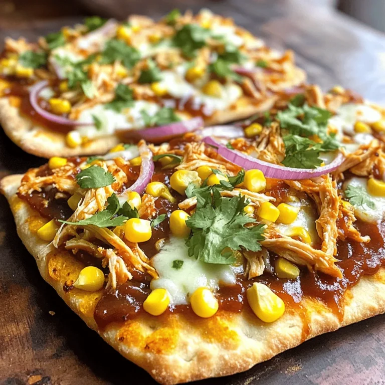 - 2 large flatbreads (store-bought or homemade) - 1 cup cooked chicken, shredded - 1 cup BBQ sauce (choose your favorite) - 1 cup shredded mozzarella cheese - 1/2 cup red onion, thinly sliced - 1/2 cup corn kernels (fresh or canned) - 1/4 cup fresh cilantro, chopped (for garnish) - 1 teaspoon olive oil - Salt and pepper to taste When making BBQ chicken flatbread pizza, you want the best flavors. Start with flatbreads. You can use store-bought or make your own. I love homemade because it adds a nice touch. Next, use cooked chicken. Shredded chicken works well here. You can use leftover chicken or rotisserie chicken. It saves time and adds great flavor. BBQ sauce is key. Choose your favorite type, and it will shine through. Sweet, tangy, or spicy—pick what you like best. Mozzarella cheese is classic for pizza. It melts well and gives that gooey texture. Red onion adds a nice crunch and flavor. Slice it thinly for the best bite. Corn brings sweetness and color. You can use fresh corn or canned. Both taste great! For garnish, use fresh cilantro. It adds a bright note to the dish. Don’t forget olive oil, salt, and pepper. These simple seasonings enhance all the flavors. - Alternatives to flatbreads: You can use pita bread or naan as a base. - Options for BBQ sauce: Try a spicy sauce or a mustard-based BBQ sauce for a twist. - Cheese variations: Use cheddar, gouda, or a dairy-free cheese for different flavors. Feel free to mix and match these ingredients. Use what you have at home. Make this pizza your own! For the full recipe, check the details above. - Preheat the oven. Set your oven to 425°F (220°C) so it’s ready. - Prepare your ingredients. Gather everything you need for easy cooking. - Mixing chicken and BBQ sauce. In a bowl, combine shredded chicken with BBQ sauce. Make sure the chicken is well-coated. - Assembling the flatbreads. Brush flatbreads with olive oil. Add a pinch of salt and pepper. Spread the BBQ chicken mix on top, leaving space at the edges. - Baking and achieving the perfect melt. Place flatbreads on a baking sheet lined with parchment paper. Sprinkle mozzarella cheese over the chicken. Add red onion and corn. Bake for 10-12 minutes until golden and bubbly. - How to slice and serve. Let the flatbreads cool for a minute before slicing. This makes it easy to serve. - Pairing ideas with sides or drinks. Serve with a fresh salad or your favorite drink. Enjoy the flavors! To make the best BBQ chicken flatbread pizza, focus on two main things: the crust and the toppings. Achieving a crispy crust: - Preheat your oven to 425°F (220°C) for the best results. - Use a lightly oiled baking sheet or a hot pizza stone. - Bake until the edges are golden brown and the cheese bubbles. Balancing flavors with toppings: - Use a mix of sweet and savory. BBQ sauce adds sweetness, while red onion adds a nice bite. - Don’t skimp on cheese! It binds all flavors together and helps with texture. When cooking your pizza, the method matters. Using a pizza stone vs. a baking sheet: - A pizza stone traps heat, giving you a crispier bottom. - A baking sheet is easier to use and still yields great results. Recommended oven settings: - Always set your oven to bake, not broil. This ensures even cooking. - Keep an eye on the pizza as it cooks to avoid burning. Even the best chefs make mistakes. Here are a few to watch out for. Overloading toppings: - Too many toppings can make the pizza soggy. Stick to a few key ingredients. - Aim for balance; too much of one flavor can overwhelm the dish. Cooking time variations: - Every oven is different. Start checking your pizza at 10 minutes. - Adjust cooking time based on your oven’s performance and the thickness of the flatbread. {{image_2}} You can switch chicken for beef or turkey. Shredded beef works well with BBQ sauce. If you want a vegetarian option, try using grilled mushrooms or jackfruit. Both can soak up the BBQ flavor nicely. You can also experiment with different BBQ sauces. A smoky sauce gives depth, while a sweet sauce adds a nice contrast. Feel free to add more veggies! Bell peppers, spinach, or jalapeños can enhance flavor. Fresh herbs like basil or parsley also add a bright taste. For a spicy kick, sprinkle crushed red pepper flakes on top. This will give your flatbread a fun twist. If you need gluten-free options, look for gluten-free flatbreads at the store. Cauliflower crusts are also a good choice for low-carb diets. Want to make your own? Check out the homemade flatbread recipe in the Full Recipe section. Making your flatbread allows you to control the ingredients and flavors. To store leftover BBQ chicken flatbread pizza, let it cool first. Place the slices in an airtight container. You can also wrap them tightly in plastic wrap. This keeps the pizza fresh and prevents it from drying out. For best results, use glass or BPA-free plastic containers. They seal well and help maintain flavor. You can freeze both cooked and uncooked flatbreads. If freezing cooked flatbreads, let them cool completely. Wrap each slice in foil or plastic wrap. Place the wrapped slices in a freezer bag. For uncooked flatbreads, assemble as usual but do not bake. Freeze them on a baking sheet, then transfer to a bag. This way, they won’t stick together. When you're ready to eat, reheat from frozen. For cooked flatbreads, bake in the oven at 375°F (190°C) for 15-20 minutes. For uncooked flatbreads, bake at 425°F (220°C) for about 10-12 minutes. Check for that golden-brown crust and melted cheese. Stored pizza lasts about 3-4 days in the fridge. If frozen, it can last up to three months. Always label your containers with the date. Signs of spoilage include an off smell, mold, or a change in color. If you notice these signs, it’s best to throw it away. Enjoy your BBQ chicken flatbread pizza while it's fresh! BBQ chicken flatbread pizza is a fun twist on classic pizza. It uses flatbreads as the base instead of traditional dough. The toppings include tender chicken, tangy BBQ sauce, and gooey cheese. This dish has gained popularity for its ease and taste. It's great for quick meals or parties. You can make it in just 20 minutes! Yes, you can prep this pizza ahead of time. Here are some tips for meal prepping: - Cook the chicken: Shred and mix it with BBQ sauce. Store it in the fridge for up to 3 days. - Prep the toppings: Slice onions, corn, and cilantro. Keep them in airtight containers. - Assemble before cooking: You can put everything on the flatbread and cover it. Just bake it when you're ready to eat. You can find BBQ chicken flatbread pizza at many local restaurants and pizza shops. Popular chains often have it on their menu, too. Look for places that offer gourmet pizzas or flatbreads. Some grocery stores also sell frozen versions, making it easy to enjoy at home. You now have all the details to make a tasty BBQ chicken flatbread pizza. From choosing the right ingredients to preparing and cooking it perfectly, every step counts. Don't forget to customize your pizza to suit your taste. With the right tips, you can avoid common mistakes and enjoy a fun meal. Whether you share it with friends or save leftovers, this dish is sure to please. Dive in and enjoy your delicious homemade pizza!