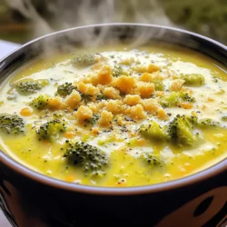 To make a creamy broccoli cheddar soup, gather these key ingredients: - 1 tablespoon olive oil - 1 medium onion, finely chopped - 2 cloves garlic, minced - 4 cups fresh broccoli florets - 2 medium carrots, diced - 4 cups vegetable broth - 1 cup heavy cream (or coconut cream for a lighter version) - 2 cups sharp cheddar cheese, shredded - 1 teaspoon Dijon mustard - Salt and pepper to taste - Optional: Croutons for garnish Choosing fresh ingredients makes a big difference in taste. Look for bright green broccoli with firm florets. The carrots should feel crisp and snap easily. For the best flavor, use sharp cheddar cheese. It adds depth and richness to the soup. Fresh garlic and onions will provide a strong base flavor that enhances the whole dish. You can adapt this recipe to fit your needs. If you want to make it lighter, use coconut cream instead of heavy cream. You can also swap vegetable broth for chicken broth for a heartier flavor. If you're short on time, frozen broccoli works well too. Just add it directly to the pot and adjust cooking time slightly. For a vegan option, use plant-based cheese and cream. Start by gathering your ingredients. You need: - 1 tablespoon olive oil - 1 medium onion, finely chopped - 2 cloves garlic, minced - 4 cups fresh broccoli florets - 2 medium carrots, diced - 4 cups vegetable broth - 1 cup heavy cream (or coconut cream for a lighter version) - 2 cups sharp cheddar cheese, shredded - 1 teaspoon Dijon mustard - Salt and pepper to taste - Optional: Croutons for garnish Next, chop the onion and mince the garlic. This helps build flavor. Dice the carrots into small pieces. You want them to cook evenly with the broccoli. Heat the olive oil in a large pot over medium heat. Add the chopped onion and sauté for 3-4 minutes. Stir until the onion softens and turns translucent. Then, add the minced garlic and cook for one more minute. This step fills the pot with a lovely aroma. Now, add the broccoli florets and diced carrots. Stir them well and sauté for another 3-5 minutes. This step adds depth to the soup's flavor. Pour in the vegetable broth and bring it to a boil. Once boiling, lower the heat and let it simmer for 15-20 minutes. Cook until the vegetables are tender. After cooking, it’s time to blend. Use an immersion blender to puree the mixture until smooth. If you don’t have one, transfer it to a blender in batches. Be careful with hot soup! Return the blended soup to the pot over low heat. Next, stir in the heavy cream and Dijon mustard, mixing well. Gradually add in the shredded cheddar cheese. Stir until it melts and the soup becomes creamy. Season with salt and pepper to taste. For smooth soup, an immersion blender works best. It keeps the soup hot while blending. If you use a regular blender, let the soup cool slightly. This prevents hot splashes that can burn you. If you want a thicker soup, blend longer. For a thinner texture, add more broth. Adjust the seasoning last to ensure the best flavor. Enjoy your creamy broccoli cheddar soup hot, and feel free to garnish with croutons if you like! You can find the Full Recipe for more details on this delightful dish. To make your creamy broccoli cheddar soup pop, use fresh ingredients. Fresh broccoli gives a bright taste. A splash of lemon juice can lift the flavors too. Adding herbs like thyme or parsley also works well. You can even toss in a dash of hot sauce for a fun twist. This little kick can surprise your taste buds. If you want a thicker soup, there are easy tricks. First, blend more of the broccoli and carrots until smooth. This adds body without extra flour or cream. You can also mix in a bit of cornstarch. Just mix it with cold water first, then stir it into the soup. Let it simmer for a few minutes to thicken. Serving your soup can be fun! You can add croutons for a nice crunch. A sprinkle of extra cheese on top makes it look great. Try pairing it with warm bread or a simple salad. This soup also works well in a bread bowl, making it a meal on its own. For a complete experience, check out the Full Recipe for more ideas. {{image_2}} You can boost the flavor of your creamy broccoli cheddar soup by adding proteins. Cooked chicken adds heartiness. Simply shred or chop it into bite-sized pieces before stirring it in. For a smoky twist, add crispy bacon bits. The crunch and saltiness of bacon make the soup more enjoyable. You can also use diced ham for a different taste. To make this soup vegan and dairy-free, swap the heavy cream for coconut cream. It adds a nice creaminess and a hint of sweetness. Use nutritional yeast instead of cheese. It offers a cheesy flavor without dairy. For the broth, stick with vegetable broth to keep it plant-based. You can also add beans for extra protein and texture. If you enjoy a little kick, adding heat is simple. You can mix in red pepper flakes or a dash of hot sauce. Both options will enhance the soup's flavor without overpowering it. For a more complex spice, try adding a pinch of cayenne pepper. Adjust the amount based on your heat preference. Enjoy the warmth that spices bring to your creamy broccoli cheddar soup. You can find the full recipe [here](#). To store your creamy broccoli cheddar soup, first let it cool completely. This helps avoid condensation in the container. Use an airtight container to keep the soup fresh. It will last in the fridge for about three to four days. When you want to eat it, just take it out and check for any signs of spoilage. If it smells fine, you are good to go. If you want to save some for later, freezing is a great option. Pour the cooled soup into freezer-safe bags or containers. Leave some space at the top, as soup expands when frozen. Make sure to label the containers with the date. You can freeze it for up to three months. When ready to eat, just thaw it overnight in the fridge or use the microwave. To reheat, you can use a pot on the stove or a microwave. If using the stove, warm it on low heat and stir often. This helps it heat evenly. For the microwave, heat in short bursts, stirring in between. If the soup is too thick after freezing, add a splash of broth or water to get the right creaminess. Enjoy your soup just as you made it! For the full recipe, check the earlier section. Yes, you can use frozen broccoli. It makes cooking easier and saves time. Frozen broccoli is often picked at its peak. This helps keep its flavor and nutrients. Just add it to the pot with the other veggies. You may need to cook it a few more minutes to ensure it's tender. To make the soup healthier, consider these tips: - Use low-fat cream instead of heavy cream. - Add more veggies like spinach or kale for extra nutrients. - Use whole grain bread for croutons. - Cut back on cheese or use a reduced-fat cheese option. These changes keep the taste but lower the calories. Creamy broccoli cheddar soup pairs well with many sides. Here are some ideas: - A fresh green salad adds crunch and color. - A slice of crusty bread is perfect for dipping. - Grilled cheese sandwiches make a classic combo. - For a heartier meal, try serving it with a side of quiche. For the full recipe, check out the Broccoli Cheddar Bliss Soup section. Enjoy experimenting with what you like best! This post covered the key steps to make creamy broccoli cheddar soup. We explored the right ingredients, cooking tips, and ways to enhance flavor. You can make it your own by adding proteins or adjusting for dietary needs. Store leftovers in your fridge or freezer for future meals. With these simple steps and tips, you can create a delicious soup that warms your soul. Enjoy your cooking journey and savor each bowl!